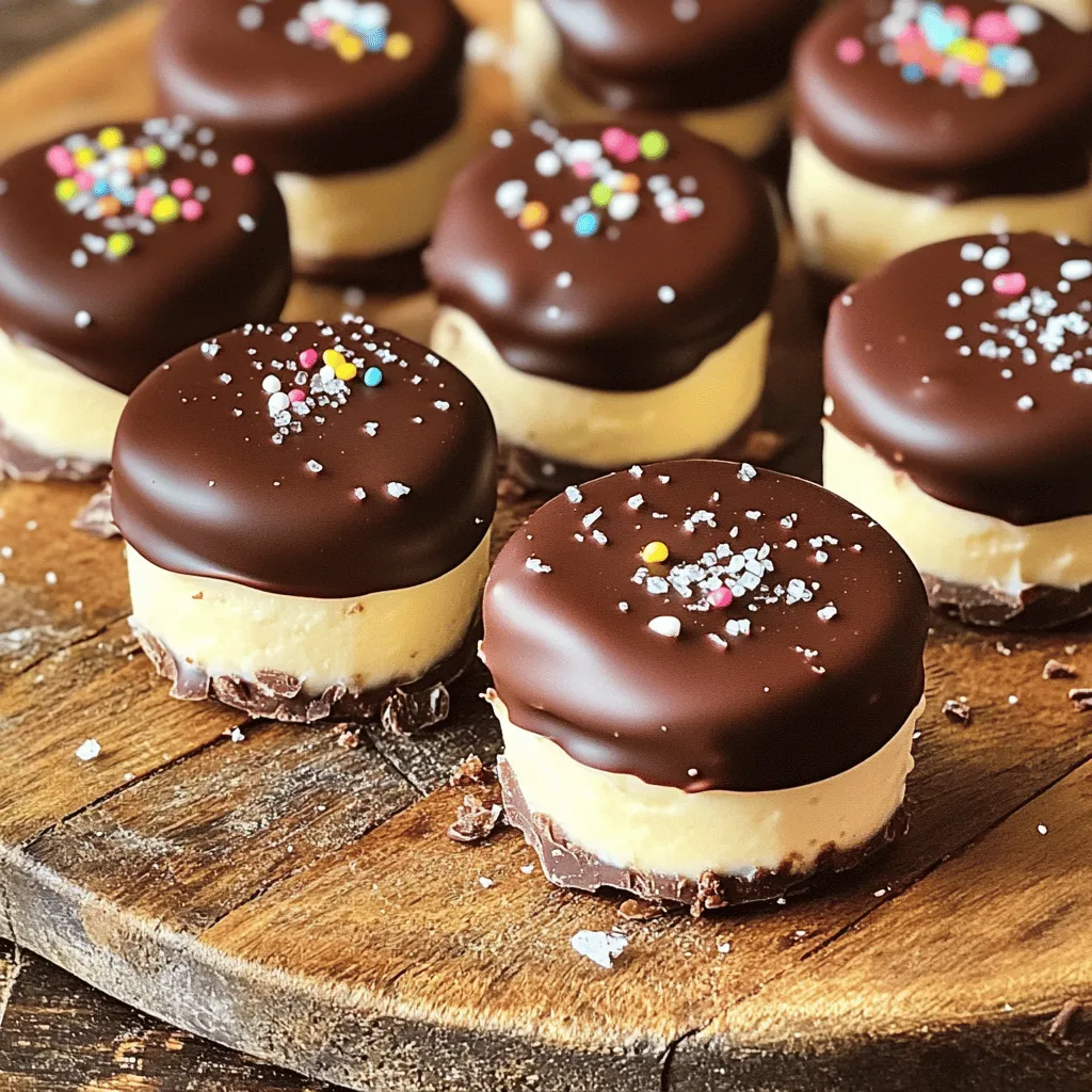 When making chocolate dipped cheesecake bites, you need simple and fresh ingredients. Here’s what you’ll need: - 8 oz cream cheese, softened to room temperature - ½ cup powdered sugar - 1 teaspoon pure vanilla extract - 1 cup graham cracker crumbs - 1 cup semi-sweet chocolate chips - 2 tablespoons coconut oil (or vegetable oil) - Sea salt (for garnish) - Optional toppings: colorful sprinkles or crushed nuts These ingredients blend together to make a rich and creamy filling. The cream cheese gives the bites their smooth texture. The powdered sugar adds sweetness, while the vanilla extract brings a lovely flavor. Graham cracker crumbs create that perfect cheesecake crust. When it comes to the chocolate coating, semi-sweet chocolate chips melt down beautifully. You can add coconut oil or vegetable oil to help the chocolate flow smoothly. The sea salt adds a nice contrast to the sweetness, and optional toppings let you get creative! You can find the full recipe to guide you through the steps of making these delightful bites. Enjoy cooking! 1. Mixing the cream cheese mixture Start with a large bowl. Add 8 oz of softened cream cheese, ½ cup of powdered sugar, and 1 teaspoon of pure vanilla extract. Beat these together with an electric mixer on medium speed. Mix until smooth. Look for no lumps in the mixture. 2. Folding in graham cracker crumbs Next, take 1 cup of graham cracker crumbs. Gradually fold these into the cream cheese mixture. Use a spatula or wooden spoon. Mix until it becomes thick enough to hold its shape. 3. Portioning the cheesecake bites Now, use a small cookie scoop or your hands. Portion the mixture into bite-sized balls. Each should be about 1 inch in diameter. Place them on a baking sheet lined with parchment paper. This will help them not to stick. 1. Freezing the cheesecake bites Once shaped, place the baking sheet in the freezer. Chill the bites for about 30 minutes. They should feel firm to the touch when ready. 2. Melting the chocolate coating While the bites freeze, prepare the chocolate. In a microwave-safe bowl, add 1 cup of semi-sweet chocolate chips and 2 tablespoons of coconut oil. Microwave in 30-second intervals, stirring after each. Stop when the chocolate is smooth. 1. Dipping the bites into chocolate After freezing, take the cheesecake bites out. Use a fork to dip each one into the melted chocolate. Make sure it is fully coated. Let any excess chocolate drip off before placing it back on the baking sheet. 2. Garnishing options While the chocolate is still wet, add a sprinkle of sea salt. You can also use colorful sprinkles or crushed nuts for fun toppings. 3. Setting the chocolate coating Once all bites are coated, return them to the fridge. Chill for another 20-30 minutes. This will let the chocolate set and harden. Enjoy your chocolate-dipped cheesecake bites chilled. They are a simple delight! For the full recipe, check the main section. To get the right texture for your chocolate dipped cheesecake bites, focus on the cream cheese. Make sure it is very soft before mixing. Cream cheese that’s too cold will not blend well. This can lead to lumps in your mixture. Mix the cream cheese, sugar, and vanilla until smooth. Then, fold in the graham cracker crumbs gently. This keeps the mixture light and fluffy. Avoid overmixing; it can make the bites dense. Common mistakes include not chilling the bites long enough. If they are too soft, they will not hold their shape when dipped in chocolate. Always freeze them for at least 30 minutes. Another mistake is not using enough chocolate. Make sure to completely coat each bite. This gives a nice crunch and adds flavor. For the best presentation, arrange the bites on a colorful platter. You can sprinkle some extra toppings, like sprinkles or nuts, on top for a fun look. If you want to impress guests, dust some cocoa powder around the bites. This adds a nice touch. Pair these bites with drinks that balance their sweetness. Coffee or a rich hot chocolate works well. For something refreshing, try serving with milk or a fruity drink. Consider offering dips, too. A warm chocolate sauce or even a fruit sauce can add a new flavor. These extra touches will make your dessert even more delightful. For more ideas, check out the Full Recipe. {{image_4}} You can change up the flavors in your chocolate dipped cheesecake bites. Use dark, milk, or white chocolate for different tastes. Each type gives a unique flavor twist. Dark chocolate offers a rich, bold taste. Milk chocolate makes them sweet and creamy. White chocolate adds a smooth, sweet touch. You can also mix in fun flavors. Try adding a drop of mint extract for a refreshing kick. Almond extract gives a nutty taste that pairs well with chocolate. You can even add a swirl of fruit puree to the cheesecake mix. Raspberry or strawberry puree adds a fruity twist and looks beautiful. Want a lighter treat? You can make these bites healthier with simple swaps. Use Greek yogurt instead of cream cheese. This switch cuts calories and adds protein. The bites will still taste great but feel a bit lighter. Consider using sugar alternatives like stevia or monk fruit sweetener. These options keep the sweetness but reduce sugar. You can enjoy your treats without the extra guilt. Just remember, when you swap ingredients, the texture might change a little. Always taste and adjust as needed. For more tips and the full recipe, check out the complete guide. To keep your chocolate dipped cheesecake bites fresh, store them in an airtight container. Place parchment paper between layers to prevent sticking. This method helps the bites stay soft and tasty. For refrigeration, keep them in the fridge. They can stay fresh for a few days. If you want to keep them longer, freezing is a great option. To freeze cheesecake bites, place them on a baking sheet first. Freeze until firm, then transfer to a container. This way, they won't stick together. When you want to enjoy them, just thaw in the fridge overnight. In the fridge, these bites last about 5 to 7 days. If you freeze them, they can last up to 2 months. Look for signs of spoilage. If you see any mold or off smells, it's time to toss them. The taste should always be sweet and creamy. If they taste different, don’t eat them. Enjoy your treats while they are fresh! Can I use low-fat cream cheese? Yes, you can use low-fat cream cheese. It will work fine in this recipe. The texture may be slightly different, but the taste will be good. Just make sure it is softened. That makes mixing easier and helps blend everything well. How do I make these bites without coconut oil? If you don’t want to use coconut oil, you can swap it for vegetable oil. It gives a nice shine and helps the chocolate melt smoothly. You can also use a small amount of butter. Melt it the same way, and it will work nicely for coating. Can I make the cheesecake bites ahead of time? Yes, you can make these cheesecake bites in advance. They store well in the fridge for up to a week. Just keep them in an airtight container to keep them fresh. You can also freeze them for about a month. What’s the best way to transport them? To transport your cheesecake bites, use a sturdy container. A plastic or glass container works great. Layer them with parchment paper between each bite. This keeps them from sticking together and helps them stay pretty! This blog post covered how to make delicious cheesecake bites. We discussed key ingredients, like cream cheese and chocolate. I shared step-by-step instructions, tips for perfect texture, and serving ideas. You can even try new flavors or healthier options. These cheesecake bites are fun and easy. They please everyone and fit any occasion. Enjoy making them, and don’t hesitate to get creative!