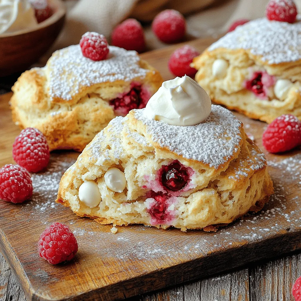 - 2 cups all-purpose flour - 1/4 cup granulated sugar - 1 tablespoon baking powder - 1/2 teaspoon fine sea salt - 6 tablespoons cold unsalted butter, cut into small cubes - 1/2 cup white chocolate chips - 1 cup fresh raspberries - 3/4 cup heavy cream - 1 teaspoon pure vanilla extract - 1 egg (for egg wash) The ingredients for Raspberry White Chocolate Scones are simple and fresh. Each one plays a key role. - All-purpose flour gives the scones their structure and base. It is essential for a good texture. - Granulated sugar adds sweetness and helps with browning. - Baking powder makes the scones rise, creating a fluffy inside. - Fine sea salt enhances the flavors of the other ingredients. - Cold unsalted butter creates a tender crumb and adds richness. - White chocolate chips bring sweetness and creamy flavor. - Fresh raspberries add tartness and juicy pops. - Heavy cream binds the dough and keeps it moist. - Pure vanilla extract adds a warm, aromatic taste. - Egg wash gives the scones a beautiful golden finish. - Prep Time: 15 minutes - Total Time: 30 minutes - Servings: 8 scones This quick prep time makes this recipe perfect for breakfast or snacks. You can whip these up in no time. The total time from start to finish is just 30 minutes, making it easy to enjoy fresh scones. You will love how simple these are to make. For the full recipe, check out the step-by-step instructions. - Preheat the oven to 400°F (200°C). - Line a baking sheet with parchment paper. - Sift together flour, sugar, baking powder, and sea salt in a large bowl. - Add the cold, cubed butter. Use your fingertips to rub the butter into the flour. Aim for a crumb-like texture, like coarse sand. - Gently fold in white chocolate chips and fresh raspberries with a spatula. Be careful to keep the raspberries whole. - In a small bowl, whisk together the heavy cream and vanilla extract until mixed well. - Gradually pour this liquid mixture into the dry ingredients. Gently mix until the dough comes together. Do not overwork the dough; this keeps the scones tender. - Lightly flour a clean surface. Turn the dough onto it and shape it into a circle about 1 inch thick. - Use a sharp knife to cut the circle into 8 wedges. - Arrange the scone wedges on the prepared baking sheet, leaving space between them. - Brush the tops with the beaten egg to give a shiny finish. - Bake for 18-20 minutes, or until they turn golden brown. Enjoy the heavenly scent while they bake! - Check for doneness by looking for a golden brown color. This means they are ready. - Don’t overmix the dough to keep scones tender. Mix just until combined. - Lightly dust with powdered sugar before serving. This adds a sweet touch. - Serve warm for the best texture. Freshly baked scones taste amazing. - Recommended pairings include clotted cream or vanilla yogurt. Both enhance the flavor. - Add extra raspberries for garnish. They make the dish pop with color. For the full recipe, check out the detailed instructions. Enjoy baking! {{image_4}} You can change the flavor of your scones easily. Try using different berries. Blueberries or strawberries work great. They add a fresh taste and color. You can also swap in dark chocolate chips. They give a rich flavor that balances the sweetness. Want to make your scones gluten-free? Use a gluten-free flour blend. This keeps the texture light and fluffy. If you need a dairy-free option, try coconut cream. You can also use dairy-free butter. This way, everyone can enjoy these tasty scones. For the [Full Recipe], you can find all the details needed to create these delightful treats! After baking, let your Raspberry White Chocolate Scones cool completely. This step is key. Cooling helps the scones set properly. It also keeps them from getting soggy when stored. Store your scones in an airtight container at room temperature. This keeps them fresh for up to two days. For a longer shelf life, refrigerate them. They last up to 5 days in the fridge. Just make sure they are in a sealed container to avoid drying out. When you're ready to enjoy them again, reheat your scones in the oven. Set it to low heat and warm them for a few minutes. This brings back their fresh-baked taste and texture. Enjoy your delightful scones as if they just came out of the oven! For the full recipe, check above. To make your scones fluffy, add a bit more baking powder. Use 1 tablespoon instead of 1 teaspoon. This small change helps create more lift. Also, mix the dough gently. Overmixing can make scones tough. Just combine the ingredients until they come together. Yes, you can freeze the scones! First, let them cool completely. Then, wrap each scone in plastic wrap. Place them in a freezer bag or airtight container. They will stay fresh for up to three months. To reheat, bake them in a preheated oven at 350°F (175°C) for about 10-15 minutes. Enjoy your scones warm for the best taste. You can add toppings like clotted cream or vanilla yogurt. A sprinkle of powdered sugar makes them look fancy. Pair them with fresh raspberries for extra flavor. These simple touches enhance the whole experience! For the complete method, check the Full Recipe. These Raspberry White Chocolate Scones are easy to make and delicious. You learned about the key ingredients, step-by-step instructions, and helpful tips. Remember to use cold butter to keep the scones light and fluffy. Explore variations with different fruits or make them dairy-free. Store leftovers properly, and savor them later. Enjoy baking these delightful scones and impress your friends or family with your skills! You will love sharing this treat warm with clotted cream or yogurt. Happy baking!