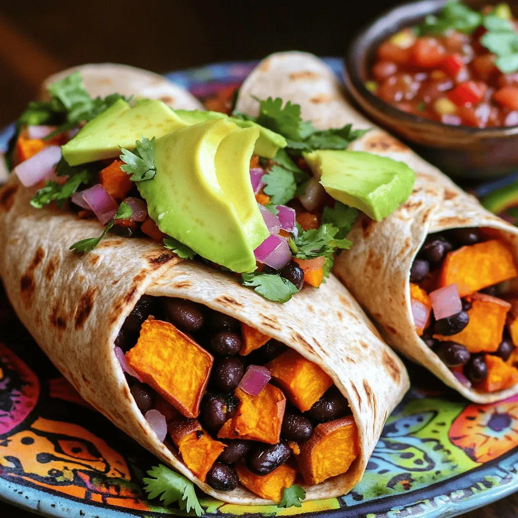 To make vegan sweet potato black bean burritos, gather these fresh and wholesome ingredients: - 2 medium sweet potatoes, peeled and diced into 1-inch cubes - 1 can (15 oz) black beans, thoroughly rinsed and drained - 1 cup cooked quinoa, preferably chilled for better mixing - 1 red bell pepper, diced into small pieces - 1 small red onion, finely chopped - 2 cloves of garlic, minced - 1 teaspoon ground cumin - 1 teaspoon smoked paprika - 1 teaspoon chili powder - Salt and pepper, to taste - 4 large whole wheat tortillas - 1 ripe avocado, sliced into thin wedges - Fresh cilantro leaves, for garnish - Salsa of your choice, for serving These ingredients work together to create a tasty and nutritious meal. Sweet potatoes give a natural sweetness that balances the savory black beans. Quinoa adds a nice texture and boosts protein. The spices enhance the flavors, making every bite delightful. You can find the full recipe at the end of this section. 1. Preheat your oven to 400°F (200°C). 2. On a large baking sheet, add the diced sweet potatoes. 3. Drizzle olive oil over the sweet potatoes. 4. Season with ground cumin, smoked paprika, chili powder, salt, and pepper. 5. Toss to coat the sweet potatoes evenly. 6. Spread them in a single layer for even roasting. 7. Roast for 25-30 minutes until tender and slightly caramelized. 1. In a large skillet, heat a tablespoon of olive oil over medium heat. 2. Add the chopped red onion and red bell pepper. 3. Sauté for 5-7 minutes until they soften and turn translucent. 4. Stir in the minced garlic and cook for an additional minute. 1. In a large mixing bowl, combine the roasted sweet potatoes, sautéed onion, bell pepper, black beans, and cooked quinoa. 2. Stir gently to mix all ingredients well. 3. Taste the filling and add more salt or pepper if needed. 1. Warm the tortillas in a dry skillet for 30 seconds on each side. 2. Place a generous portion of the filling in the center of each tortilla. 3. Top with slices of avocado and a sprinkle of fresh cilantro. 4. Fold the sides of each tortilla over the filling. 5. Roll up from the bottom until fully enclosed. 1. For extra crispness, return the filled burritos to the skillet. 2. Heat for 1-2 minutes on each side until golden brown. 3. Serve your delicious burritos warm with salsa from the Full Recipe. To roast sweet potatoes perfectly, cut them into even 1-inch cubes. This size helps them cook evenly. Toss them with olive oil and spices before roasting. Spread them out on a baking sheet. This allows for even browning. Roast at 400°F for 25-30 minutes. Check for tenderness with a fork and a nice golden edge. When sautéing vegetables, use medium heat. Start with the onion and bell pepper. Cook them for 5-7 minutes until soft. Add garlic last to avoid burning. Garlic cooks quickly and can become bitter if overcooked. For a vibrant look, arrange your burritos on a colorful platter. Place them side by side. This makes them visually appealing. A small bowl of salsa in the center adds charm. Garnish with fresh cilantro for a pop of color. You can also sprinkle some lime zest over the top for added freshness. Pair these burritos with your favorite salsa. A fresh pico de gallo or mango salsa works great. It adds a zesty kick. You can also serve them with avocado slices for creaminess. Consider adding a side of crunchy tortilla chips for texture. For a complete meal, serve with a simple green salad. This adds freshness and balances the flavors. If you want to explore more, check out the Full Recipe for more details on making these delightful burritos! {{image_4}} You can change the beans and grains in this recipe. Try using pinto beans or chickpeas instead of black beans. For grains, brown rice or farro can work well. These swaps may add new textures and flavors. Feel free to mix in different vegetables too. Corn, zucchini, or spinach can enhance the filling. You can even add roasted red peppers for a sweet touch. Each change can make your burrito unique. Adding spices can really boost the flavors. Consider using cayenne pepper for heat or coriander for a fresh note. You can also drizzle some hot sauce for a kick. Herbs can make a big difference too. Fresh cilantro or parsley adds brightness. Basil can give a unique twist, while oregano brings an earthy flavor. Experiment to find your favorite blend. Making burritos ahead saves time during busy days. You can prepare the filling on the weekend and store it in the fridge. This way, you can assemble fresh burritos quickly during the week. Freezing is a great option too. After wrapping, place burritos in an airtight bag. They can last for up to three months in the freezer. When you want one, just heat it straight from the freezer. Enjoy a tasty meal with ease. For the full recipe, check out the instructions above. To keep your burritos fresh, wrap each one in foil or parchment paper. This method keeps them from drying out in the fridge. You can store them in an airtight container for up to four days. If you want to save them longer, freeze the burritos. Make sure to wrap them tightly in plastic wrap first, then place them in a freezer-safe bag. These burritos can last in the freezer for up to three months. When you are ready to eat your burritos, reheat them in the oven or on a skillet. For the oven, preheat it to 350°F (175°C). Place the burritos on a baking sheet and heat for about 20 minutes, or until warm. If you use a skillet, heat it over medium heat. Cook the burrito for about 2-3 minutes on each side. This keeps the texture crispy and delicious. These burritos can last in the fridge for about four days. If frozen, they can stay fresh for three months. Always check for any signs of spoilage before eating. If they smell off or look strange, it’s best to throw them away. Enjoy your meal without any worries! For the full recipe and steps, refer to the Sweet Potato & Black Bean Burritos recipe above. What is the best way to prevent soggy burritos? To avoid soggy burritos, make sure to drain the black beans well. Also, let the sweet potatoes cool slightly before filling. Warming the tortillas helps them hold their shape. Can I make these burritos ahead of time? Yes, you can make these burritos ahead. Just fill and wrap them, then store in the fridge. You can heat them up when you’re ready to eat. Are Vegan Sweet Potato Black Bean Burritos suitable for meal prep? Absolutely! These burritos work great for meal prep. You can make a big batch and freeze them for easy lunches or dinners. How nutritious are these burritos? These burritos are packed with nutrients. Sweet potatoes provide vitamins A and C. Black beans add protein and fiber, making them filling and healthy. What are the health benefits of sweet potatoes and black beans? Sweet potatoes are great for energy and gut health. They contain antioxidants and help with vision. Black beans also improve digestion and help control blood sugar. How many servings does the recipe yield? This recipe yields four hearty servings. Each burrito is filling and perfect for a satisfying meal. Can this recipe be adjusted for larger gatherings? Yes, you can easily scale up the recipe. Just double the ingredients to make eight burritos for a gathering. More burritos mean more smiles! You learned how to make Vegan Sweet Potato Black Bean Burritos. We covered each step, from prepping sweet potatoes to assembling and cooking. Remember to perfect your cooking process for great taste. Don’t forget to garnish for a colorful touch. Meal prep options make this dish easy for busy weeks. With these tips, you can enjoy delicious burritos anytime. Now, get in the kitchen and start cooking! Your next favorite meal awaits.