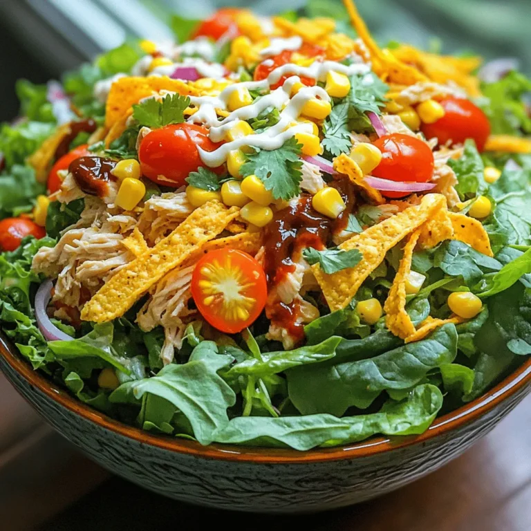 To make BBQ Ranch Chicken Salad, gather these items: - 2 cups cooked chicken, shredded (preferably rotisserie or grilled) - 4 cups mixed greens (a blend of romaine, spinach, and arugula) - 1 cup cherry tomatoes, halved - 1 cup corn kernels (freshly cooked or drained from a can) - 1/2 cup red onion, thinly sliced - 1/2 cup shredded cheddar cheese - 1/4 cup fresh cilantro, chopped - 1/3 cup BBQ sauce (your favorite brand) - 1/3 cup ranch dressing - Salt and pepper to taste - Optional: Tortilla strips for an extra crunch This salad is not just tasty; it’s also good for you. Each serving contains: - Calories: About 400 - Protein: 30 grams - Carbohydrates: 30 grams - Fiber: 4 grams - Fat: 18 grams You get a nice balance of protein and greens. The mix of toppings adds fiber and vitamins too. Choosing fresh ingredients makes a big difference. Here’s what to look for: - Chicken: Buy rotisserie chicken if you want quick prep. For raw, choose organic chicken breasts. - Greens: Look for vibrant colors and crisp leaves. Avoid any that are wilted or brown. - Tomatoes: Pick bright, firm cherry tomatoes. Squeeze them gently; they should feel slightly soft but not mushy. - Corn: If using fresh corn, choose ears that feel heavy and tight. For canned, pick low-sodium options. - Onion: Select small, firm red onions. They should feel heavy for their size. - Cheese and Cilantro: Buy fresh cheese and herbs. They should smell fresh and look bright. Using fresh ingredients ensures your BBQ Ranch Chicken Salad is delicious and healthy! For the full recipe, check out the detailed steps. To start, gather your chicken. If you have rotisserie chicken, shred it using two forks. This makes it easy to get bite-sized pieces. If you prefer raw chicken, grill or bake it until it's fully cooked. Let it cool a bit before shredding. This keeps the chicken juicy and tender. Next, take a large bowl and add the shredded chicken. Pour in your favorite BBQ sauce. Toss the chicken well so that every piece is covered in that tasty sauce. This step adds a smoky flavor that makes the salad special. Set the coated chicken aside. Letting it sit helps the flavors mix. Now it's time to build your salad! Grab a big salad bowl and lay down the mixed greens first. This is the base of your dish. Next, add the halved cherry tomatoes, corn, red onion, and cheddar cheese. These fresh veggies make the salad colorful and crunchy. Gently fold in the BBQ-coated chicken, spreading it evenly throughout the salad. Drizzle the ranch dressing on top, ensuring it covers as much as possible. This adds creaminess that pairs well with the BBQ flavor. Lastly, sprinkle some chopped cilantro on top for a fresh touch. Don’t forget to season your salad with salt and pepper to taste. Mix it all together carefully. Just before serving, add tortilla strips on top for that extra crunch. For a full guide, check out the Full Recipe. Enjoy your delicious BBQ Ranch Chicken Salad! To make your dressing pop, mix ranch with BBQ sauce. This blend adds a smoky twist. Start with a tablespoon of BBQ sauce for a subtle flavor. Taste it, then add more if you want. This combo works great with the chicken and veggies. Serve BBQ Ranch Chicken Salad as a main dish or a side. It’s perfect for lunch or dinner. Pair it with crusty bread or tortilla chips for an extra crunch. You can also add a refreshing drink, like iced tea or lemonade, to balance the flavors. Presentation matters! Use big, colorful bowls for a vibrant look. Layer the salad for a feast for the eyes. Top with extra cilantro and tortilla strips for crunch. For a zesty touch, place a lime wedge on the side. Guests can squeeze it over their salad for a bright burst of flavor. {{image_4}} You can make a tasty vegetarian version of BBQ Ranch Chicken Salad. Instead of chicken, use grilled vegetables. Great choices include zucchini, bell peppers, and eggplant. Grill them until tender and slightly charred. Chop them into bite-sized pieces and mix them with the salad. This adds a smoky flavor and keeps the salad colorful and healthy. For a gluten-free twist, make sure to choose gluten-free BBQ sauce and ranch dressing. Many brands offer these options now. You can also skip the tortilla strips or use gluten-free versions. This way, everyone can enjoy the salad without worrying about gluten. While BBQ and ranch work well together, feel free to experiment with other dressings. Try a honey mustard dressing for sweetness or a vinaigrette for a tangy taste. You can even mix ranch with a bit of hot sauce for some heat! Each dressing will change the flavor profile and keep your salad fresh and exciting. For more details on the full recipe, check out the complete guide. Store any leftover BBQ ranch chicken salad in an airtight container. Keep it in the fridge. It stays fresh for up to three days. If you see any browning or wilting, toss that part out. To keep the salad crisp, store the dressing separately. I do not recommend freezing this salad. The greens and veggies will become mushy when thawed. However, you can freeze the chicken. Shred it, mix with BBQ sauce, and place it in a freezer-safe bag. It can last up to three months. Just thaw it overnight in the fridge when you are ready to use it. If you want to reheat the chicken, use the microwave. Place it in a bowl and cover it with a lid. Heat in short bursts to avoid drying it out. Stir it often to heat evenly. After reheating, mix it back into the salad. Just remember, fresh greens do not need reheating! Enjoy your meal cold for the best taste. Yes, you can make this salad ahead of time. Prepare the salad without dressing. Store the mixed greens and veggies in a bowl. Keep the BBQ chicken and dressing separate. When you are ready to eat, mix it all together. This keeps the greens fresh and crisp. You can add many tasty things to the salad. Here are some ideas: - Avocado slices for creaminess - Black beans for protein and fiber - Bell peppers for extra crunch and color - Cucumber slices for a refreshing bite - Apple slices for a sweet twist - Bacon bits for a smoky flavor Feel free to mix and match! To keep your salad fresh: - Store it in an airtight container. - Keep the dressing separate until serving. - Use fresh greens and veggies. - Don’t add heavy toppings until you serve it. These tips help maintain flavor and texture. For the full recipe, check out the details above. This blog post covered all you need for a BBQ Ranch Chicken Salad. We explored essential ingredients, their nutrition, and tips for freshness. I shared step-by-step instructions for preparation and assembly. We talked about flavor tips, serving ideas, and fun variations. Storage methods and answers to common questions were also included. In preparing this salad, you can mix flavors and add your favorite touches. Enjoy making this dish your own while keeping it fresh and tasty.