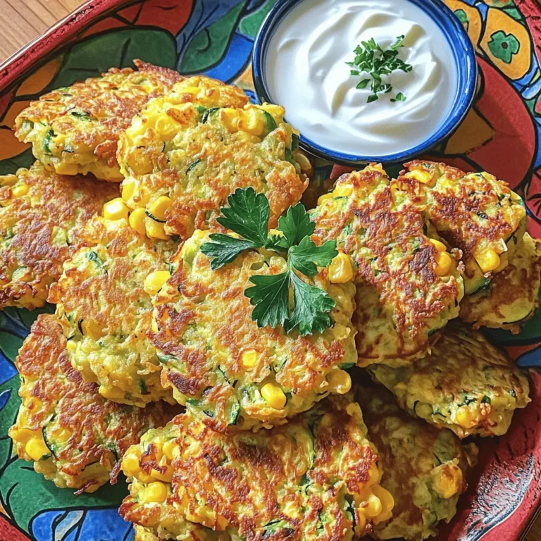 - 2 medium zucchinis, grated - 1 cup corn kernels (fresh or frozen) - 1/2 cup all-purpose flour - 1/2 cup cornmeal - 2 large eggs - 1/4 cup grated Parmesan cheese (optional) - 2 green onions, thinly sliced - 1/2 teaspoon garlic powder - 1/2 teaspoon onion powder - Salt and pepper, to taste - Olive oil, for frying You can use frozen corn as a great substitute for fresh corn. If you want a dairy-free option, try using non-dairy cheese. This helps to keep the fritters tasty while catering to different diets. Zucchini is low in calories and high in vitamins. It adds moisture and a light flavor to the fritters. Corn brings a sweet crunch and fiber that makes the fritters more filling. For the best texture, use all-purpose flour or a mix of cornmeal and flour. This balance creates a nice crisp outside while keeping the inside soft. You can also experiment with whole wheat flour for a heartier bite. These ingredients come together to make a delightful dish that is both healthy and satisfying. For the full list and detailed steps, check out the Full Recipe. Start by grating the zucchinis. You can use a box grater or a food processor. Once grated, place the zucchini in a clean kitchen towel. Twist the towel and squeeze out as much moisture as you can. This step is key for crispy fritters. If you skip this, the fritters will turn out soggy. Now, take a large mixing bowl. Add the well-drained zucchini to it. Then, mix in the corn kernels, all-purpose flour, cornmeal, eggs, and optional Parmesan cheese. Don't forget the sliced green onions, garlic powder, and onion powder. Season with salt and pepper to taste. Mix until everything is well combined. You want a thick, cohesive batter. Next, heat a generous amount of olive oil in a large skillet over medium heat. You want the oil to be hot and shimmering. Scoop about 1/4 cup of the fritter mixture and drop it into the skillet. Gently press it into a patty shape. Be careful not to overcrowd the pan. Cook in batches if needed. Cook each fritter for about 3-4 minutes on each side. Look for a golden brown color and a crispy outside. Adjust the heat as needed to stop burning. Once done, transfer the fritters to a plate lined with paper towels. This helps absorb any extra oil. Continue until you cook all the batter. Serve the hot fritters warm with yogurt or sour cream for dipping. To make the best zucchini corn fritters, avoid soggy fritters by draining the zucchini well. After grating, place the zucchini in a clean towel and squeeze out the excess moisture. This step is key for crispy fritters. When frying, avoid sticking by using a well-heated skillet. Pour olive oil into the pan and let it heat until shimmering. Then, carefully add the fritter mixture. If you overcrowd the pan, the fritters will stick and become soggy. Want to amp up the taste? Add fresh herbs like basil or cilantro. A pinch of cayenne pepper gives a nice kick. You can also mix in spices like smoked paprika or cumin for depth. For toppings, think beyond yogurt or sour cream. Try a zesty avocado salsa or a fresh tomato relish. A sprinkle of feta cheese or a drizzle of balsamic glaze makes for a tasty twist. For the best frying results, a cast-iron skillet works wonders. It holds heat well and gives a nice, even cook. You can also use a non-stick skillet for easier flipping. As for tools, a box grater is great for shredding zucchini quickly. A mixing bowl and a sturdy spatula make the prep easy. Having paper towels ready for draining the fritters is a smart move too. For the full recipe, be sure to check the earlier sections. Enjoy your cooking! {{image_4}} You can easily adjust the recipe to fit your needs. If you want gluten-free fritters, try using almond flour or chickpea flour instead of all-purpose flour. Both options work well and keep the fritters tasty. Feel free to mix in different veggies too. Chopped bell peppers add a sweet crunch. Grated carrots bring a natural sweetness and extra color. These swaps keep the fritters fresh and fun. These fritters are perfect with sides or salads. Try serving them with a crisp green salad for a light meal. You can also pair them with roasted vegetables for more flavor. Dipping sauces can elevate your fritters. A zesty yogurt sauce made with lemon and herbs adds a nice zing. Or, whip up a spicy sriracha mayo for those who like heat. Seasonal herbs can change the flavor profile of your fritters. In summer, try adding fresh basil or mint for a bright taste. In winter, rosemary or thyme can give a warm, cozy feel. You can also adjust the recipe for holidays. Add a pinch of nutmeg or cinnamon for a festive twist during fall. This makes your fritters stand out during special gatherings. To keep your zucchini corn fritters fresh, place them in an airtight container. Layer parchment paper between fritters to prevent sticking. Store them in the fridge for up to three days. Check for any signs of spoilage before eating. If they smell off or look strange, it’s best to throw them away. You can reheat fritters in the oven or microwave. For the oven, preheat it to 350°F (175°C). Place fritters on a baking sheet and warm them for about 10 minutes. This method helps keep them crispy. If using a microwave, place fritters on a microwave-safe plate. Heat on high for 30 seconds to one minute. However, they may become soft. To keep fritters crispy, try reheating them in a skillet. Heat a little olive oil over medium heat. Add the fritters and cook for 2-3 minutes on each side until warm and crispy. You can freeze the fritters before or after cooking. If freezing before cooking, form the fritters and place them on a baking sheet. Freeze them until solid, then transfer to a freezer bag. They can last for about three months in the freezer. If you freeze cooked fritters, let them cool first. Then, place them in a freezer bag or container. Thaw them overnight in the fridge before reheating. To reheat frozen fritters, use the oven method mentioned earlier or a skillet. This will help maintain their crispy texture. Enjoy your tasty fritters anytime! To make zucchini corn fritters crispy, you must remove excess water from the zucchini. Grate the zucchinis and use a clean towel to squeeze out moisture. This step is key. A dry mix also helps. Use enough oil in the pan, and don’t overcrowd it. Cook each fritter until golden brown on both sides. Yes, you can make zucchini corn fritters ahead of time. Prepare the batter and store it in the fridge for up to 24 hours. You can also cook and cool the fritters. Store them in an airtight container in the fridge. Reheat them in a skillet for the best taste. Zucchini corn fritters pair well with many sides. You can serve them with yogurt or sour cream for dipping. A fresh salad or salsa adds color and flavor. You can also enjoy them as a side with grilled meats or a light soup. Zucchini corn fritters can be a healthy choice. They are made with fresh vegetables and can provide fiber and nutrients. Using less oil and whole grain flour can make them even healthier. Enjoying them as part of a balanced diet is key. Yes, you can bake zucchini corn fritters. Preheat your oven to 400°F (200°C). Place the fritters on a baking sheet lined with parchment paper. Brush them lightly with oil. Bake for about 20 minutes, flipping halfway through, until golden. For detailed preparation steps, check the Full Recipe. In this blog post, we explored how to make delicious zucchini corn fritters. We covered all key ingredients, preparation techniques, and cooking tips to help you succeed. We also shared storage methods and answered common questions. With these insights, you can enjoy crispy, tasty fritters every time. Experiment with different flavors and variations to find what you love best. Happy cooking!