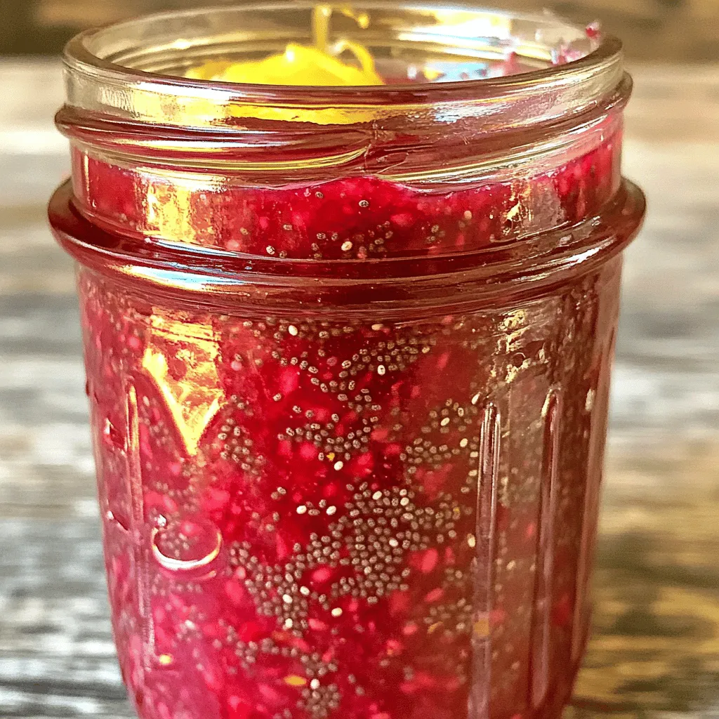 To make Raspberry Lemon Chia Jam, gather these simple ingredients: - 2 cups fresh raspberries - 1 tablespoon finely grated lemon zest - 2 tablespoons freshly squeezed lemon juice - 2 tablespoons honey or maple syrup - 3 tablespoons chia seeds - A pinch of sea salt You can adjust the sweetness based on your taste. If you like it sweeter, add more honey or maple syrup. Start with the standard amount, then taste. This lets you find your perfect balance. If you prefer a less sweet jam, you can reduce the sweetener. Remember, the fruit and lemon add natural sweetness too. - Raspberries: High in fiber, vitamins, and antioxidants. They support heart health and aid digestion. - Lemon Zest: Adds flavor and helps boost your immune system. It's rich in vitamin C. - Lemon Juice: Offers a tangy kick and aids in digestion. It also helps balance blood sugar. - Chia Seeds: Packed with omega-3 fatty acids, protein, and fiber. They promote fullness and healthy skin. - Honey or Maple Syrup: Natural sweeteners that provide energy. Honey also has antibacterial properties. - Sea Salt: Enhances flavors and supports hydration. It helps balance electrolytes in your body. This jam is not only tasty but also good for you. Enjoy making it with fresh ingredients! For the full recipe, see above. To start, gather your ingredients. You will need fresh raspberries, lemon zest, lemon juice, honey or maple syrup, chia seeds, and sea salt. In a medium saucepan, combine 2 cups of fresh raspberries with 1 tablespoon of finely grated lemon zest and 2 tablespoons of lemon juice. Add your choice of sweetener, either 2 tablespoons of honey or maple syrup. Mix gently to blend all the flavors. This step is vital, as it sets the base for your jam. Next, place your saucepan over medium heat. Bring the mixture to a gentle simmer. Stir occasionally for about 5-7 minutes. During this time, the raspberries will break down and create a syrupy sauce. This part fills your kitchen with a lovely smell. Once the berries are soft and fragrant, remove the saucepan from the heat. Now, it’s time to add the chia seeds. Stir in 3 tablespoons of chia seeds and a pinch of sea salt. Mix well to ensure even distribution. As the chia seeds absorb the liquid, they will help thicken the jam. Let the mixture sit at room temperature for about 10-15 minutes. This waiting time allows the chia seeds to expand and create that perfect jam consistency. After cooling, taste your jam and adjust the sweetness if needed. Transfer the thickened jam into a clean jar, and store it in the fridge. It will keep for up to two weeks. For the full recipe, refer to the instructions above. Enjoy your delicious Raspberry Lemon Chia Jam! To get the right thickness, focus on the chia seeds. These seeds absorb liquid and swell up. After mixing them in, let the jam sit for about 10-15 minutes. This resting time allows the chia seeds to work their magic. If your jam feels too runny, add a bit more chia seeds. For a thicker jam, let it rest longer. If you want to change the flavor, try adding vanilla or cinnamon. A splash of vanilla adds warmth, while cinnamon gives a nice spice. You can also switch up the sweetener. Maple syrup gives a rich taste, while honey offers floral notes. Taste the jam after it cools. Adjust the sweetness if needed. Having the right tools makes cooking easier. Use a medium saucepan for cooking the jam. A wooden spoon works best for stirring. You’ll also need a measuring cup for the ingredients. A spatula can help scrape the jam into jars. Finally, keep clean glass jars handy for storage. Using these tools will make your jam-making fun and easy. For the full recipe, check out the details above! {{image_4}} You can easily switch up the fruit in this jam. Try strawberries, blueberries, or blackberries. Each fruit offers a new taste and color. For instance, strawberries give a sweet and mild flavor. Blueberries add a lovely deep hue and a slight tartness. Just keep the same amount of fruit, about two cups, for the best results. If you want to change the sweetener, go ahead! You can use agave, coconut sugar, or even stevia. Each option offers a different taste. For example, agave is light and mild, while coconut sugar gives a deeper flavor. Just remember to adjust the amount based on your taste. Start with the same amount as honey or maple syrup and tweak it as needed. Add spices to give your jam a unique twist. Cinnamon or vanilla extract works well. A pinch of cinnamon adds warmth, while vanilla brings out the fruit's sweetness. You can add these spices when you mix the raspberries and lemon. Start with a small amount, around 1/4 teaspoon, and taste as you go. This will help you find the best balance of flavors. For the full recipe, check the section above. Enjoy making this jam your own! To keep your raspberry lemon chia jam fresh, always use a clean jar. Leave a small space at the top when filling the jar. This helps prevent spoilage. Store the jam in the fridge with a tight lid. This keeps air out and helps it stay tasty. Avoid storing it in warm places. Heat can spoil the jam faster than you think. Your jam will last in the fridge for up to two weeks. After that, it may lose flavor and texture. If you want to save it longer, you can freeze it. Just pour the jam into freezer-safe containers. Leave some space at the top for expansion. It can last for up to six months in the freezer. To use, simply thaw the jam in the fridge or on the counter. Check your jam for signs of spoilage. If you see mold, toss it out. Smell the jam too. If it smells off or sour, it’s best not to eat it. The color should also look bright and fresh. If it looks dull or dark, that’s a bad sign. Always trust your senses. If something feels or smells wrong, play it safe and don’t eat it. To make your Raspberry Lemon Chia Jam sweeter, add more honey or maple syrup. Start with one tablespoon, and mix it in well. Then, taste the jam. If you want it sweeter, keep adding small amounts until it’s just right for you. Remember, you can always adjust the sweetness after cooking. This lets you control the final flavor. Yes, you can use frozen raspberries! They work well in this recipe. Just use the same amount as fresh raspberries. When using frozen ones, there’s no need to thaw them first. Add them directly to the pot. They will break down quickly, just like fresh raspberries. This makes it easy to whip up your jam anytime. Chia seeds are tiny but packed with nutrition. They are rich in fiber, which helps digestion. They also contain protein and healthy fats, especially omega-3 fatty acids. These fats are good for your heart. Plus, chia seeds are high in antioxidants, which protect your body from damage. Adding them to your jam boosts its health benefits. In this blog post, we explored making Raspberry Lemon Chia Jam. We covered the ingredients, step-by-step instructions, and useful tips. I shared ways to personalize your jam with different fruits and spices. We also discussed storage methods and how to tell if your jam is still good. Making jam is fun and rewarding. With these tips, you can create a tasty treat. Enjoy experimenting and sharing your creations with friends and family. Happy jamming!
