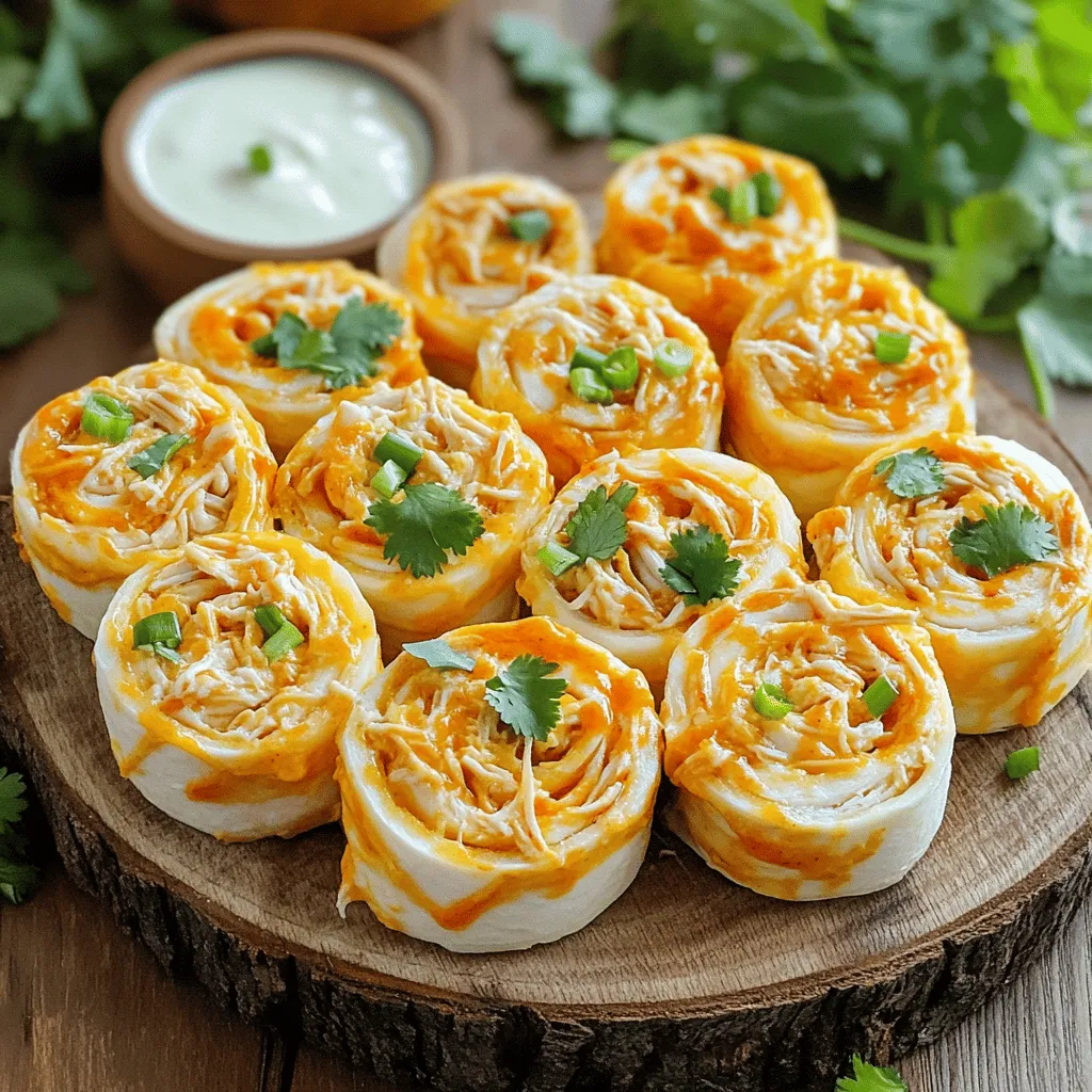- Shredded cooked chicken - Buffalo sauce - Cream cheese - Shredded cheddar cheese - Green onions - Flour tortillas - Ranch dressing (for dipping) - Fresh cilantro leaves (optional) - If you want a different protein, try shredded turkey or tofu. - For cream cheese, use Greek yogurt or a dairy-free spread. - You can swap flour tortillas for whole wheat or corn tortillas. - For a different dip, try blue cheese dressing or yogurt sauce. - You will need a mixing bowl to combine your ingredients. - A spatula helps to mix and spread the filling. - Use a sharp knife for slicing the pinwheels easily. - Plastic wrap keeps the pinwheels fresh while chilling. Buffalo Chicken Pinwheels bring a tasty twist to your snack table. You can find the full recipe above for detailed instructions. To start, you need to prepare the chicken mixture. First, take 2 cups of shredded cooked chicken and place it in a large bowl. Next, pour in 1/2 cup of Buffalo sauce. Mix well until the chicken is coated in the sauce. This step infuses delicious flavor into the chicken. Now, add 1/2 cup of softened cream cheese to the bowl. This will help bind everything together and add creaminess. Then, sprinkle in 1/2 cup of shredded cheddar cheese and 1/4 cup of finely chopped green onions. Use a spatula to stir until everything is well mixed and creamy. Now, it’s time to assemble the pinwheels. Take a large flour tortilla and lay it flat on a clean surface. Using a spatula, spread a generous layer of the chicken mixture over the tortilla. Make sure to cover the tortilla all the way to the edges. To roll the tortilla, start at one end and tightly roll it up into a log shape. Keep the filling inside as you roll. Repeat this process with the remaining tortillas and chicken mixture. Once all the tortillas are rolled, place them seam-side down on a cutting board. To help them hold their shape, wrap the pinwheels in plastic wrap. Chill them in the fridge for about 30 minutes. After chilling, take the pinwheels out of the fridge. Grab a sharp knife and slice each rolled tortilla into bite-sized pieces, about 1 to 1.5 inches thick. Arrange your sliced pinwheels on a serving platter. This will make them look great. For dipping, serve with a bowl of ranch dressing. If you like, add fresh cilantro leaves for extra color and taste. For the full recipe, check out the detailed instructions above. Enjoy your tasty Buffalo Chicken Pinwheels! To make tight and even rolls, start with a flat tortilla. Spread the filling evenly, leaving a small edge. When you roll, begin from one side and pull the filling tight. Tuck in the sides as you roll. This keeps the filling inside. If you see any filling escaping, gently press it back in. This method helps create a nice, round shape. You can add more taste with spices. Try paprika for heat or garlic powder for depth. Fresh herbs like cilantro or parsley also work great. You can mix in ingredients like diced bell peppers or olives for extra crunch. Every added flavor makes your pinwheels more exciting and unique. Ranch dressing pairs well for dipping. You can also try blue cheese dressing for a bold taste. For a fun twist, try serving with guacamole or salsa. Arrange the pinwheels on a platter and sprinkle some herbs on top. This adds color and makes them look fancy. You can even alternate the pinwheels with colorful veggies for a fresh touch. {{image_4}} You can spice up your Buffalo chicken pinwheels in fun ways. Add more heat with jalapeños or hot sauce. This gives the dish an extra kick. If you don't like spicy food, try a milder sauce. You can also swap the chicken for shredded turkey. This still keeps the flavor nice while being a bit different. For a vegetarian twist, consider using black beans or chickpeas. Mix these with cream cheese and some spices. You can also add roasted peppers for flavor and texture. These options let everyone enjoy pinwheels, no matter their diet. Get creative with seasonal themes for your pinwheels. For holidays, try adding cranberry sauce for a festive touch. You can also use spinach for a green holiday vibe. For game day, make mini pinwheels with different flavors. This way, guests can try a bit of everything. Think about using different colors in your pinwheels. Bright ingredients like red bell pepper or purple cabbage make them pop. These themed pinwheels can fit any gathering and impress your guests. If you're looking for healthier options, consider low-fat cream cheese. This keeps the dish creamy but cuts down on calories. You can also use whole wheat tortillas for added fiber. They taste great and look nice on the plate. For those needing gluten-free options, corn tortillas work well. They hold up nicely and pair perfectly with the filling. You can enjoy the same great taste without worry. These swaps make your pinwheels fit various diets while keeping them tasty. For the full recipe, check out the detailed instructions to make your Buffalo chicken pinwheels delightful! To store your leftover Buffalo chicken pinwheels, wrap them tightly in plastic wrap or foil. This keeps the flavors fresh. Place them in an airtight container in your fridge. They will stay good for about 3 to 4 days. Always let them cool to room temperature before wrapping. This helps prevent sogginess. If you notice any moisture, use a paper towel to absorb it. You can freeze pinwheels for later use. To freeze them properly, wrap each pinwheel in plastic wrap. Then, place them in a freezer bag or airtight container. Make sure to squeeze out as much air as possible. They can last about 2 to 3 months in the freezer. When you want to eat them, thaw in the fridge overnight. Reheat in the microwave or oven until warm. To know if your pinwheels are no longer fresh, check for any off smells or visible mold. If they feel slimy or have changed color, it’s time to toss them out. Always practice safe food handling. Wash your hands before and after handling food. This helps keep everything safe and tasty. It takes about 15 minutes to prep and 30 minutes to chill. You can make these pinwheels in just 45 minutes. Yes, you can prepare them one day in advance. Just roll and chill them, then slice when you are ready to serve. This saves time and makes serving easier. These pinwheels pair well with: - Veggie sticks (carrots, celery, cucumber) - Chips or pretzels - A refreshing salad - Cold drinks like lemonade or iced tea They can be spicy, depending on the Buffalo sauce you use. To adjust the heat: - Use mild sauce for less spice. - Add more cream cheese to tone down heat. - Serve with ranch dressing to help cool it down. Absolutely! Using rotisserie chicken saves time. It makes the recipe quick and easy. Freshly cooked chicken is great too, as it lets you control the flavor and moisture. Yes! You can use: - Shredded carrots and cream cheese - Hummus with chopped veggies - Black beans or chickpeas mixed with spices These options keep the fun and flavor while being plant-based. Buffalo Chicken Pinwheels are simple to make and fun to share. By combining shredded chicken, Buffalo sauce, and cheese, you get a tasty treat. Use the right tools for easy assembly and storage. Try our tips for perfect rolls and flavor boosts. Don’t forget about fun variations to suit your crowd. In the end, these pinwheels bring joy to any gathering. Enjoy them at your next event!