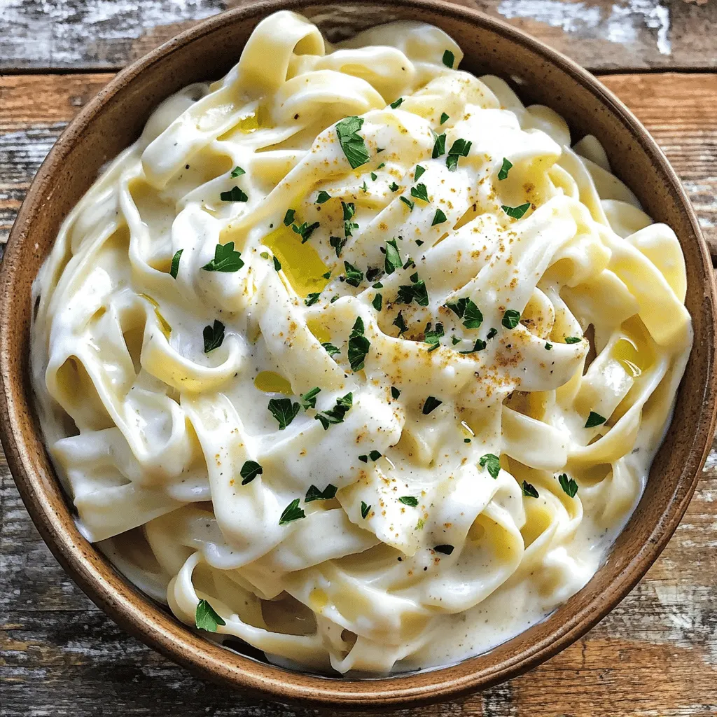To make Vegan Cashew Alfredo Fettuccine, gather these simple ingredients: - 1 cup raw cashews, soaked for 2-4 hours - 1 cup unsweetened almond milk - 2 tablespoons nutritional yeast - 2 tablespoons fresh lemon juice - 2 tablespoons extra virgin olive oil - 2 garlic cloves, minced - Salt and freshly ground black pepper to taste - 8 oz fettuccine pasta (gluten-free if preferred) - Fresh parsley, finely chopped (for garnish) - Optional: pinch of freshly grated nutmeg Each ingredient plays a key role in crafting a creamy and flavorful sauce. The cashews provide a rich base, while almond milk adds creaminess. Nutritional yeast gives a cheesy taste, and lemon juice brightens the flavor. Olive oil adds richness, and garlic gives depth. Season with salt and pepper for balance. The fettuccine is the perfect pasta to carry this sauce. Fresh parsley adds color and freshness. If you like, a pinch of nutmeg adds a warm note. - First, soak 1 cup of raw cashews for 2 to 4 hours. This softens them. - Drain and rinse the soaked cashews under cool water. - In a blender, combine the cashews, 1 cup of unsweetened almond milk, 2 tablespoons of nutritional yeast, 2 tablespoons of fresh lemon juice, 2 tablespoons of extra virgin olive oil, 2 minced garlic cloves, salt, and pepper. - Blend the mixture on high speed until it is smooth and creamy. - If your sauce is too thick, add more almond milk slowly. - For a tasty twist, add a pinch of freshly grated nutmeg. - In a large pot, bring a generous amount of salted water to a rolling boil. - Add 8 ounces of fettuccine pasta to the boiling water. - Cook the pasta according to package instructions until it is al dente, about 8 to 10 minutes. - Once cooked, drain the pasta but keep ½ cup of the starchy pasta water for later. - In a large skillet over medium heat, pour in the prepared cashew sauce. - Bring the sauce to a gentle simmer. - If the sauce seems too thick, add a splash of the reserved pasta water. Stir until creamy. - Add the drained fettuccine directly into the skillet with the sauce. - Use tongs or a fork to toss the pasta and coat it well with the sauce. - Cook together for an additional 2 to 3 minutes until heated through. - Soak your cashews for 2-4 hours. This softens them for blending. - After soaking, drain and rinse them well. - Blend soaked cashews with almond milk, nutritional yeast, lemon juice, olive oil, garlic, salt, and pepper. - If the sauce is thick, add more almond milk slowly until smooth. - For a flavor boost, add a pinch of nutmeg. - Bring salted water to a rolling boil before adding pasta. - Cook fettuccine for 8-10 minutes for al dente. - Save about ½ cup of the starchy pasta water before draining. - This water helps adjust the sauce's consistency later. - Garnish with finely chopped fresh parsley for color. - Drizzle with extra virgin olive oil before serving. - Sprinkle more nutritional yeast on top for added flavor. - Pair with a simple side salad or steamed veggies for balance. {{image_4}} You can boost your Vegan Cashew Alfredo Fettuccine by adding vegetables. Here are some great choices: - Spinach - Broccoli - Peas - Zucchini - Mushrooms These veggies add color and nutrition. To cook them, try these methods: - Sauté in a skillet with olive oil for a few minutes until tender. - Steam them lightly to keep their crunch. - Roast in the oven for about 20 minutes at 400°F for a deeper flavor. Mix and match to find your favorite combinations! If you need gluten-free options, choose gluten-free fettuccine. Many brands offer this now. Just check the label. For a nut-free version, swap cashews with sunflower seeds. Soak the seeds just like cashews. Blend them with almond milk for a creamy texture. These changes allow everyone to enjoy this dish! To make your Alfredo sauce pop, consider adding spices. Here are a few suggestions: - Smoked paprika for a smoky taste. - Red pepper flakes for heat. - Fresh herbs like basil or thyme for extra freshness. You can also serve your pasta with flavored oils. A drizzle of truffle oil or chili oil can elevate your dish. Just a little goes a long way! To keep your Vegan Cashew Alfredo Fettuccine fresh, store it in the fridge. Use an airtight container to prevent moisture loss. You can keep it for up to three days. If you want to separate the sauce from the pasta, it will last longer. This way, you can mix it fresh when you're ready to eat. When reheating, you want to keep the creaminess. The best method is to use a skillet over low heat. Add a splash of almond milk to the skillet to help the sauce stay smooth. Stir gently until heated through. Avoid using high heat, as it may cause the sauce to thicken too much. You can freeze this dish, but it's best to freeze the sauce separately. To freeze, pour the cooled cashew sauce into a freezer-safe bag. Squeeze out excess air and seal it tight. You can freeze the sauce for up to three months. When you're ready to eat, thaw it in the fridge overnight. Reheat and mix it with freshly cooked pasta for a quick meal. You can use other nuts to create creaminess. Try using soaked almonds or macadamia nuts. Sunflower seeds also work well for a nut-free option. Each choice gives a unique flavor but keeps the sauce rich. Yes, you can! Prepare the sauce and cook the pasta ahead of time. Store them in separate containers in the fridge. Just reheat the sauce and pasta together before serving. This makes meal prep easy and quick. To adjust the sauce's texture, start with the right amount of almond milk. Blend until smooth, then check the thickness. If it's too thick, slowly add more almond milk until it feels just right. Adding a splash of reserved pasta water can help too! In this blog post, we explored how to make a delicious cashew cream fettuccine. We discussed the simple ingredients you'll need and provided step-by-step instructions. You learned tips for making the sauce and cooking pasta to perfection. We also shared ways to add vegetables and modify the dish for different diets. Remember, this dish is easy to store and reheat, keeping its creamy texture. Enjoy creating your meal and don't hesitate to get creative with flavors and textures! Your kitchen adventures await!
