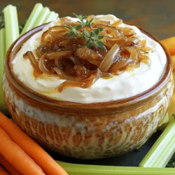 - 4 large yellow onions, thinly sliced - 3 tablespoons olive oil - 1 teaspoon salt - 1 teaspoon sugar - 1 teaspoon fresh thyme leaves (or ½ teaspoon dried thyme) - 1 cup sour cream - 1 cup cream cheese, softened to room temperature - ½ cup mayonnaise - 1 teaspoon garlic powder - Freshly ground black pepper, to taste - Assorted vegetable sticks (like carrots and celery) or an assortment of crackers, for serving If you don't have yellow onions, you can use sweet onions or even red ones. Both options add a nice flavor. You can swap olive oil with avocado oil if you want a different taste. For a lighter dip, you can use Greek yogurt instead of sour cream. This swap adds protein and gives a nice tang. If you want a creamier dip, add more cream cheese. When choosing onions, look for firm ones without soft spots. The skin should be dry, not damp. Fresh thyme should smell strong and fragrant. For the best cream cheese, check for a smooth texture and freshness date. Always choose fresh vegetables for dipping. Crunchy carrots and crisp celery are great options. To start, grab a large skillet. Heat the olive oil over medium heat. Once the oil is hot, toss in the thinly sliced onions and the salt. Stir the onions well. Make sure they are fully coated in oil. This step helps them soften and start to release their sweet flavor. Next, lower the heat to low. Let the onions cook slowly. Stir them every few minutes. This part takes about 30 to 40 minutes. Watch the onions closely. You want them to turn a deep golden brown. This color shows they are caramelized. If they start to stick, add a splash of water. Scrape the pan to free them. After the onions are caramelized, sprinkle the sugar and thyme over them. Stir well and cook for another 2 to 3 minutes. This step boosts the flavor, making it even better. Now, it's time to make the dip base. In a mixing bowl, combine the sour cream, softened cream cheese, mayonnaise, and garlic powder. Use a spatula to mix until everything is smooth. Ensure you break up any lumps. Next, add the cooled caramelized onions to the creamy mixture. Stir gently until well combined. Season with black pepper to taste. Adjust the pepper to how spicy you like it. This dip is now ready to chill in the refrigerator. Cover it and let it rest for at least one hour. This helps the flavors blend perfectly. To get sweet and rich caramelized onions, start with yellow onions. They have great flavor. Slice them thinly for even cooking. Use a large skillet to give them room to cook. Heat olive oil over medium heat. Once hot, add the onions and salt. Stir to coat them well. Keep the heat low after that. Stir every few minutes. This slow cooking takes about 30-40 minutes. Look for a deep golden color. If they stick to the pan, add a splash of water. This will help loosen them. You can make your dip even tastier by adding new flavors. Fresh thyme gives a lovely herbal note. Use dried thyme if fresh is not available. A teaspoon of sugar helps with the sweet caramelization. For a kick, try adding garlic powder. You can also mix in some cheese, like cream cheese, for a richer texture. If you want more zest, add a squeeze of lemon juice. This brightens the dip and makes it pop. Serve your caramelized onion dip with fresh veggies. Crisp carrots and crunchy celery are great choices. If you prefer something else, use an assortment of crackers. Arrange them around the dip for a fun look. For a final touch, sprinkle more fresh thyme on top. This adds color and makes it more inviting. Enjoy your dip at parties or casual get-togethers. It’s perfect for sharing! {{image_4}} You can change up the flavor by adding herbs. Fresh rosemary or dill can add a nice touch. Just chop them finely and mix them in with the caramelized onions. Use about one tablespoon of fresh herbs or one teaspoon of dried herbs. This twist can make your dip even more special. Adding cheese can make your dip richer and creamier. Feta cheese adds a salty bite. Cheddar cheese gives a sharp flavor. You can mix in about half a cup of crumbled feta or shredded cheddar. Just fold it into the creamy base before adding the onions. This will create a tasty twist. Want a kick? Add some heat! Diced jalapeños or a splash of hot sauce can spice things up. For jalapeños, use about one to two tablespoons, depending on your taste. If using hot sauce, start with a teaspoon and increase from there. This adds depth and excitement to your dip. To store leftover dip, place it in an airtight container. Make sure the lid is sealed tightly. This keeps the dip fresh and prevents odors from other foods in the fridge. The dip will stay good for up to five days in the fridge. Always check for any changes in color or smell before using it. You can freeze this dip for later use. First, let the dip cool completely. Then, scoop it into a freezer-safe container or a resealable bag. Be sure to remove as much air as possible. Label the container with the date. The dip can last for about three months in the freezer. When you’re ready to use it, just thaw it overnight in the fridge. To reheat the dip, take it out of the fridge or freezer and let it sit at room temperature for about 20 minutes. This helps it warm evenly. Heat it gently in a saucepan over low heat. Stir often to prevent burning. If it seems too thick, add a splash of milk to bring back its creamy texture. Serve it warm with your favorite veggies or crackers. Enjoy every bite! Caramelized onion dip lasts about 5 days in the fridge. Store it in an airtight container to keep it fresh. After a few days, check for any changes in smell or texture before eating. The dip may get thicker as it sits, so you can mix in a little sour cream to restore its creaminess. Yes, you can use frozen onions for this dip. However, fresh onions provide the best flavor and texture. If you choose frozen, thaw them first and drain any excess water. This helps keep your dip from getting too watery. Serve caramelized onion dip with a variety of items. Here are some great options: - Assorted vegetable sticks (like carrots and celery) - Crackers (try different types for fun) - Pita chips for a crunchy touch - Toasted bread or baguette slices - Pretzels for a salty contrast These pairings add texture and flavor, making your dip experience even better! In this post, I covered everything you need to know about making delicious caramelized onion dip. We explored the right ingredients and their substitutes, plus tips for choosing fresh options. I shared clear steps for sautéing and caramelizing onions, along with flavor enhancements and serving ideas. You can even try fun variations and learn the best ways to store leftovers. Now, you can create a tasty dip that everyone will love! Enjoy making and sharing this simple treat!