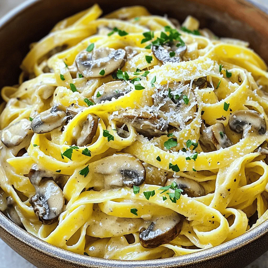 - 8 oz fettuccine or spaghetti - 2 tablespoons extra virgin olive oil - 1 medium onion, finely diced - 3 cloves garlic, minced - 12 oz mixed mushrooms (cremini, shiitake, and button), sliced - 1 teaspoon dried thyme - 1 teaspoon dried oregano - 1 cup vegetable broth - 1 cup heavy cream - 1 tablespoon balsamic vinegar - Salt and freshly ground black pepper to taste - Fresh parsley, finely chopped (for garnish) - Grated Parmesan cheese (optional, for serving) Using fresh ingredients makes a big difference. Fresh mushrooms give a rich flavor. Choose firm, plump mushrooms. Look for vibrant green herbs. Fresh parsley adds a nice touch at the end. Also, select high-quality olive oil. It enhances the taste of the dish. Heavy cream should be fresh for the best texture. Avoid any ingredients that seem past their prime. You can swap fettuccine for spaghetti or any pasta you like. For a lighter dish, use half-and-half instead of heavy cream. If you want a vegan option, use coconut cream and vegetable broth. For mushrooms, any mix works. You can use only one type if needed. If you don’t have balsamic vinegar, red wine vinegar is a good choice. Start by filling a large pot with water. Add a good amount of salt. Bring it to a rolling boil. Once boiling, add 8 oz of fettuccine or spaghetti. Cook the pasta for 8-10 minutes, or until it is al dente. Drain the pasta and save about 1/4 cup of the cooking water. Set the pasta aside while you prepare the sauce. In a large skillet, heat 2 tablespoons of extra virgin olive oil over medium heat. Once hot, add 1 medium onion, finely diced. Sauté for 3-4 minutes until the onions turn translucent. Next, add 3 cloves of minced garlic. Cook for about 1 minute until the garlic smells great but doesn’t brown. Add 12 oz of sliced mixed mushrooms to the skillet. Stir them for about 5-7 minutes until they are golden and soft. Sprinkle in 1 teaspoon of dried thyme and 1 teaspoon of dried oregano. Stir to mix the herbs with the mushrooms. Then, pour in 1 cup of vegetable broth. Bring this to a gentle simmer for 3-4 minutes until it reduces a bit. Stir in 1 cup of heavy cream and 1 tablespoon of balsamic vinegar. Cook for another 2-3 minutes until the sauce thickens a bit. Once the sauce is ready, taste it. Add salt and freshly ground black pepper to your liking. If the sauce is too thick, add some of the reserved pasta water. Then, gently add the cooked pasta to the skillet. Toss it all together so the pasta is coated in the creamy mushroom sauce. Serve your Silky Mushroom Marsala Pasta right away. Top it with fresh parsley that you finely chopped. If you like, sprinkle some grated Parmesan cheese on top for extra flavor. Enjoy this comforting dish with a side salad or garlic bread! To make a creamy sauce, start with heavy cream. This gives your sauce a rich, smooth texture. After adding the cream, let it simmer. This helps the flavors blend well. If the sauce thickens too much, add a splash of the reserved pasta water. This keeps it silky and easy to coat the pasta. Use a wide skillet for your mushrooms. This gives them space to cook evenly. Heat the olive oil until hot, but not smoking. Add the mushrooms in one layer. Let them cook without stirring for a few minutes. This helps them brown nicely. Stir only after they start to soften. Cook until they are golden brown and juicy. Start by boiling your pasta. While it cooks, prepare your sauce. Sauté the onion and garlic first. Then, add the mushrooms. The pasta and sauce should finish around the same time. When the pasta is done, drain it. Mix it into the sauce quickly. This timing gives you a hot, fresh dish. Enjoy the process; cooking should be fun! {{image_4}} You can easily make this dish vegetarian or vegan. For a vegetarian option, skip the meat and stick to the creamy mushroom sauce. Use vegetable broth to keep the flavors rich. If you want a vegan version, swap the heavy cream with coconut milk or cashew cream. Both options give a creamy texture without dairy. You can also add more vegetables like spinach or sun-dried tomatoes for extra flavor. While fettuccine or spaghetti works best, you can switch to other pasta types. Try penne or farfalle for a fun twist. For gluten-free options, look for lentil or chickpea pasta. These alternatives bring different tastes and textures. Just keep an eye on the cooking time, as it may vary. If you want to add protein, chicken or sausage are great choices. For chicken, use diced breast or thighs. Sauté it with the onions until cooked through. For sausage, remove the casing and crumble it into the pan. Cook it until browned before adding the mushrooms. Both options will enhance the dish and make it more filling. After enjoying your creamy mushroom Marsala pasta, store any leftovers right away. Place the pasta in an airtight container. This keeps it fresh and prevents it from drying out. It can last in the fridge for up to three days. Always let it cool to room temperature before sealing it up. When you are ready to eat the leftovers, reheating is easy. You can use a skillet or the microwave. If using a skillet, add a splash of water or broth. This helps the sauce regain its creaminess. Heat over low to medium heat, stirring gently. If using the microwave, warm it in short bursts. Stir between each burst to heat evenly. If you want to freeze the pasta, it's best to do so right after cooking. Place the cooled pasta in a freezer-safe container. It will keep well for about one to two months. When ready to eat, thaw it overnight in the fridge. Reheat as mentioned above for the best texture. Avoid freezing the pasta with sauce for long-term storage, as it may change the texture. To make this dish gluten-free, swap regular pasta for gluten-free pasta. Look for options made from rice or chickpeas. These types hold up well in the sauce. Always check the package to ensure it’s gluten-free. Cook it al dente, just like regular pasta. The rest of the recipe stays the same, so you won't lose any flavor! Absolutely! Feel free to mix and match mushrooms based on your taste. You can use shiitake, portobello, or even oyster mushrooms. Each type gives a different flavor. Cremini mushrooms add a nice earthy taste, while button mushrooms are mild and tender. Get creative and try your favorites! This pasta pairs well with a simple green salad. A light vinaigrette complements the creamy dish. Garlic bread is another great side. It adds crunch and flavor. For drinks, a crisp white wine or sparkling water works great. These choices balance the richness of the pasta. You can easily prepare the sauce ahead of time. Cook the sauce and store it in the fridge. When you’re ready to eat, cook the pasta fresh. Heat the sauce on the stove and add the pasta when cooked. This keeps the pasta from getting soggy. Enjoy fresh flavors with less work later! Creamy Mushroom Marsala Pasta is easy and fun to make. We covered the key ingredients, cooking steps, and useful tips. Remember to choose fresh ingredients for the best taste. You can swap out items based on your needs too. Enjoy this dish with friends or family. I hope these ideas inspire you to add your twist. With proper storage, you can enjoy leftovers later. Now, go ahead and create your own creamy pasta masterpiece!