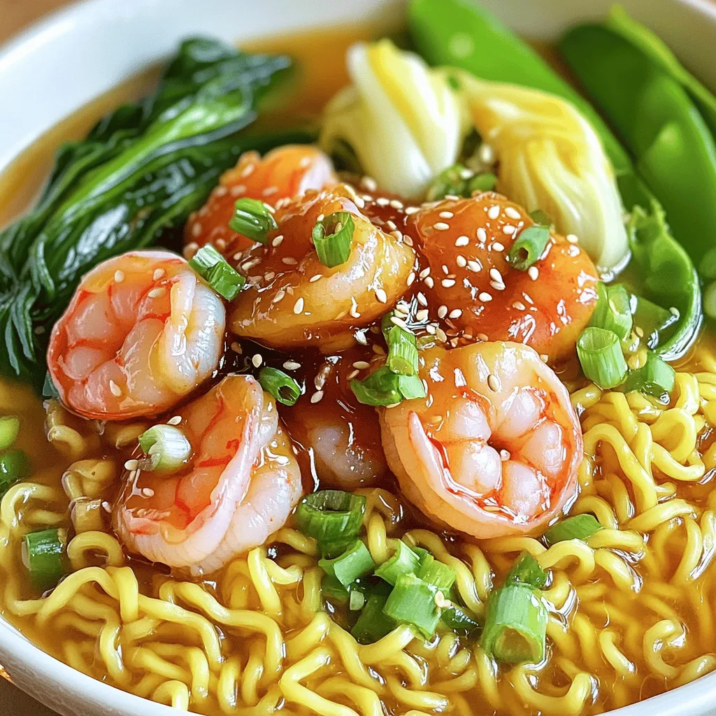- 200g ramen noodles - 250g raw shrimp, peeled and deveined - 2 tablespoons honey - 3 cloves garlic, minced - 2 tablespoons soy sauce - 1 tablespoon sesame oil - 1 teaspoon fresh ginger, grated - 2 green onions, sliced thinly - 1 tablespoon sesame seeds (optional, for garnish) - 4 cups vegetable broth - Sesame seeds - Chopped fresh herbs like cilantro or parsley - Bok choy - Julienned carrots - Snap peas - Spinach - Bell peppers These ingredients create a quick and tasty meal. You can mix and match the fresh vegetables to suit your taste. Add a splash of color and crunch with your favorites. Each component brings its unique flavor, making your ramen special. Enjoy the blend of sweet, savory, and fresh tastes in every bite! To start, bring a pot of water to a boil. Add 200g of ramen noodles. Cook them until tender, following the package instructions. This usually takes about 3-5 minutes. When they are ready, drain the noodles and set them aside. In a small bowl, mix 2 tablespoons of honey, 3 cloves of minced garlic, 2 tablespoons of soy sauce, 1 tablespoon of sesame oil, and 1 teaspoon of grated ginger. Whisk these together until they blend well. This sauce brings the dish to life, so make sure it’s mixed properly. Heat a tablespoon of oil in a large skillet over medium heat. When the oil is hot, add 250g of peeled and deveined shrimp in a single layer. Cook for about 2 minutes on each side. The shrimp should turn pink and opaque. This means they are cooked through. Next, reduce the heat a bit. Pour the honey garlic sauce over the cooked shrimp. Stir gently to coat them well. Cook for an extra 1-2 minutes. This helps the sauce thicken and stick to the shrimp. In another pot, bring 4 cups of vegetable broth to a gentle simmer. Add the cooked ramen noodles and your choice of fresh vegetables. Good options include bok choy, julienned carrots, or snap peas. Heat everything for about 2-3 minutes. Ensure the veggies stay crisp. Now, it’s time to serve. Ladle the ramen and broth mixture into bowls. Top each bowl with the honey garlic shrimp. Garnish with thinly sliced green onions. If you like, add a sprinkle of sesame seeds for extra flavor and crunch. Enjoy your meal! To cook ramen just right, use a large pot of boiling water. Add the ramen noodles and cook for 3-4 minutes. This keeps them tender without getting mushy. Remember to stir the noodles a bit while cooking. Once done, drain them well and set aside. This step is key for a great texture. To make the honey garlic sauce pop, balance the sweet and salty. Use fresh garlic for a stronger kick. Adding fresh ginger boosts flavor too. Mix honey, soy sauce, sesame oil, and garlic in a bowl. Whisk until smooth. You can even add a splash of rice vinegar for a tangy twist. For juicy shrimp, heat your skillet well before adding them. Use medium heat and add oil when it’s hot. Place the shrimp in a single layer and cook for 2 minutes on each side. They should turn pink and opaque when done. Avoid overcooking; it makes shrimp tough. {{image_4}} You can swap shrimp for chicken, tofu, or beef. Each protein gives a new taste. Chicken cooks fast; just cut it into small pieces. Tofu is great for a plant-based meal. Use firm tofu and pan-fry it until golden. Beef adds a hearty bite. Choose thin slices for quick cooking. If you want a twist, try different sauces. Teriyaki sauce adds a sweet and savory touch. Sriracha brings heat for spice lovers. You can also mix soy sauce with lime juice for a fresh zing. For a nutty flavor, add peanut sauce to the mix. Each sauce changes the taste and makes the dish fun. Add more veggies to your ramen for color and crunch. Bok choy is a crunchy choice that cooks fast. Snap peas add sweetness and a nice bite. Carrots bring natural sweetness; slice them thin for quick cooking. You can also add mushrooms for earthiness or bell peppers for color. The more veggies, the better the dish! After enjoying your Minute Honey Garlic Shrimp Ramen, store leftovers in an airtight container. Let the dish cool to room temperature before sealing. Keep it in the fridge for up to three days. This keeps the shrimp and noodles fresh while preventing spoilage. To reheat, place the ramen in a pot over medium heat. Add a splash of broth or water to keep it moist. Stir gently until everything is heated through. You can also use a microwave. Just cover the bowl and heat for about one to two minutes. Check to make sure it's hot all the way through. If you want to store it longer, you can freeze the ramen. Place the cooled dish in a freezer-safe container. Make sure to leave some space for expansion. It can last for up to three months in the freezer. When you're ready to eat, thaw it overnight in the fridge. Reheat it gently on the stove or in the microwave. This helps maintain its flavor and texture. It takes about 20 minutes to make this dish. You spend 10 minutes prepping the ingredients. Cooking the ramen and shrimp takes another 10 minutes. It’s a quick meal that fits into a busy schedule. Yes, you can use frozen shrimp. Just thaw them before cooking. I recommend running them under cold water for a few minutes. This way, they cook evenly and taste great. If you don’t have ramen noodles, use spaghetti or udon noodles. Both work well and taste good. You can also try rice noodles for a gluten-free option. Just follow the cooking time on the package. This recipe is not gluten-free due to soy sauce and ramen noodles. To make it gluten-free, use gluten-free soy sauce. Also, switch to rice noodles or other gluten-free noodles. This way, you can enjoy the meal without worry. This blog post covered making honey garlic shrimp ramen. We looked at key ingredients, step-by-step instructions, and tips for success. You now know how to cook ramen noodles, make the sauce, and prepare shrimp perfectly. With options for variations and storage, you can adapt this dish to your taste. Experiment with new flavors and enjoy your delicious creation. Now, it's your turn to cook and savor this meal!