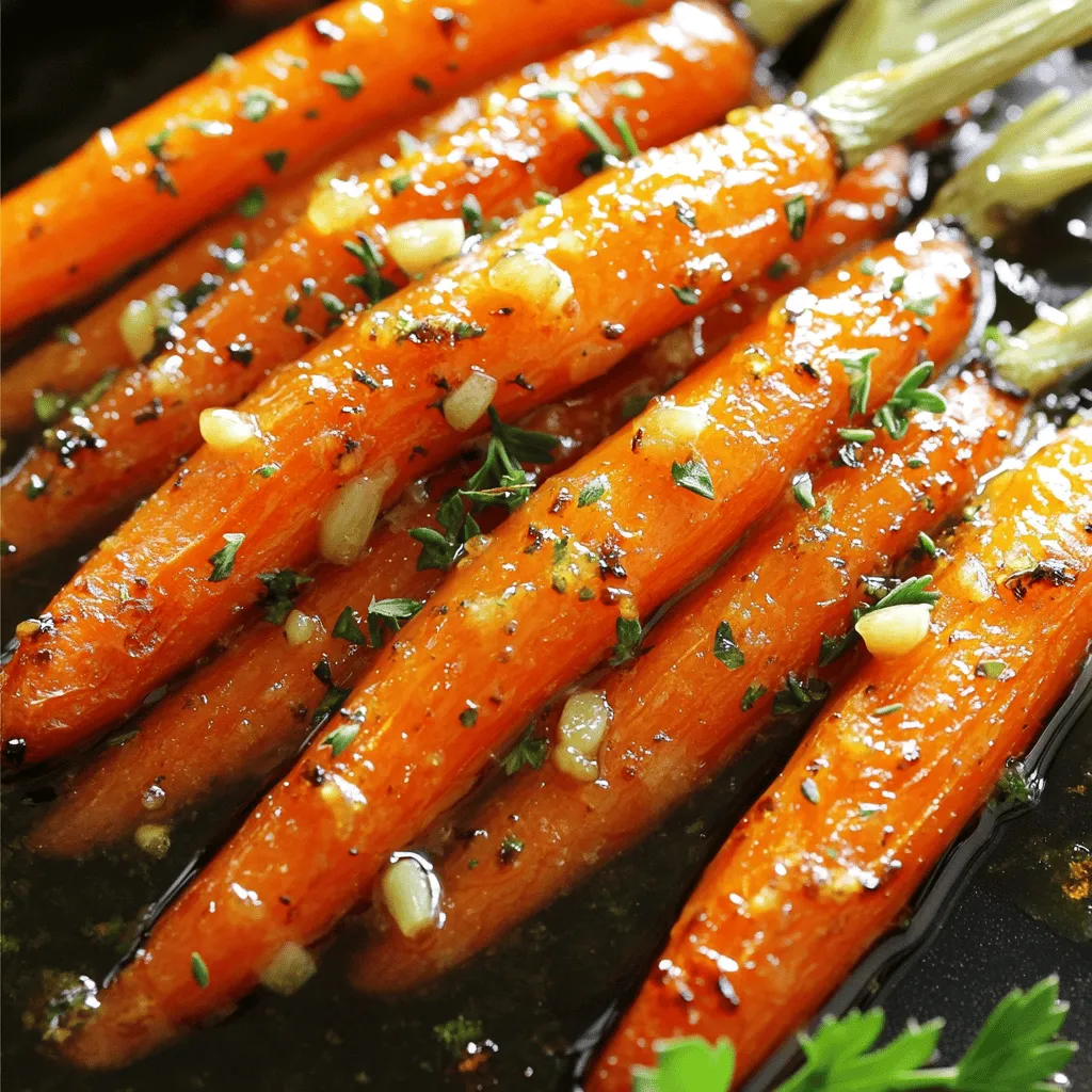 For the main dish, you need a few simple items: - 1 pound baby carrots (or 4 regular carrots, peeled and cut into sticks) - 3 tablespoons honey - 3 tablespoons olive oil - 4 cloves garlic, finely minced - 1 teaspoon fresh thyme leaves (or ½ teaspoon dried thyme) - Salt and freshly ground black pepper, to taste These ingredients form the base of your honey garlic roasted carrots. The sweet honey pairs perfectly with the earthy flavor of the carrots. Garlic adds a savory depth, while thyme brings a lovely hint of freshness. You can enhance your roasted carrots with a few optional ingredients: - A squeeze of lemon juice for brightness - A dash of red pepper flakes for heat - A sprinkle of feta cheese for creaminess These additions add layers of flavor and can help tailor the dish to your taste. Feel free to mix and match to find your favorite combo! To finish your dish, consider these seasonings and garnishes: - Fresh parsley, roughly chopped, for color - A pinch of smoked paprika for a smoky note - Chopped nuts, like walnuts or pecans, for crunch These garnishes not only brighten the dish but also add visual appeal. The colors and textures make your roasted carrots look as good as they taste! Start by washing your baby carrots. If you use regular carrots, peel and cut them into sticks. You want them to be about the same size. This helps them cook evenly. Next, preheat your oven to 400°F (200°C). This step is key for roasting. While the oven warms up, place your carrots in a large bowl. In another bowl, mix together three tablespoons of honey and three tablespoons of olive oil. Then, add four cloves of finely minced garlic. Toss in one teaspoon of fresh thyme leaves or half a teaspoon of dried thyme. Season it with a pinch of salt and freshly ground black pepper. Whisk everything together until it blends well. This marinade packs a flavor punch. Now, add your carrots to the bowl with the marinade. Gently toss them until each carrot is coated. This ensures every bite is tasty. Line a baking sheet with parchment paper for easy cleanup. Spread the carrots in a single layer on the sheet. Make sure they have space between them. This helps them roast well. Put the baking sheet in the preheated oven. Roast the carrots for 20 to 25 minutes. Halfway through, give them a good stir. This helps them brown nicely. Once they are tender and golden brown, take them out of the oven. Let them cool for a few minutes before serving. This waiting time enhances their flavors. Finally, transfer your roasted carrots to a serving dish and sprinkle with freshly chopped parsley. Enjoy your delicious side dish! Caramelization makes the carrots sweet and golden. To get it right, use high heat. Set your oven to 400°F (200°C). This heat helps the sugars in the carrots caramelize. Spread the carrots out on the pan. They need space to roast well. If they are crowded, they will steam instead of caramelize. Stir the carrots halfway through cooking. This ensures they cook evenly and get that nice brown color. Even cooking makes sure each carrot tastes great. For this, toss the carrots well in the honey garlic mix. Make sure every piece is coated. Use a large bowl for mixing. This gives you more room to toss. When placing the carrots on the baking sheet, spread them in a single layer. If you have a lot of carrots, use two sheets. This keeps them from sticking together. These roasted carrots shine as a side dish. Serve them with grilled chicken or fish for a tasty meal. You can also pile them on a veggie platter. Add fresh herbs like parsley on top for color. If you want to impress, arrange the carrots in a circle. You can place a few thyme sprigs in the middle. This gives a beautiful touch to your table. Enjoy your delicious honey garlic roasted carrots! {{image_4}} You can switch up the carrots for other veggies. Try using baby potatoes, sweet potatoes, or parsnips. These will soak up the honey and garlic flavors. Just remember to cut them into similar sizes. This helps them roast evenly. You can also mix different vegetables for a colorful dish. Broccoli or Brussels sprouts are great options too. They all roast well and add variety to your meal. If you like some heat, add red pepper flakes to the honey garlic mix. Start with a pinch and taste it. You can always add more if you want it spicier. Another option is to use a spicy honey instead of regular honey. This gives a nice kick to the dish. If you love sriracha, mix a little in the marinade too. The heat balances well with the sweet carrots. You can swap honey for maple syrup or agave nectar for a different taste. This change can make the dish vegan-friendly. If you want to try new herbs, rosemary or oregano can work well too. They give a unique flavor twist. Just remember, fresh herbs are usually more flavorful than dried ones. So, don’t be shy to experiment! To store your honey garlic roasted carrots, let them cool first. Place them in an airtight container. You can use glass or plastic containers. Make sure to cover them well to keep them fresh. Store the container in the fridge. This will help keep the flavors intact. When you're ready to enjoy leftovers, reheating is key. Place the carrots on a baking sheet. Preheat your oven to 350°F (175°C). Roast them for about 10 minutes. This will help them regain their soft texture and flavors. Avoid using the microwave, as it can make them soggy. If stored properly, honey garlic roasted carrots can last for about three to five days in the fridge. After that, the flavors may fade. Always check for any signs of spoilage. If they smell off or look different, it’s best to toss them. Enjoy them fresh for the best taste! Yes, you can use frozen carrots. They will work, but fresh carrots taste better. If using frozen, thaw them first. Pat them dry to remove excess moisture. This helps them roast well and get nice and crispy. You can serve these carrots with many dishes. They pair well with roasted chicken or grilled fish. Try them with quinoa or rice for a healthy meal. They also make a great side on a veggie platter. To make honey garlic roasted carrots vegan, replace honey with maple syrup. This keeps the sweetness while making it plant-based. The rest of the recipe stays the same. You can still enjoy the rich flavors without losing taste. - More Common Questions Related to Honey Garlic Roasted Carrots If you have more questions, feel free to ask! I love sharing tips and ideas. The more you know, the better your cooking will be! Honey garlic roasted carrots are simple and tasty. We covered the main ingredients and some fun add-ins. You learned how to prep the carrots and make a tasty marinade. We also shared tips for perfect caramelization and serving ideas. You now have ways to switch up this dish with different veggies and flavors. Store leftovers well to keep them fresh. Make sure to check out the FAQ for extra advice. Enjoy making this colorful and healthy dish again and again!