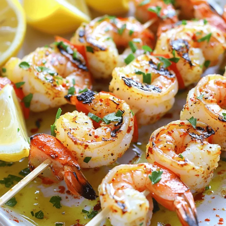 - 1 pound large shrimp, peeled and deveined - 3 tablespoons extra virgin olive oil - 4 cloves garlic, finely minced - Zest and juice from 1 large fresh lemon - 1 teaspoon smoked paprika - 1 teaspoon dried oregano - Salt and freshly cracked black pepper to taste - Fresh parsley, finely chopped (for garnish) - Lemon wedges (for serving alongside) These ingredients create a bright and zesty flavor that makes the dish come alive. The fresh lemon juice and garlic work together to enhance the shrimp's natural taste. You can customize the marinade for even more flavors. Consider adding: - A dash of red pepper flakes for heat - A splash of soy sauce for umami - Fresh herbs like thyme or basil for extra aroma These additions can change the dish's character and make it even more exciting. Once you grill the skewers, serve them hot off the grill. Here are some ideas: - Pair the skewers with a fresh green salad for a light meal. - Serve with rice or quinoa to soak up the juices. - Add grilled vegetables for color and nutrition. These options can transform your meal into a feast that everyone will love. To start, grab a large mixing bowl. Add 3 tablespoons of extra virgin olive oil. Next, toss in 4 cloves of finely minced garlic. Then, add the zest and juice from one large lemon. This mix brings a bright flavor to your dish. Now, sprinkle in 1 teaspoon of smoked paprika and 1 teaspoon of dried oregano. Finish with salt and freshly cracked black pepper to taste. Whisk everything well until combined. You’ll smell the fresh and zesty aroma as you mix. Now, it’s time to add the shrimp. Use 1 pound of large shrimp, peeled and deveined. Toss the shrimp in the marinade gently. Make sure each shrimp gets coated well. This is key for great taste. Once coated, cover the bowl with plastic wrap. Place it in the fridge for at least 30 minutes. This lets the shrimp soak up all those tasty flavors. While the shrimp marinates, preheat your grill to medium-high heat. If you use wooden skewers, soak them in water for 30 minutes. This step keeps them from burning. After marinating, take the shrimp and thread them onto the skewers. Aim for 4-5 shrimp per skewer, but don’t pack them too tightly. This ensures even cooking. When your grill is hot, place the skewers on it. Grill the shrimp for 2-3 minutes on each side. Watch them closely as they cook. The shrimp will turn opaque and have nice grill marks when done. Avoid overcooking, or they will become tough. After grilling, remove the skewers and let them rest for a minute. This helps the juices to set. Finally, sprinkle with fresh parsley and serve with lemon wedges for a burst of flavor. When skewering shrimp, choose large shrimp. They hold up well on the grill. Always peel and devein them first. This keeps the shrimp clean and tasty. For wooden skewers, soak them in water for 30 minutes. This prevents burning while grilling. When threading shrimp, use a gentle hand. Aim for 4-5 shrimp on each skewer. Leave space between them for even cooking. Shrimp cook fast. Grill them for just 2-3 minutes on each side. Watch their color change from gray to opaque. This means they are ready. Remove them from the heat as soon as they are done. Overcooked shrimp can be tough and chewy. Use a timer if needed. It helps keep track of cooking time. To serve, arrange skewers on a rustic wooden platter. This adds charm to your meal. Nestle lemon wedges around the skewers for color. Sprinkle fresh parsley on top for a pop of green. This makes the dish look fresh and inviting. Serve with extra lemon wedges on the side. They add a zesty touch and enhance flavor. Enjoy your beautiful creation! {{image_4}} You can swap shrimp for other proteins. Chicken works well with the same marinade. Cut chicken into bite-sized pieces, and make sure to cook it fully. Salmon also tastes great when grilled. Just ensure it stays moist. For a quick option, use firm fish like swordfish. It holds up well on the grill and has a nice flavor. Try adding different herbs and spices to change the taste. Fresh basil adds a sweet note. Cilantro gives a fresh twist. You can also use thyme or rosemary for a woodsy flavor. For heat, add red pepper flakes or cayenne pepper. This will give your skewers a nice kick. Don’t be afraid to experiment with flavors you love! For a vegetarian or vegan twist, use mushrooms or bell peppers. Both can soak up the marinade nicely. Zucchini and eggplant also grill well and taste great. Just cut them into pieces for easy skewering. Tofu is another good choice. Use firm tofu and marinate it just like the shrimp. These options keep the meal fresh and lively while catering to different diets. After you enjoy the skewers, store any leftovers right away. Place them in an airtight container. Make sure they cool to room temperature before sealing. This helps keep them fresh. The skewers can last in the fridge for up to three days. If you want to save them longer, freezing is a great option. To reheat shrimp skewers, use a skillet on medium heat. Add a splash of olive oil to the pan. Cook the skewers for about two to three minutes, flipping them once. This warms them up and keeps them tender. You can also microwave them. Cover the skewers with a damp paper towel. Heat in 30-second bursts until warm. You can freeze your shrimp skewers for later use. Wrap each skewer tightly in plastic wrap. Then, place them in a freezer bag. Remove as much air as possible before sealing. When ready to eat, thaw in the fridge overnight. Cook them on the grill or stovetop when thawed for the best flavor. You should marinate shrimp for at least 30 minutes. This time allows the shrimp to soak in the lemon and garlic flavors. If you have more time, you can marinate for up to 2 hours. Just be careful not to go too long, or the shrimp can turn mushy. Yes, you can use frozen shrimp. Just make sure to thaw them completely before marinating. Place them in a bowl of cold water for about 15-20 minutes. Once thawed, remove the shells and devein if needed. The flavor will stay just as good! Lemon garlic shrimp skewers pair well with many sides. A fresh green salad works great. You can also serve them with rice or quinoa for a filling meal. Garlic bread adds a nice touch too. Enjoying them with grilled veggies can boost the flavor and colors on your plate! In this blog post, we explored the essentials for perfect shrimp skewers. You learned about key ingredients and optional marinades to boost flavor. I shared step-by-step instructions for making and grilling shrimp. We also discussed tips for skewering, cooking, and presenting your dish. Lastly, I covered variations, storage, and answered common questions. Remember, with a few simple steps, you can create a tasty meal. Enjoy making your shrimp skewers delicious and fun!