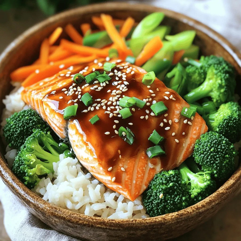 - 2 salmon fillets (approximately 6 oz each) - 1 cup jasmine rice - 1 cup broccoli florets - 1 medium carrot, peeled and julienned - 2 tablespoons teriyaki sauce - 1 tablespoon low-sodium soy sauce - 1 tablespoon sesame oil - 1 teaspoon grated fresh ginger - 1 clove garlic, finely minced - ¼ cup green onions, finely chopped - Sesame seeds for garnish - Avocado slices The main ingredients for your teriyaki salmon rice bowls start with fresh salmon fillets. I love using salmon because it is rich in healthy fats and has a great flavor. Jasmine rice is my go-to for this recipe. Its fluffy texture pairs well with salmon. Next, let's talk about vegetables. I choose broccoli and carrots for their bright colors and crunch. They add great nutrition and balance to the dish. You can also mix in other veggies if you want. The marinade is key to making this dish pop. Teriyaki sauce gives the salmon a sweet and savory taste. The soy sauce adds depth, while sesame oil gives a nice nutty flavor. Fresh ginger and garlic add a fragrant kick that brightens the whole dish. For garnishes, I suggest green onions for a bit of sharpness. Sesame seeds add a nice crunch and look pretty on top. If you want, you can add avocado slices for creaminess. This dish is all about layers of flavor and fresh ingredients. - Rinsing jasmine rice: Start by rinsing 1 cup of jasmine rice under cold water. Keep rinsing until the water runs clear. This helps remove extra starch and makes the rice fluffy. - Cooking rice with water or broth: In a medium pot, bring 2 cups of water or vegetable broth to a boil. Once boiling, stir in the rinsed rice. Reduce the heat to low, cover, and let it simmer for 15 minutes. After that, remove it from the heat, keeping the lid on for another 5 minutes to let it steam. - Combining marinade ingredients: While the rice cooks, make the marinade. In a small bowl, mix 2 tablespoons of teriyaki sauce, 1 tablespoon of sesame oil, 1 tablespoon of low-sodium soy sauce, 1 teaspoon of grated ginger, and 1 minced garlic clove. Whisk it together until it is smooth. - Marinating the salmon fillets: Preheat a non-stick skillet over medium heat. Season 2 salmon fillets with salt and pepper. Pour half of the marinade over the salmon and let it marinate for about 5 minutes. - Cooking methods and tips: Place the salmon in the hot skillet, skin-side down. Cook for 4 to 5 minutes until it's golden brown. Carefully flip the salmon and cook for another 4 to 5 minutes. The salmon should be opaque and flake easily with a fork. Brush the salmon with any leftover marinade while it cooks. - Steps to steam broccoli and carrots: In a separate pot, boil a small amount of water. Place 1 cup of broccoli florets and 1 julienned medium carrot in a steamer basket. Steam them for 3 to 4 minutes until they are bright and tender but still crisp. - Plating the rice, salmon, and vegetables: To serve, scoop a generous portion of rice into each bowl. Add one salmon fillet on top. Then, add the steamed broccoli and carrots next to the salmon. - Adding final touches with green onions and sesame seeds: Finish the dish by sprinkling ¼ cup of chopped green onions and some sesame seeds on top. This adds both flavor and a nice look to your meal. - To ensure the salmon is perfectly cooked, look for a light pink color in the center. It should flake easily with a fork. Keep an eye on the cooking time; about 4-5 minutes per side works well. - Achieving fluffy rice is all about rinsing. Rinse jasmine rice under cold water until the water runs clear. This removes extra starch and helps the rice stay light. Use two cups of water or broth for one cup of rice. Let it simmer covered for 15 minutes, then steam for five more. - For more flavor, try adding a splash of rice vinegar or a sprinkle of chili flakes. This gives a nice kick to your dish. You can also mix in a dash of lime juice for freshness. - Adjusting seasoning to taste is key. If you like it salty, add a bit more soy sauce. For sweetness, consider a touch more teriyaki sauce. Taste as you go, and make it yours. - Making the dish visually appealing starts with color. Use bright veggies like green broccoli and orange carrots. Layer them nicely over the rice and salmon. - For serving suggestions, you can add a slice of avocado on the side. A drizzle of extra teriyaki sauce adds shine and flavor. Use chopsticks for a fun experience! {{image_4}} You can switch out the salmon for other proteins. Chicken works great here. Just use boneless, skinless chicken thighs or breasts. Marinate them in the same teriyaki sauce. Cook them in the pan until they are fully done. Tofu is another tasty option. Choose firm tofu for the best texture. Press it to remove extra water, then marinate and cook. Both choices bring their own flavors to the bowl. If you want a different grain, try brown rice or quinoa. Brown rice has a nutty taste and is more fibrous. It takes longer to cook, so plan for about 40 minutes. Quinoa cooks faster and is packed with protein. Rinse it under cold water first, then use two cups of water for one cup of quinoa. Both options add nutrition and a new texture to your dish. You can also mix up the veggies for added nutrition. Snap peas or bell peppers add a nice crunch. Zucchini works well, too. Just slice it and steam or sauté with the other veggies. You can even add spinach or kale for a boost of greens. These changes keep the dish fresh and colorful. To keep your teriyaki salmon rice bowls fresh, place leftovers in an airtight container. Make sure to cool the dish to room temperature before sealing it. Store the bowls in the fridge for up to three days. This helps the flavors stay intact while preventing spoilage. When you want to enjoy your leftovers, reheat them gently. You can use a microwave or a skillet. For the microwave, place the bowl in and heat for about one to two minutes. Stir halfway through to ensure even warming. If using a skillet, add a splash of water to keep the rice moist. Heat over medium until warm, about five minutes. Yes, you can freeze teriyaki salmon rice bowls! To do this, store the rice and salmon separately from the veggies. This way, each component stays fresh. Use freezer-safe containers or bags. They can last up to three months in the freezer. When ready to eat, thaw in the fridge overnight before reheating. To make teriyaki salmon rice bowls, start by rinsing jasmine rice. Cook it in water or broth until fluffy. While the rice cooks, mix teriyaki sauce, sesame oil, soy sauce, ginger, and garlic in a bowl. Marinate salmon fillets in this mixture for about five minutes. Cook the salmon in a skillet until golden. Steam broccoli and carrots until bright and tender. Finally, scoop rice into bowls, top with salmon, veggies, green onions, and sesame seeds. For teriyaki sauce, I recommend a few great store-bought options. Look for low-sodium varieties to keep it healthy. Brands like Kikkoman and Soy Vay offer tasty sauces. You may also find organic options at health stores. Always check the label for added sugars and preservatives. Yes, you can make teriyaki salmon rice bowls in advance. Cook the rice and salmon, then store them separately in the fridge. This way, they stay fresh and tasty. You can steam veggies just before serving for the best texture. Reheat the rice and salmon in the microwave or skillet, then assemble your bowls. Teriyaki salmon rice bowls are quite healthy. Salmon is rich in omega-3 fatty acids, which are great for your heart. Jasmine rice provides energy and fiber. Broccoli and carrots add vitamins and minerals. Overall, this meal is balanced, tasty, and nutritious. You can serve teriyaki salmon rice bowls with various sides. A simple cucumber salad adds a crunchy texture. Edamame is also a great option for added protein. For a pop of freshness, try avocado slices or pickled ginger on the side. Enjoy your meal with chopsticks for a fun touch! This post showed how to make delicious teriyaki salmon rice bowls. We discussed key ingredients, like salmon, jasmine rice, and fresh veggies. I shared step-by-step instructions to ensure you cook perfectly. You learned tips for flavor and great presentation. Now, you can enjoy this tasty dish. Don't forget to try variations and mix up ingredients. Your kitchen can be a fun place to create!