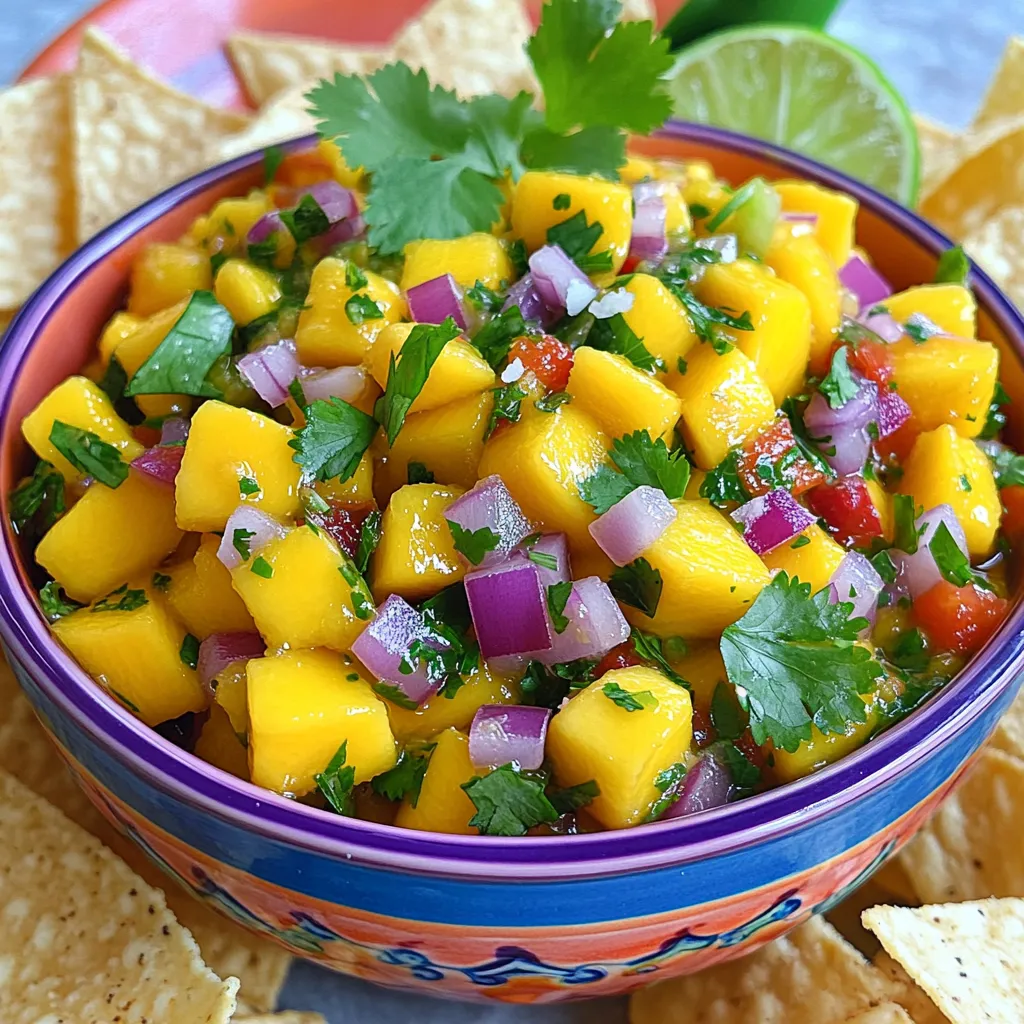 To make Mango Habanero Salsa, gather these fresh ingredients: - 1 ripe mango, peeled and diced into small cubes - 1-2 habanero peppers, seeds removed and finely chopped - 1/2 medium red onion, finely diced - 1/2 bell pepper, diced (red or yellow) - 2 tablespoons freshly squeezed lime juice - 1/4 cup fresh cilantro, finely chopped - Salt, to taste - Optional: 1/2 teaspoon honey Each ingredient plays a key role in creating a balanced flavor. The sweetness of the mango contrasts with the heat of the habanero. The onion adds depth while the lime juice gives a zesty kick. The star of this salsa is the mango. A ripe mango is sweet and juicy. It brings a refreshing taste that lightens the heat from the habanero. When selecting mangoes, look for ones that are slightly soft to the touch. They should have a fruity aroma. Habanero peppers provide the heat. Their spicy flavor can be intense. Start with one pepper if you prefer less heat. Always remove the seeds, as they carry most of the spice. Wearing gloves can help avoid skin irritation while handling them. You can enhance your salsa with a few optional ingredients. A touch of honey adds sweetness. This balances the heat from the peppers. If you want more texture, consider adding diced avocado. For a tangy twist, a splash of apple cider vinegar works well. You can also add chopped jalapeños for extra spice. Feel free to mix and match based on your taste! To start, you need a ripe mango. First, peel the mango carefully. Watch out for the large pit inside. After peeling, dice the mango into small cubes. Aim for uniform pieces for even mixing. Once diced, place the mango cubes in a mixing bowl. The mango adds sweetness to the salsa. Habanero peppers pack a punch! To handle them safely, wear gloves. This keeps the oils off your skin. Slice the habanero peppers lengthwise. Remove the seeds for less heat if you want. Finely chop the peppers and add them to the mango bowl. If you love spicy food, add more peppers for extra heat. Now it’s time to mix! Add the finely diced red onion and bell pepper to the bowl. Then, squeeze fresh lime juice over everything. This adds brightness and helps blend the flavors. Toss in the chopped cilantro and salt. If you like, you can add honey for a hint of sweetness. Gently stir the mixture. Be careful not to mash the mango. Let the salsa rest for 15-30 minutes. This resting time lets the flavors meld together beautifully. Enjoy the vibrant colors and fresh taste! To make your mango habanero salsa just right, adjust the heat to your taste. Start with one habanero for a mild kick. If you like it hotter, add more. Remove the seeds and ribs for less heat. Always taste as you go. This helps you find the balance you enjoy best. Mango habanero salsa shines with crispy tortilla chips. It also pairs well with grilled chicken or fish. Try it on tacos for a fresh twist. You can even mix it into a salad for extra flavor. Serve it in a bright bowl, and garnish with cilantro for a fun look. Store leftover salsa in an airtight container. It will keep in the fridge for up to three days. The flavors will get better as it sits. If it gets too watery, drain some liquid before serving again. Always give it a gentle stir to mix the flavors back together. {{image_4}} You can make your mango habanero salsa even more fun by adding other fruits. Try diced pineapple, kiwi, or papaya. These fruits add sweetness and texture. Each fruit brings a unique flavor that complements the mango. Mixing fruits gives a fresh twist to the salsa. You can also use berries for a pop of color. Just remember to keep the fruit pieces small for a nice blend. You can control the heat of your salsa by adjusting the habanero peppers. If you want a milder salsa, use just one pepper. You can also remove all the seeds to lessen the heat. For more spice, add extra chopped habanero. You could even mix in jalapeños for a different kick. Always taste the salsa as you go. This way, you can get the heat just right for your taste. This salsa is naturally vegan and gluten-free, making it a great choice for everyone. You can enjoy it with chips, on tacos, or as a topping for grilled meats. If you want to add protein, consider black beans or chickpeas. These additions enhance the flavor while keeping it healthy. Always check that any chips or tortillas you use are gluten-free if needed. This salsa is versatile and fits many diets. Mangoes are sweet and full of nutrients. They contain vitamins A and C, which help keep your skin healthy. Mangoes also have fiber, which aids digestion. Habanero peppers add a spicy kick. They contain capsaicin, which may boost metabolism and help reduce pain. Together, these ingredients make a tasty and healthy dip. Each serving of mango habanero salsa has about 50 calories. This number can change based on the amount of honey you add. The mango and veggies provide most of the calories. This salsa is low in calories, making it a great choice for snacks. - Vitamin C: Supports your immune system. - Vitamin A: Good for your eyesight. - Fiber: Helps your digestion. - Capsaicin: May help you burn fat. This salsa is not just tasty; it’s also packed with good-for-you nutrients. Enjoy it with your favorite chips or as a topping! To lower the heat, remove the seeds from the habanero peppers. Use fewer peppers or try a milder pepper, like a jalapeño. Adding more mango or bell pepper can also help. These ingredients will balance the heat and keep the flavor bright. Yes, you can make mango habanero salsa ahead. It tastes even better after resting. Just cover it and store it in the fridge for up to two days. The flavors will meld and create a zesty dip for your next gathering. This salsa goes well with many dishes. It’s great with tortilla chips for dipping. You can also use it as a topping for grilled chicken, fish, or tacos. The bright flavor adds a fun twist to any meal, making it a crowd-pleaser. In this blog post, we explored the vibrant world of Mango Habanero Salsa. We started with fresh ingredients, highlighting the star players: mango and habanero. Then, I shared step-by-step instructions for preparation and mixing, along with tips to balance heat. We looked at tasty variations, health benefits, and common questions. This salsa can elevate any meal. Get creative and adjust it to your taste. Enjoy the bursts of flavor while keeping it healthy!