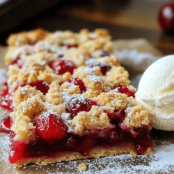 - 2 cups fresh or frozen cherries - 1 cup granulated sugar - ½ cup cold unsalted butter - 1 ½ cups all-purpose flour - ½ cup rolled oats - ½ cup brown sugar - 1 teaspoon cornstarch - 1 teaspoon baking powder - ¼ teaspoon salt - 1 tablespoon freshly squeezed lemon juice - 1 teaspoon pure vanilla extract To make cherry pie crumble bars, you need a mix of fresh or frozen cherries. I love using fresh cherries when they are in season. You will also need granulated sugar to sweeten the cherries. The butter gives the crust a rich flavor. Cold, unsalted butter works best for the crumb texture. Next, all-purpose flour is key. It gives structure to the bars. Rolled oats add a nice chewiness. Brown sugar helps create a deeper flavor. Cornstarch thickens the cherry filling and keeps it from being too runny. Baking powder helps the crumble rise a bit, while salt balances the sweetness. Fresh lemon juice brightens up the cherry flavor, and vanilla extract adds warmth. Each ingredient plays an important role in making these bars tasty and delightful. - Preheat your oven to 350°F (175°C). - Lightly grease a 9x9 inch baking dish or line it with parchment paper. - In a bowl, combine 2 cups of pitted and halved cherries with 1 cup of granulated sugar, 1 tablespoon of lemon juice, and 1 teaspoon of cornstarch. - Toss these ingredients until the cherries are fully coated. Set them aside. This helps the cherries release their juices. - In a large bowl, whisk together 1 ½ cups of all-purpose flour, ½ cup of rolled oats, ½ cup of brown sugar, 1 teaspoon of baking powder, and ¼ teaspoon of salt. - Add ½ cup of cold, cubed butter and 1 teaspoon of vanilla extract to the dry mix. - Use a pastry cutter or your fingers to mix until it looks like coarse crumbs. - Reserve 1 cup of this crumb mixture for the topping. - Press the rest firmly into the bottom of the baking dish to form a solid crust layer. - Evenly spread the cherry mixture over the crust. Make sure the cherries and juices are well distributed. - Sprinkle the reserved crumb topping over the cherries, covering them in an even layer. - Bake in the preheated oven for 30-35 minutes. Look for a golden brown topping and bubbling cherry juices. - Once done, remove the bars from the oven. Let them cool completely in the dish. This cooling step helps the bars to set up properly. - After cooling, cut into bars of your desired size. Enjoy! To get the right crumb texture, use cold butter. Cold butter mixes well and gives a nice crumb. Use a pastry cutter or your fingers to mix until you see coarse crumbs. Be careful not to overmix. This can lead to a tough texture. To prevent a soggy bottom, make sure to press the crust firmly. This helps it hold its shape. Also, bake the crust for a few minutes before adding the cherries. This step helps set the crust and keeps it crisp. You can add spices like cinnamon or nutmeg to the cherry filling. Just a pinch can boost the flavor. Consider adding almond extract for a unique twist. It pairs well with cherries. Try using other fruits, too. Peaches, blueberries, or apples can create different flavor profiles. Mixing fruits can also add more depth to the bars. Serve the cherry pie crumble bars warm or at room temperature. A light dusting of powdered sugar adds a nice touch. For a special treat, add a scoop of vanilla ice cream on top. The creaminess pairs perfectly with the tart cherries. You can also serve them with whipped cream for extra sweetness. {{image_4}} You can use many fruits for your crumble bars. Blueberries, peaches, or apples make great choices. Just swap out the cherries for your favorite fruit. If you want a fun twist, mix different fruits together. Combine strawberries and raspberries for a berry blast. Use peaches and blackberries for a summer delight. The options are endless, and each fruit brings its own special taste. If you're gluten-free, you can still enjoy these bars. Use almond flour or oat flour instead of all-purpose flour. Both will work well in this recipe. For those who want a vegan option, replace the butter with coconut oil or vegan butter. You can also use coconut sugar instead of granulated sugar. These swaps keep the dessert delicious while fitting your diet. Enjoy the bars without worry! To keep your cherry pie crumble bars fresh, store them in an airtight container. You can keep them on the counter for up to two days. If you want to keep them longer, put them in the fridge. They will last about a week that way. For long-term storage, you can freeze the bars. Wrap them tightly in plastic wrap, then place them in a freezer-safe bag. They can last up to three months in the freezer. When you are ready to enjoy them, simply thaw them in the fridge overnight. To reheat your cherry pie crumble bars, the best method is the oven. Preheat your oven to 350°F (175°C). Place the bars on a baking sheet and heat for about 10 minutes. This will restore their crisp topping and warm the cherry filling. If you like them cold, you can enjoy them straight from the fridge. For a special treat, serve them warm with a scoop of vanilla ice cream. This adds a creamy touch that pairs well with the tart cherries. You can tell the cherry pie crumble bars are done by looking for a few signs. First, the topping should be golden brown. Second, the cherry juices should be bubbling around the edges. Lastly, a toothpick inserted in the center should come out clean. If you see these signs, your bars are ready to come out of the oven! Yes, you can make the cherry filling ahead of time. Just mix the pitted cherries, sugar, lemon juice, and cornstarch as the recipe states. After mixing, store the filling in the fridge. It will keep for a day or two. This saves time when you are ready to bake! If you don’t have fresh cherries, you can use frozen or canned ones. For frozen cherries, just thaw them and drain any excess juice. For canned cherries, drain them well and rinse if desired. Both options work great in this recipe and still taste amazing! To cut the bars evenly, let them cool completely in the dish. Use a sharp knife to slice them into squares or rectangles. If you want uniform pieces, you can mark the cuts lightly before you slice. This will help you make sure they are all the same size! You learned how to make delicious cherry pie crumble bars through simple steps. We covered the key ingredients, prepping the crust, and creating the filling. I shared tips for perfect texture and flavor enhancements, along with ways to store and serve your bars. These treats are fun to make and enjoy. Try different fruits or dietary options to mix things up. With this guide, baking will be easy and enjoyable. Dive into your kitchen and create your own batch today!