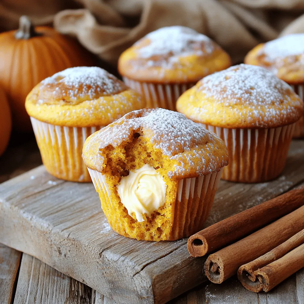 To make these tasty muffins, you need a few key items: - 1 cup canned pumpkin puree - 1/2 cup cream cheese, softened to room temperature - 1/2 cup granulated sugar, divided - 1/4 cup packed brown sugar - 1/2 cup vegetable oil - 2 large eggs, at room temperature - 1 teaspoon pure vanilla extract - 1 1/2 cups all-purpose flour, sifted - 1 teaspoon baking soda - 1/2 teaspoon baking powder - 1 teaspoon ground cinnamon - 1/2 teaspoon ground nutmeg - 1/4 teaspoon ground ginger - 1/4 teaspoon salt These ingredients create a moist muffin with creamy filling and warm spices. When you shop for ingredients, look for the best options: - Pumpkin Puree: Choose 100% pumpkin without additives. - Cream Cheese: Select a full-fat cream cheese for richness. - Spices: Freshly ground spices give more flavor than old ones. - Eggs: Use eggs at room temperature for better mixing. - Flour: Sift all-purpose flour before measuring for light muffins. Quality ingredients make a big difference in taste and texture. You can add fun twists to your muffins: - Chopped nuts: Walnuts or pecans add crunch. - Chocolate chips: For a sweet touch, mix in some chocolate. - Dried fruit: Raisins or cranberries can add sweetness. - Zest: Lemon or orange zest brightens the flavor. Feel free to mix and match these options to create your own unique muffins! First, preheat your oven to 350°F (175°C). This step is key for even baking. Next, get your muffin tin ready. You can use paper liners or grease it with cooking spray. In a large bowl, mix the canned pumpkin puree, vegetable oil, both sugars, eggs, and vanilla extract. Use a whisk to blend everything well. It should look smooth and creamy. Now, take a medium bowl. Beat the softened cream cheese with an electric mixer. Mix it on medium speed until it is nice and creamy. Gradually add 1/4 cup of granulated sugar to the cream cheese. Make sure it is well combined. Set this mixture aside for later. Take your muffin batter and scoop half into each muffin cup. Fill them evenly. Next, add a dollop of the cream cheese mixture on top of the batter in each cup. Cover it with the remaining pumpkin batter. Bake the muffins in the preheated oven for 18-20 minutes. To check if they are done, insert a toothpick into the center. If it comes out clean, they are ready. Let the muffins cool for about 5 minutes in the pan. Then, transfer them to a wire rack to cool completely. To keep your muffins moist, use canned pumpkin puree. It adds moisture and flavor. Make sure your eggs are at room temperature. This helps the batter mix smoothly. Avoid overmixing the batter. Mix just until combined to prevent dryness. You can swap vegetable oil for applesauce. This change reduces fat and adds natural sweetness. Use whole wheat flour instead of all-purpose flour for more fiber. You can also cut the sugar in half. The muffins will still taste great! Don’t skip the spices! They bring warmth and depth. Add a pinch of cloves for extra warmth. If you love nutmeg, increase it slightly for a bolder taste. Experiment with pumpkin pie spice, too. It creates a rich and cozy flavor profile. {{image_4}} You can easily make gluten-free pumpkin cream cheese muffins. Just swap regular flour for gluten-free flour. Look for a blend that works well for baking. Many brands offer a one-to-one substitute. This way, you do not lose taste or texture. To make vegan pumpkin cream cheese muffins, replace the eggs with flax eggs. Mix one tablespoon of ground flaxseed with three tablespoons of water. Let it sit for a few minutes to thicken. Use a non-dairy cream cheese for the filling. Coconut or almond milk can replace the vegetable oil. These swaps make your muffins plant-based and delicious. You can enhance your muffins by adding fun extras. Consider adding chopped walnuts or pecans for crunch. Chocolate chips can make them sweeter and more indulgent. Dried cranberries or raisins add a fruity kick. Just mix in half a cup of your choice before baking. This adds new flavors and textures to every bite. Store your pumpkin cream cheese muffins in an airtight container. This keeps them fresh for longer. Place parchment paper between layers to prevent sticking. Make sure they cool completely before storing. This helps to avoid sogginess. These muffins freeze well. Wrap each muffin in plastic wrap, then place them in a freezer bag. They can last up to three months. To reheat, take a muffin out and let it thaw in the fridge overnight. For a warm treat, microwave it for about 15-20 seconds. I love serving these muffins fresh. Warm them slightly before serving. Dust them with powdered sugar for a pretty touch. Pair them with a cup of coffee or tea for a cozy snack. For a fun twist, try adding a dollop of whipped cream on top. Yes, you can use fresh pumpkin. First, cook the pumpkin until soft. Then, scoop out the flesh and mash it until smooth. Make sure to drain excess water for a thick puree. This may change the taste slightly, but it will be delicious. The best way to measure flour is to use the spoon and level method. First, fluff up the flour in its container. Then, spoon it into a measuring cup. Do not pack it down. Finally, use a straight edge to level off the top. This gives you the right amount. To check if muffins are done, insert a toothpick into the center of a muffin. If it comes out clean or with a few crumbs, the muffins are done. If the toothpick has wet batter, bake for a few more minutes. This ensures they are baked through. These pumpkin cream cheese muffins are a tasty treat. We covered all the key ingredients, from essentials to optional choices. Quality matters when picking your ingredients, so choose wisely. I shared step-by-step baking instructions to help you succeed. You now have tips for moisture, health swaps, and flavor boosts. Plus, I included fun variations like gluten-free and vegan options. Remember to store muffins properly to keep them fresh. Enjoy your baking journey! You’ll create delicious muffins everyone will love.