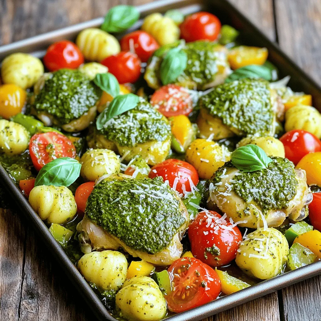 - 4 boneless, skinless chicken thighs - 1 pound gnocchi - 1 cup cherry tomatoes, halved - 1 bell pepper, sliced - 1 medium zucchini, chopped I love using chicken thighs for this dish. They stay juicy and tender. Gnocchi adds a nice chewy texture that pairs well with the veggies. Cherry tomatoes burst with flavor when roasted. Choose any bell pepper; they all add color and sweetness. Zucchini brings a lovely crunch, making every bite exciting. - 4 tablespoons pesto - 2 tablespoons olive oil - Salt and pepper, to taste - Fresh basil leaves, for garnish - Grated Parmesan cheese, for serving Pesto is key in this recipe. It adds a fresh, herby flavor that brightens the dish. Olive oil helps everything roast well and adds richness. Don’t skip the salt and pepper; they enhance all the flavors. Fresh basil gives a nice aroma and looks great on top. Finally, a sprinkle of Parmesan cheese adds creaminess and depth. 1. Preheat your oven to 400°F (200°C). This heat will help cook the chicken and veggies just right. 2. On a large sheet pan, lay out the four chicken thighs. Drizzle 1 tablespoon of olive oil over them. 3. Season the chicken with salt, pepper, and half of the pesto. Rub it in well for great flavor. 1. In a bowl, mix the gnocchi, halved cherry tomatoes, sliced bell pepper, and chopped zucchini. 2. Add the remaining 1 tablespoon of olive oil. Season with salt and pepper to taste. 3. Pour in the rest of the pesto and toss everything together. Make sure all the pieces are well coated. 1. Spread the gnocchi and veggies around the chicken on the sheet pan. Give them space for even cooking. 2. Place the sheet pan in the hot oven. Bake for about 25-30 minutes. 3. Check that the chicken reaches an internal temperature of 165°F (75°C). The gnocchi should turn golden and crisp on the edges. Once done, let the pan cool for a few minutes. This helps the flavors blend! To ensure your chicken is cooked properly, use a meat thermometer. The chicken should reach 165°F (75°C) in the thickest part. This guarantees it is safe to eat. Keep an eye on the gnocchi too. For crispy edges, spread them out well on the pan. If they touch too much, they may steam instead of crisp. Using homemade pesto gives the best flavor. It’s fresh and vibrant. If you’re short on time, store-bought pesto works well too. You can add a dash of red pepper flakes or garlic powder for extra spice. These small changes can elevate your dish. For a rustic presentation, serve straight from the sheet pan. This keeps it casual and fun. If you want something more elegant, plate the food individually. Add a drizzle of extra pesto for a pop of color. Fresh basil leaves make a lovely garnish too. They add both flavor and beauty to your meal. {{image_4}} You can easily switch up the veggies in your dish. Try using broccoli, asparagus, or spinach instead of zucchini. Each option adds a unique taste and texture. If you want to change the protein, chicken is great, but turkey or tofu work well too. Turkey provides a leaner meat option, while tofu is perfect for a vegetarian twist. Pesto is key to this dish, but you have options! You can try sun-dried tomato pesto for a rich, tangy flavor. Arugula pesto gives a peppery kick that many enjoy. Want some heat? Add red pepper flakes or diced jalapeños. This spice will give your meal an exciting kick. You can adjust the heat level to fit your taste, so feel free to experiment! To keep your Sheet Pan Pesto Chicken and Gnocchi fresh, follow these tips: - Use airtight containers. This helps keep moisture in and air out. - Store in the fridge. Place the leftovers in the fridge within two hours of cooking. - Duration for storage. You can keep them for up to three days. After that, the quality may drop. When it's time to enjoy your leftovers, reheating is key. Here are some great methods: - Oven reheating. Preheat the oven to 350°F (175°C). Place the dish in a covered oven-safe dish. Heat for about 15-20 minutes. - Microwave reheating. Use a microwave-safe plate and cover it with a damp paper towel. Heat in short bursts, about one minute each. - Maintain crispness. If you want to keep the gnocchi crispy, using the oven is best. Avoid the microwave for this dish. Can I use frozen gnocchi? Yes, you can use frozen gnocchi. Just add them to the pan without thawing. They will cook well in the oven and absorb the flavors of the pesto and veggies. How do I know when the chicken is fully cooked? The chicken is fully cooked when it reaches an internal temperature of 165°F (75°C). You can check this with a meat thermometer. The chicken should look golden brown and juices should run clear. What is the serving size for this recipe? This recipe serves four people. Each person gets one chicken thigh and a good portion of gnocchi and vegetables. Nutritional information breakdown Each serving contains approximately: - Calories: 450 - Protein: 30g - Carbohydrates: 40g - Fat: 20g - Fiber: 3g Gluten-free options For a gluten-free version, use gluten-free gnocchi. Many brands offer this as an option. Check the label to ensure it meets your needs. Vegetarian adaptations To make this dish vegetarian, omit the chicken. Replace it with extra vegetables like mushrooms or eggplant. You can also add chickpeas for protein. This blog post walked you through a tasty chicken and gnocchi dish. You learned about the main ingredients, seasonings, and step-by-step instructions for easy cooking. I shared tips for perfect results and suggested tasty variations. Remember to store your leftovers well and reheat them properly for the best taste. By trying this dish, you can impress your family and friends. Cooking should be fun and enjoyable. So, get in the kitchen and start making this delicious recipe your own!