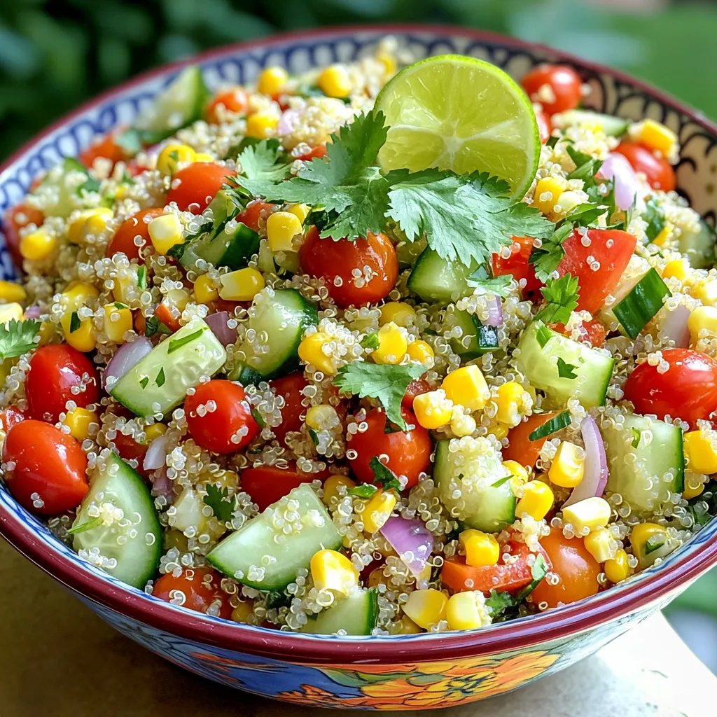 - 1 cup quinoa, thoroughly rinsed and drained - 2 cups coconut water - 1 cup cherry tomatoes, halved - 1 medium cucumber, diced - 1 red bell pepper, diced - 1 cup corn (freshly cooked or canned and drained) - 1/2 cup red onion, finely chopped - 1/4 cup fresh cilantro, chopped The star of this salad is quinoa. It is a gluten-free grain packed with protein. Coconut water adds a sweet, tropical flair. Fresh veggies like cherry tomatoes, cucumbers, and bell peppers give color and crunch. Corn brings a lovely sweetness, while red onion adds a nice bite. Don't forget the cilantro; it gives a fresh taste. - Zest and juice of 2 limes - 1 tablespoon high-quality olive oil - Salt and black pepper to taste The dressing is simple yet bright. Lime zest and juice add tangy flavor. Olive oil brings richness. A pinch of salt and black pepper rounds it all out. Mixing these ingredients creates a vibrant dressing that makes the salad shine. - Diced avocado - Additional herbs Want to make the salad even creamier? Add diced avocado just before serving. Fresh herbs like mint or parsley can elevate the flavor. These add-ins are all about personal taste, so feel free to get creative. To start, combine 1 cup of rinsed quinoa with 2 cups of coconut water in a medium pot. This mix gives the quinoa a light, sweet flavor. Place the pot on medium-high heat and bring it to a strong boil. Once boiling, lower the heat to a gentle simmer. Cover the pot and let it cook for about 15 minutes. The quinoa will absorb the coconut water and become fluffy. After 15 minutes, take it off the heat and let it sit, covered, for 5 more minutes. Finally, fluff it with a fork to separate the grains. While the quinoa cooks, chop your fresh veggies. Use 1 cup of halved cherry tomatoes, 1 diced cucumber, and 1 diced red bell pepper. Add 1 cup of corn, either fresh or canned and drained. Next, use 1/2 cup of finely chopped red onion and 1/4 cup of fresh cilantro. When cutting, try to make even pieces for a nice look and easy eating. Toss all the chopped veggies together in a big bowl. In a small bowl, whisk together the zest and juice of 2 limes, 1 tablespoon of olive oil, and a good pinch of salt and black pepper. This dressing adds brightness to the salad. Taste it, and if you want, adjust the flavors. You can add more lime juice or salt to suit your taste. Once ready, drizzle the dressing over the quinoa salad and mix gently. If you like, fold in diced avocado for extra creaminess just before serving. To get the best quinoa, rinse it well. Rinsing removes bitter saponins. Place quinoa in a fine-mesh strainer. Run cold water over it for about two minutes. This simple step makes a big difference. Next, fluff the quinoa after cooking. Once the quinoa is done, let it sit covered for five minutes. Then, use a fork to fluff it gently. This separates the grains and keeps it light. When serving your salad, use a colorful bowl. A bright bowl makes the salad pop. For individual servings, use small dishes. Top each serving with fresh cilantro and lime wedges. This adds color and freshness. Pair the salad with grilled chicken or shrimp for protein. It also goes great with fish tacos or a veggie wrap. These options complement the salad's bright flavors. Store any leftovers in an airtight container. This keeps the salad fresh for up to three days. If you have avocado in the salad, eat it soon. The avocado can brown quickly. To keep the quinoa from getting mushy, keep dressing separate. Store the dressing in a small jar. Drizzle it over the salad just before serving. This helps maintain the salad's crispness and flavor. {{image_4}} You can easily swap some ingredients in this salad. If you want a change from quinoa, try rice or barley. Both work well and give a different taste. You can also mix in different veggies. For example, try adding diced carrots or chopped kale. Fresh herbs like mint or parsley can add new flavor. This salad is great for many diets. It's already vegan and gluten-free. If you want more protein, add beans or grilled chicken. Chickpeas are a tasty choice too. They add a nice crunch and are filling. Adjust this salad to fit the seasons. In summer, toss in fresh berries or peaches for a sweet touch. In fall, add roasted butternut squash or Brussels sprouts. You can also change the dressing. In winter, use a bit of maple syrup for warmth. This keeps the salad fresh and exciting all year long! Benefits of quinoa Quinoa is a superfood packed with protein. It contains all nine essential amino acids. This makes it a complete protein choice for vegans and vegetarians. Quinoa is also rich in fiber, which aids digestion and helps keep you full longer. It has antioxidants that fight free radicals, supporting overall health. Nutritional value of coconut water Coconut water is low in calories and high in potassium. It helps keep you hydrated. This drink also has natural sugars that give you energy. It is a good source of electrolytes, making it perfect for post-workout recovery. Plus, it adds a hint of sweetness to the salad. Calories per serving Each serving of this salad has about 220 calories. This makes it a light yet satisfying meal. It’s perfect for lunch or a side dish at dinner. Macro and micronutrients - Protein: 6 grams - Carbohydrates: 36 grams - Fiber: 5 grams - Fats: 7 grams - Vitamin C: 15% of the daily value - Iron: 10% of the daily value This nutrient mix supports energy and helps your body function well. Lower-calorie dressing options You can swap the olive oil for a splash of lime juice or vinegar. This change keeps the dressing flavorful while cutting calories. You may also use yogurt for a creamy, tangy dressing without added fats. Ways to boost nutrition Add more veggies like spinach or kale for extra vitamins. You can also toss in some beans for added protein. For a crunch, sprinkle some nuts or seeds on top. These changes make the salad even more nutritious and tasty. Quinoa is a tiny, round grain. It is gluten-free and packed with protein. It cooks fast and has a light, fluffy texture. To cook quinoa, rinse one cup of quinoa under cold water. This step removes its bitter coating. Then, combine it with two cups of coconut water in a saucepan. Bring it to a boil over medium-high heat. Once boiling, reduce the heat to low, cover, and simmer for about 15 minutes. After that, let it sit for five minutes covered. Finally, fluff it with a fork for the best texture. Yes, you can prepare Coconut Lime Quinoa Salad in advance. This salad stays fresh in the fridge. Store it in an airtight container. I recommend making the salad a day ahead. The flavors blend well overnight. If you add avocado, wait until serving to prevent browning. Coconut Lime Quinoa Salad pairs well with many dishes. You can serve it with grilled chicken or fish for protein. It also goes great with a fresh fruit salad. For drinks, I suggest coconut water or a light iced tea. These options enhance the tropical flavor. Enjoy your meal with bright colors and tasty combinations! This blog covered how to make a fresh Coconut Lime Quinoa Salad. We talked about key ingredients like quinoa, coconut water, and fresh vegetables. I shared tips for cooking quinoa and making the dressing. You learned about variations, nutritional benefits, and serving suggestions. Remember, this salad is easy to customize and perfect for any meal. Try it out and enjoy a healthy dish that tastes great! Keep experimenting to find your favorite flavors and ingredients!