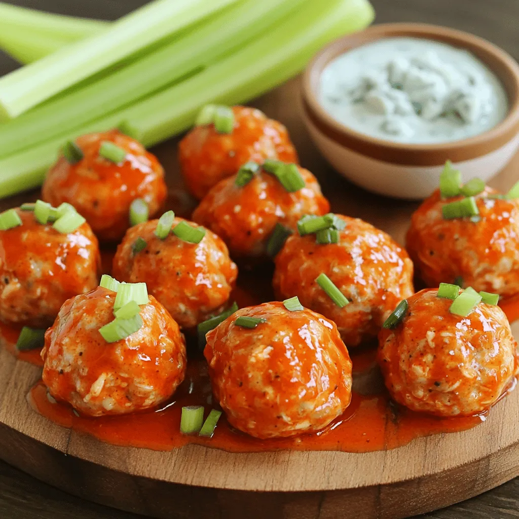 - 1 lb ground chicken - 1/2 cup breadcrumbs (preferably seasoned) - 1/4 cup grated Parmesan cheese - 1/4 cup buffalo sauce - 1/4 cup finely chopped green onions (including green tops for color) - 2 cloves garlic, minced (or 1 teaspoon garlic powder) - 1 teaspoon onion powder - Celery sticks - Blue cheese dressing When I make these spicy buffalo chicken meatballs, I start with ground chicken. It’s lean and holds flavor well. I love using seasoned breadcrumbs for added taste and texture. Grated Parmesan cheese gives them a nice, cheesy bite. Buffalo sauce is key to that spicy kick. I always add fresh green onions for a mild onion flavor and a burst of color. Garlic and onion powder deepen the taste, making each meatball flavorful. For serving, I like to include crunchy celery sticks and blue cheese dressing. They cool down the heat and add a crisp texture. These simple ingredients come together to make an irresistible snack! - Preheat the oven to 400°F (200°C). - Line a baking sheet with parchment paper. This helps with cleanup. - Grab a large mixing bowl. - Measure and add the following ingredients: - 1 lb ground chicken - 1/2 cup breadcrumbs - 1/4 cup grated Parmesan cheese - 1/4 cup finely chopped green onions - 1 large egg - 1/4 cup buffalo sauce - 2 cloves garlic, minced - 1 teaspoon onion powder - 1 teaspoon smoked paprika - Salt and pepper to taste - Shape the mixture into meatballs about 1 inch wide. - Place them on the baking sheet, leaving space between each. - Bake the meatballs for 20-25 minutes. - Check they reach an internal temperature of 165°F (74°C). - For extra flavor, brush more buffalo sauce on top in the last 5 minutes of baking. - Let the meatballs cool for a few minutes before serving. To make great meatballs, avoid overmixing. Mix just until the ingredients blend. If you work the meat too much, it gets tough. The ideal meatball size is about 1 inch in diameter. This size ensures even cooking and a juicy bite. If they are too big, they may not cook through. Adding buffalo sauce for glazing is easy. Brush it on during the last five minutes of baking. This step gives your meatballs a shiny look and extra kick. For maximum flavor, glaze right before you take them out of the oven. This timing helps the sauce stick and intensify the taste. The best dips to pair with these meatballs are creamy blue cheese dressing and ranch. These dips cool the spice and add richness. For serving, arrange the meatballs on a platter. Add crunchy celery sticks around them for color and crunch. This not only looks nice but gives a refreshing contrast to the spicy meatballs. {{image_4}} You can cook spicy buffalo chicken meatballs in different ways. - Baked versus fried meatballs: Baking meatballs is healthier. It allows the fat to drip off. Fried meatballs have a crispy outside but use more oil. Baking at 400°F (200°C) gives a nice texture while keeping them juicy. - Cooking in an air fryer: An air fryer is a great option too. It cooks meatballs quickly and evenly. Preheat it to about 375°F (190°C) and cook for 10-12 minutes. You’ll get a crispy outside without much oil. Adjust the heat of your meatballs easily. - Adjusting heat with different buffalo sauces: Buffalo sauce comes in many heat levels. If you like it mild, choose a milder sauce. For more heat, pick a hot sauce or a spicy version. - Adding spices to customize flavor: You can add spices like cayenne pepper or chili powder for extra kick. Mix them in with the other ingredients before shaping the meatballs. Swap ingredients to fit your taste. - Alternatives for ground chicken: You can use ground turkey or even lean beef. These options still work well, but they may change the flavor slightly. - Substituting breadcrumbs: If you don’t have breadcrumbs, you can use crushed crackers or oats. They help hold the meatballs together just like breadcrumbs do. To keep your spicy buffalo chicken meatballs fresh, store them in an airtight container. This helps prevent drying out and keeps flavors intact. Place a piece of parchment paper between the meatballs to avoid sticking. You can safely refrigerate them for up to three days. After that, they may lose flavor and texture. Freezing is a great option for long-term storage. After cooking, let the meatballs cool completely. Then, place them in a single layer on a baking sheet. Freeze until solid, about one hour. Once frozen, transfer the meatballs to a freezer bag. They can last for up to three months. To enjoy them later, thaw in the fridge overnight and reheat in the oven at 350°F (175°C) until hot. Batch cooking saves time on busy days. Make a large batch of meatballs and store them for quick meals. Use glass or BPA-free plastic containers for best results. Label each container with the date for reference. This way, you can enjoy your tasty meatballs whenever you want! Bake the meatballs for 20-25 minutes at 400°F (200°C). This temperature helps them cook evenly. To be sure they are done, check the internal temperature. It should reach 165°F (74°C). This ensures they are safe to eat. Yes, you can use ground turkey in place of chicken. Turkey offers a lighter flavor and lower fat. Just make sure to check the seasoning, as turkey can be less flavorful than chicken. You might want to add a bit more buffalo sauce or spices. You can try various sauces to change the meatball flavor. Here are some fun options: - Barbecue sauce for a smoky taste. - Teriyaki sauce for a sweet twist. - Honey mustard for a tangy kick. Experiment to find your favorite! Spicy Buffalo Chicken Meatballs are a tasty and fun dish. You learned about key ingredients like ground chicken and buffalo sauce. I shared the best steps for mixing, baking, and serving. Tips helped ensure perfect meatballs and added flavor. Lastly, you discovered variations and storage tips for leftovers. Now, you can try different methods and customize these meatballs to your liking. Enjoy making this dish and impress your friends!