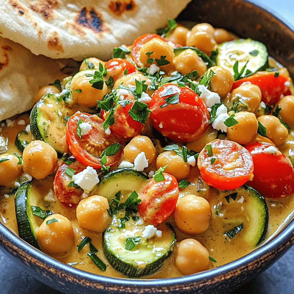 - 2 cans chickpeas, thoroughly rinsed and drained - 1 medium onion, diced - 3 cloves garlic, minced - 1 large red bell pepper, diced - 1 medium zucchini, sliced into half-moons - 1 cup cherry tomatoes, halved - 1 teaspoon dried oregano - 1 teaspoon dried basil - 1/2 teaspoon smoked paprika - 1 cup vegetable broth - 1 cup heavy cream or coconut milk - 1/4 cup feta cheese, crumbled (omit for a vegan version) - 2 tablespoons extra virgin olive oil - Salt and pepper, to taste - Fresh parsley, chopped, for garnish The chickpeas are the star of this dish. They provide protein and fiber. The onion and garlic add depth to the flavor. The red bell pepper and zucchini bring color and sweetness. The cherry tomatoes add freshness and acidity. You can play with flavors by adding: - Spinach or kale for extra greens - Olives for a briny kick - Lemon juice for brightness - Red pepper flakes for heat Feel free to mix and match these options. They let you make the dish your own. Each serving gives you: - Calories: Approximately 400 - Protein: 15 grams - Carbohydrates: 40 grams - Fat: 20 grams - Fiber: 10 grams This dish is balanced. It offers good protein and healthy fats. Plus, it’s packed with veggies. Enjoy it as a filling meal or a side. First, gather all your ingredients. You need: - 2 cans chickpeas, thoroughly rinsed and drained - 1 medium onion, diced - 3 cloves garlic, minced - 1 large red bell pepper, diced - 1 medium zucchini, sliced into half-moons - 1 cup cherry tomatoes, halved - 1 teaspoon dried oregano - 1 teaspoon dried basil - 1/2 teaspoon smoked paprika - 1 cup vegetable broth - 1 cup heavy cream or coconut milk - 1/4 cup feta cheese, crumbled (omit for a vegan version) - 2 tablespoons extra virgin olive oil - Salt and pepper, to taste - Fresh parsley, chopped, for garnish Make sure your vegetables are fresh. This makes a big difference in taste. Heat the olive oil in a large skillet over medium heat. Once the oil shimmers, add the diced onion. Sauté it for 3-4 minutes until the onion looks clear. Next, add the minced garlic, stirring it in for one minute. This brings out its great flavor. Then, add the diced red bell pepper and zucchini. Sauté them for around 5 minutes. They should soften and brighten in color. Now, gently mix in the halved cherry tomatoes and rinsed chickpeas. Add the dried oregano, basil, and smoked paprika. Stir everything together well. Pour in the vegetable broth and turn the heat up to a gentle simmer. Cook this for 8-10 minutes. This allows the broth to reduce and become rich in flavor. Lower the heat and stir in the heavy cream or coconut milk. Mix until smooth. Let it simmer for another 5 minutes. This thickens the dish nicely. If you want, sprinkle in the crumbled feta cheese. Fold it gently into the skillet until mixed. Season the dish with salt and pepper to your taste. Finally, remove the skillet from the heat. Garnish it with chopped fresh parsley right before you serve. Serve the creamy chickpea skillet in bowls, topped with extra parsley and feta. For a complete meal, pair it with warm pita or fluffy quinoa. Enjoy your tasty creation! To get the best texture in your creamy Mediterranean chickpea skillet, pay close attention to the cooking times. Start by sautéing the onion until it’s soft. This step builds a solid base for flavors. When adding garlic, don’t let it brown. Garlic can turn bitter if overcooked. The veggies need to be tender but still have a bit of bite. Aim for bright colors, especially with the red bell pepper and zucchini. Lastly, let the mixture simmer long enough for the cream or coconut milk to thicken. This gives your dish a rich, creamy texture. One common mistake is not rinsing the chickpeas. Canned chickpeas can have a slimy texture if not rinsed well. Another mistake is skipping the seasoning. Salt and pepper enhance all the flavors. If you skip the herbs, the dish can taste bland. Also, avoid cooking at too high a heat when adding the cream. High heat can cause the cream to curdle, ruining the dish. Lastly, don’t forget to taste as you cook. Adjusting flavors along the way makes a big difference. To make your dish a full meal, serve it with warm pita bread. The bread is perfect for scooping up the creamy chickpeas. You can also serve it over fluffy quinoa or rice for added texture. A fresh salad on the side can balance the richness of the skillet. Try a simple garden salad with a light vinaigrette. If you want to add protein, grilled chicken or shrimp pairs well. Don’t forget to sprinkle extra parsley and feta on top for a beautiful presentation! {{image_4}} You can easily make this dish dairy-free. Swap heavy cream for coconut milk. This gives a rich, creamy texture. Omit feta cheese for a vegan version. The dish still tastes amazing without it. You can add nutritional yeast for a cheesy flavor boost. Feel free to customize the dish with different veggies. Try spinach, kale, or artichokes for a fresh twist. You can also use different herbs. Fresh basil or thyme works well. For a spicy kick, add red pepper flakes or jalapeños. Changing the spices can also change the taste. Experiment with curry powder or cumin for a new flavor profile. Seasonal ingredients can enhance the dish. In summer, use fresh zucchini and ripe tomatoes. In fall, add butternut squash for sweetness. Spring is perfect for fresh peas and asparagus. Winter calls for heartier veggies like carrots and parsnips. Using what's in season makes the dish more flavorful and colorful. Plus, it's a great way to support local farmers. To store your creamy Mediterranean chickpea skillet, let it cool first. Use an airtight container. It will last in the fridge for up to three days. Make sure to label the container with the date. For best taste, enjoy it within the first two days. When reheating, do it gently. Use a skillet over medium heat. Add a splash of vegetable broth or water to keep it moist. Stir often to heat evenly. You can also microwave it in short bursts. Cover your dish to trap steam and heat evenly. You can freeze this dish if you want to save it for later. Let it cool completely, then transfer it to a freezer-safe container. It will keep well for up to three months. To reheat, thaw it in the fridge overnight, then follow the reheating tips above. This way, you keep that creamy goodness intact. You can serve this dish with warm pita bread. It adds great texture. Quinoa is another fantastic side. Its fluffy nature complements the creamy chickpeas well. A fresh salad with cucumbers and tomatoes works too. It adds crunch and freshness. Roasted vegetables can also be a nice touch. They bring extra flavor and nutrients to your meal. You might enjoy a light tzatziki sauce on the side. It cools the spice and enhances the dish’s flavors. Yes, you can use dried chickpeas. They require some extra steps. First, soak them overnight in water. This helps them soften. After soaking, cook them in boiling water for about an hour. Check them for tenderness. Once cooked, rinse and drain them before adding to the skillet. This method gives you fresh flavor and texture. Just keep in mind that you'll need more time to prepare. To spice things up, add red pepper flakes. Start with a pinch, then taste and adjust. You can also use diced jalapeños for a fresh kick. If you like hot sauce, drizzle some on top before serving. Another option is to add cayenne pepper to the skillet. Just a little can go a long way. Each of these options will enhance the dish's warmth and flavor. This blog post guides you through making a creamy Mediterranean chickpea skillet. We covered main and optional ingredients, cooking steps, tips, variations, and storage methods. Remember, you can customize the dish with different flavors and textures. Keep these tips in mind to avoid common mistakes. The dish suits any meal and can stay fresh for later. Try adding your spin to keep it exciting. Enjoy creating this vibrant meal that’s both healthy and tasty!