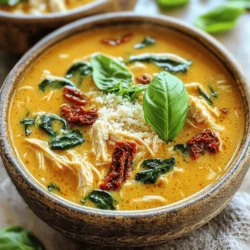 - 1 lb boneless, skinless chicken breasts - 1 cup sun-dried tomatoes, chopped - 1 medium onion, diced - 3 cloves garlic, minced - 4 cups low-sodium chicken broth - 1 cup heavy cream or dairy-free coconut cream - Seasonings: dried oregano, dried thyme, salt, pepper - 2 cups baby spinach - 1/2 cup grated Parmesan cheese (optional) - Fresh basil leaves for garnish The main ingredients create a solid base for your soup. The chicken gives protein and heartiness. Sun-dried tomatoes add a rich, tangy flavor. The onion and garlic bring depth and fragrance to the dish. Next, we have the additional ingredients. The chicken broth helps everything cook well together. The heavy cream or coconut cream makes it rich and creamy. Seasonings like oregano and thyme enhance the taste, while salt and pepper balance the flavors. Fresh ingredients are key for brightening the soup. Baby spinach adds nutrients and color. Parmesan cheese gives extra creaminess, but it's optional. Fresh basil leaves on top look great and add freshness to every bowl. Using these ingredients, you can create a warm, comforting soup that will please everyone. The combination of flavors is amazing, and it makes the kitchen smell wonderful while it cooks. First, I season the chicken. I sprinkle salt and pepper all over the chicken breasts. This adds great flavor. Next, I chop the sun-dried tomatoes into small pieces. I find using tomatoes packed in oil adds more taste. Then, I dice the onion into tiny bits. Lastly, I mince the garlic finely. These will all blend well in the soup. Now, I place the seasoned chicken at the bottom of the slow cooker. Make sure the pieces fit nicely. I layer the chopped sun-dried tomatoes, diced onion, and minced garlic on top of the chicken. This way, all the flavors mix as they cook. After that, I carefully pour in the chicken broth. I ensure the chicken is fully submerged. This helps it cook evenly. I set the slow cooker to low for 6-7 hours. If you’re in a hurry, you can set it to high for 4 hours. When the time is up, I take the chicken out with tongs. I shred it using two forks. It should pull apart easily. Then, I return the shredded chicken back into the pot. I pour in the heavy cream. You can also use coconut cream for a dairy-free option. I mix it gently and let it heat for about 15-20 minutes. Just before serving, I stir in the baby spinach. It wilts quickly in the warm soup, adding color and nutrition. If I choose, I mix in the grated Parmesan cheese. This adds a rich, creamy texture. Now we have a delicious, creamy sun-dried tomato chicken soup ready to enjoy! To make your soup rich and creamy, I suggest using heavy cream. If you want a dairy-free option, coconut cream works well. It adds a nice flavor too. You can also boost the taste by adding more sun-dried tomatoes or a splash of lemon juice. These small changes can make a big impact. Cooking time is key. I recommend using the low setting for a tender chicken. Cooking on low for 6-7 hours gives the best results. If you're in a hurry, the high setting works in about 4 hours. Always check if the chicken is fully cooked. It should shred easily and be moist. Garnishing makes your soup look beautiful. Fresh basil leaves add color and flavor. You can also sprinkle grated Parmesan on top. This adds a nice salty touch. For a full meal, serve the soup with crusty bread or garlic toast. Dipping bread into the soup makes it even better! {{image_4}} You can make this soup dairy-free by using coconut cream. Just swap the heavy cream for an equal amount of full-fat coconut cream. This adds a rich, creamy texture and a hint of coconut flavor. You might also try other dairy-free add-ins. Consider cashew cream or even unsweetened almond milk for a lighter option. Both can blend well with the soup's flavors. If you want to switch up the protein, turkey works great. Use ground turkey or leftover turkey for a fun twist. Tofu is a great option too. Firm tofu can soak up the flavors nicely. For alternative cooking methods, try baking or sautéing your protein first. This adds depth to the soup. Once cooked, add it to the slow cooker like you would with chicken. Feel free to add more greens to your soup. Kale or Swiss chard can boost nutrition while adding great texture. Simply chop them and add when you stir in the spinach. Seasonal vegetables are a fun choice. In spring, try adding asparagus or peas. Fall brings options like butternut squash or carrots. They all mix well with the creamy base and sun-dried tomatoes. - Refrigerated Storage: Let the soup cool first. Transfer it to an airtight container. Store in the fridge. Enjoy within 3-4 days for the best taste. - Freezing Tips: For longer storage, freeze the soup. Use a freezer-safe container or bag. Leave some space for expansion. It can last up to 3 months in the freezer. - Methods: You can reheat the soup on the stovetop or in the microwave. On the stovetop, heat it over medium-low heat. Stir often. In the microwave, use a microwave-safe bowl. Heat in 1-minute intervals, stirring in between. - Preserving Creaminess: When reheating, add a splash of cream if needed. This helps keep the soup creamy and smooth. - Fridge: The soup stays good for about 3-4 days. - Freezer: If frozen properly, it can last for about 3 months. Always check for signs of freezer burn before eating. Yes, you can use frozen chicken. Just make sure to cook it longer. If you use frozen chicken, cook on low for 8-9 hours or high for 5-6 hours. This helps the chicken cook through safely. Always check the chicken’s internal temperature. It should reach 165°F for safe eating. To make the soup thicker, add more cream or let it cook longer. You can also mash some of the chicken and tomatoes in the soup. This adds body to the soup. If you want it thinner, add more broth or cream. Stir well to mix everything together. This soup pairs well with crusty bread or garlic toast. They are great for dipping! You can also serve it with a fresh salad or a side of roasted vegetables. These side dishes add color and nutrition to your meal. Yes, you can make a vegetarian version. Simply replace the chicken with chickpeas or lentils. Use vegetable broth instead of chicken broth. For creaminess, add coconut cream or a non-dairy milk. You can also add more veggies like zucchini or bell peppers for extra flavor. This blog post shared a tasty recipe for Slow Cooker Creamy Sun-Dried Tomato Chicken Soup. We covered essential ingredients, step-by-step cooking, and some helpful tips. You learned how to make it creamy and the best ways to store leftovers. We also shared variations for dairy-free and vegetarian options. Now, you can enjoy this easy and delicious soup anytime. Keep experimenting with flavors to suit your taste. Happy cooking!