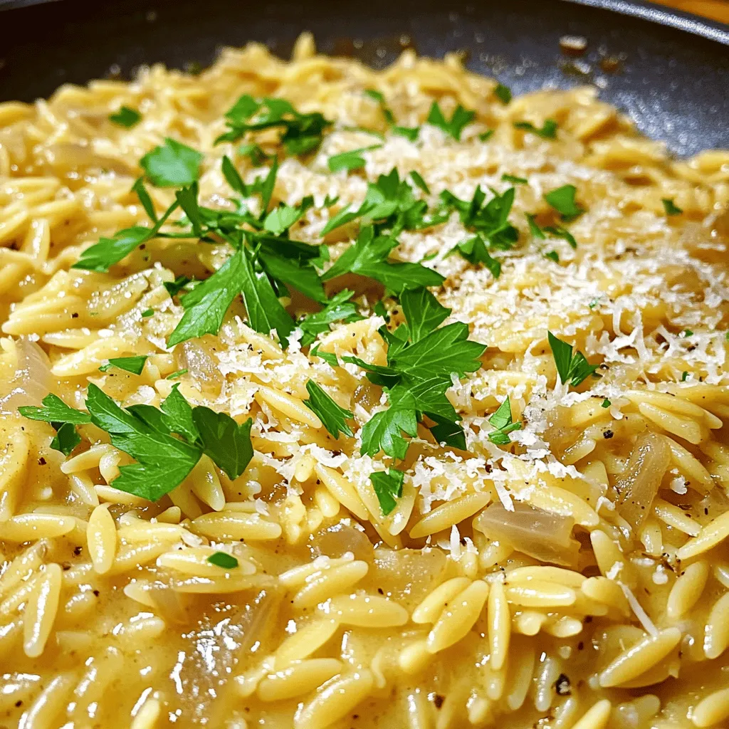 To make creamy garlic Parmesan orzo, gather these items: - 1 cup orzo pasta - 3 cups vegetable broth - 1 tablespoon extra virgin olive oil - 4 cloves garlic, finely minced - 1 small onion, diced - 1 cup heavy cream - 1 cup freshly grated Parmesan cheese - 1 teaspoon garlic powder - 1/2 teaspoon freshly cracked black pepper - Salt, to taste - Fresh parsley, finely chopped (for garnish) You can use any brand of orzo pasta, but I like Barilla for its quality. For vegetable broth, look for low-sodium options from brands like Swanson or Pacific Foods. If you want to adjust the flavor, try chicken broth instead. Heavy cream is best from brands like Horizon or Organic Valley. If you need a lighter version, you can use half-and-half. For those who like more flavor, add extra garlic or use roasted garlic. Fresh ingredients make a big difference in this dish. Fresh garlic gives a stronger taste than jarred. Use fresh parsley for bright color and flavor. Freshly grated Parmesan melts better than pre-grated cheese. This makes your orzo creamy and rich. When you use fresh ingredients, you create a dish that tastes great and looks beautiful. Always choose quality items to make your cooking shine. First, bring the vegetable broth to a gentle simmer in a medium saucepan. This takes just a few minutes over medium heat. Stir it often to help it heat evenly. Once it simmers, add 1 cup of orzo pasta. Cook the orzo according to the package instructions, which is about 8-10 minutes. Stir it gently to stop it from sticking. When done, drain the orzo and set it aside. While the orzo cooks, heat 1 tablespoon of extra virgin olive oil in a large skillet over medium heat. Add 1 small diced onion and sauté for 3-4 minutes. You want the onion to turn soft and see-through. Next, add 4 cloves of finely minced garlic. Sauté for another 1-2 minutes, but be careful not to let the garlic brown. This can make it taste bitter. Lower the heat and pour in 1 cup of heavy cream. Stir well to mix the cream with the onion and garlic. Now, combine the cooked orzo with the creamy mixture in the skillet. Add the orzo along with the broth you cooked it in. Mix everything well until the orzo is coated in the creamy sauce. Gradually fold in 1 cup of freshly grated Parmesan cheese. Add 1 teaspoon of garlic powder, 1/2 teaspoon of black pepper, and salt to taste. Keep stirring for 3-4 minutes until the sauce becomes thick and creamy. If the mixture is too thick, add a splash of reserved broth or water. Once heated through, let it rest for a minute before serving. Garnish with fresh parsley, and enjoy! To get the creamiest texture, use heavy cream. It has a rich fat content that makes your orzo smooth. When you add the cream, lower the heat. This helps prevent the cream from boiling and curdling. Stir the sauce well and keep it warm. This way, the cheese melts perfectly, giving your dish a velvety finish. Timing is key when cooking orzo. Start by cooking the orzo in broth for about 8-10 minutes. Stir it often to keep it from sticking. While the orzo cooks, you can sauté the onion and garlic. This method keeps everything in sync. Once the orzo is ready, mix it into the creamy sauce right away. This keeps the orzo warm and helps it soak up all that flavor. To boost flavor, add freshly grated Parmesan cheese. It melts into the sauce and adds depth. Garlic powder adds an extra punch. Use fresh herbs like parsley for a bright finish. Adjust salt and pepper to taste; this final touch makes a big difference. Don't hesitate to experiment. A splash of lemon juice can add brightness, while red pepper flakes can introduce heat. {{image_4}} You can make this creamy garlic Parmesan orzo even better by adding protein. Chicken works well. Just cook it in the skillet before adding onions. Cut it into small pieces for even cooking. Shrimp is another tasty option. Cook the shrimp until pink and tender. Add it in before mixing the orzo. This adds flavor and makes your meal more filling. Adding vegetables can boost the nutrition of your orzo. Spinach is a great choice. Toss in fresh spinach while the orzo cooks. It wilts down nicely and adds color. Peas are another fun option. Add frozen peas during the last few minutes of cooking. This keeps them bright and sweet. You can use any veggies you enjoy to make this dish your own. If you want a dairy-free version, there are simple swaps. Use coconut cream instead of heavy cream for richness. Nutritional yeast can replace Parmesan cheese. It adds a cheesy flavor without dairy. Look for plant-based butter to use in place of olive oil. These changes keep the dish creamy while meeting dietary needs. To keep your creamy garlic Parmesan orzo fresh, store it in an airtight container. Make sure to let it cool first. You can place it in the fridge for up to three days. If you want to keep it longer, consider freezing it. When you're ready to enjoy your leftovers, reheat the orzo gently. Use a skillet over low heat. Add a splash of broth or water to help it warm up without drying out. Stir often until it’s heated through. You can also use the microwave, but make sure to cover it to keep moisture in. For longer storage, freeze the creamy orzo. Place it in a freezer-safe container or bag. It can last up to three months in the freezer. When you want to eat it, thaw it overnight in the fridge. You can then reheat it as mentioned above. This way, you can enjoy this tasty dish anytime! Yes, you can use other pasta. Options like elbow macaroni or fettuccine work well. Just adjust the cooking time based on the pasta type. For example, smaller pasta cooks faster than orzo, while larger pasta may take longer. Always check the package for specific cooking times. To make this dish gluten-free, simply use gluten-free orzo pasta. Many brands offer this option. The cooking method remains the same. Keep an eye on the cooking time, as gluten-free pasta can cook faster or slower than regular pasta. Always taste your pasta to ensure it's cooked to your liking. Creamy garlic Parmesan orzo pairs well with many dishes. You can serve it alongside grilled chicken, roasted vegetables, or a fresh salad. It also complements seafood, like shrimp or salmon. For a heartier meal, try it with steak or pork chops. The creamy orzo adds a nice balance to these flavors. This blog post covered how to make creamy garlic Parmesan orzo. We discussed key ingredients and brands. I explained cooking steps for the perfect dish. Tips for creaminess and timing rounded out the guide. You can even try fun variations with proteins and veggies. Remember to store your leftovers properly and reheat them well. With these tips, you'll enjoy a tasty orzo dish any time. Happy cooking!
