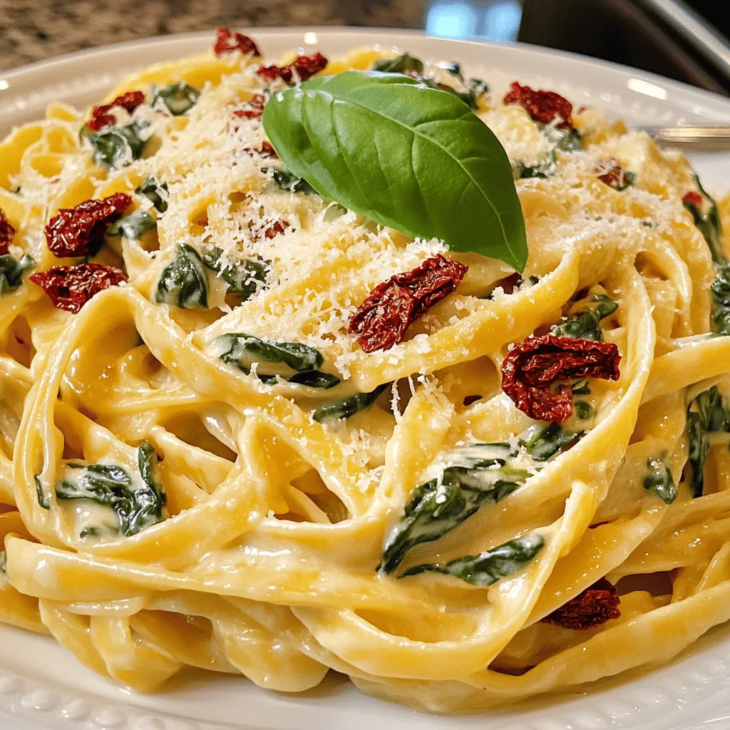 - 8 ounces fettuccine pasta - 1 cup sun-dried tomatoes, chopped - 2 cups fresh baby spinach - 1 cup heavy cream - 1 cup freshly grated Parmesan cheese - 1 tablespoon extra virgin olive oil - 3 cloves garlic, finely minced - Salt and freshly ground black pepper, to taste - Fresh basil leaves for garnish (optional) The main ingredients create a robust base for this dish. Fettuccine pasta offers a chewy texture. The sun-dried tomatoes add a rich, tangy flavor that brightens each bite. Fresh spinach brings color and freshness, making the dish feel light and vibrant. In additional ingredients, heavy cream is key for the sauce's creaminess. Freshly grated Parmesan cheese gives the sauce depth and a nutty flavor. Extra virgin olive oil adds richness and helps sauté the garlic, which forms a fragrant base. For seasoning, minced garlic provides a punch of flavor. Salt and black pepper enhance the dish and balance the richness. Finally, fresh basil leaves add a touch of brightness and a lovely aroma when used as a garnish. This combination of ingredients creates a delicious meal that is simple yet elegant. First, you need to boil salted water in a big pot. It’s important to use enough salt for flavor. Once the water is boiling, add 8 ounces of fettuccine pasta. Cook it until it is al dente, which means it should be firm, not mushy. This usually takes about 8 to 10 minutes. Before you drain the pasta, save ½ cup of the pasta water. This water helps make the sauce creamy later. After saving the water, drain the pasta and set it aside. In a large pan, heat 1 tablespoon of extra virgin olive oil over medium heat. Add 3 cloves of minced garlic and sauté them for about 1 to 2 minutes. You want the garlic to smell nice but not brown. Next, stir in 1 cup of chopped sun-dried tomatoes. Let them cook for 2 minutes. Then, add 2 cups of fresh baby spinach. Stir until the spinach wilts, which should take about 1 to 2 minutes. Now, it’s time to make the Alfredo sauce. Lower the heat and pour in 1 cup of heavy cream. Add 1 cup of freshly grated Parmesan cheese and stir continuously. This helps the cheese melt smoothly into the cream. If the sauce seems too thick, add some of the reserved pasta water a little at a time until you reach the right consistency. Season with salt and freshly ground black pepper to taste. Finally, mix the cooked fettuccine into the sauce. Stir well so the pasta gets coated. Let it heat for another 2 to 3 minutes. Enjoy your creamy Sun-Dried Tomato Spinach Alfredo! To make a great Alfredo sauce, start with high-quality Parmesan cheese. It melts better and gives a richer flavor. Grate it fresh for the best taste. If the sauce becomes too thick, use the reserved pasta water. This water has starch that helps loosen the sauce while keeping it creamy. For an extra kick, add a pinch of red pepper flakes. This brings warmth and depth to the dish. You can also add lemon juice. A splash of lemon brightens the flavors and adds a fresh note. Just a little goes a long way. Be careful not to overcook the spinach. It only needs a minute or two to wilt. Stir continuously when you add the cream. This ensures the sauce blends well and doesn’t separate. Keeping everything moving helps you create a smooth and rich sauce. {{image_4}} You can make your Sun-Dried Tomato Spinach Alfredo even better with proteins. - Grilled chicken: Add juicy grilled chicken slices on top. They add great flavor and texture. Cook the chicken separately, season it, and slice before serving. - Shrimp: For a seafood twist, toss in some shrimp. Sauté them in olive oil till they turn pink. This works well with the creamy sauce. Adding veggies can boost flavor and nutrition. - Broccoli: Steam or blanch broccoli florets. Stir them into the pasta before serving. They add a nice crunch and color. - Peas: Frozen peas are easy to use. Just add them to the sauce for a pop of sweetness. They blend well with the creamy texture. You can switch up the sauce for different tastes. - Vegan Alfredo: Use cashew cream or coconut milk instead of heavy cream. This makes a rich, dairy-free sauce that’s still creamy. - Garlic butter sauce: For a simpler flavor, melt butter with minced garlic. This sauce pairs nicely with the sun-dried tomatoes. Just drizzle it over your dish. Feel free to mix and match these options. Each variation brings its own unique twist to your meal! To store leftovers, let the Sun-Dried Tomato Spinach Alfredo cool first. Place it in an airtight container. This helps keep it fresh. Use glass or plastic containers with tight lids. These will prevent spills and keep flavors intact. The best methods for reheating are the stovetop or microwave. For the stovetop, heat gently in a pan over low heat. Stir often to prevent sticking. If using a microwave, heat in short bursts. Stir between each burst to heat evenly. This keeps the creamy texture smooth and prevents it from separating. Yes, you can freeze Sun-Dried Tomato Spinach Alfredo. However, the texture may change after thawing. To freeze, let it cool completely. Transfer to a freezer-safe container. Leave some space at the top for expansion. When ready to eat, thaw in the fridge overnight. Reheat gently to restore the dish's creamy goodness. You can pair this dish with many sides. Here are some great options: - Garlic bread for a crunchy bite - Steamed broccoli for a healthy touch - Roasted asparagus for a savory flavor - A fresh garden salad for crispness For salads, consider these pairings: - Caesar salad for a classic mix - Caprese salad for fresh tomatoes and basil - Spinach salad with nuts for a crunchy texture Sun-Dried Tomato Spinach Alfredo lasts up to three days in the fridge. Store it in an airtight container for best results. Look for these signs of spoilage: - Unpleasant smell - Mold growth on the surface - Changes in color or texture Yes, you can prepare Sun-Dried Tomato Spinach Alfredo ahead of time. Here are some tips for meal prepping: - Cook the pasta and sauce separately. - Store the sauce and pasta in separate containers. - Combine them just before serving. For reheating, follow these best practices: - Use a microwave-safe dish or stovetop. - Add a splash of cream or pasta water for moisture. - Heat slowly to avoid separation. In this blog post, we explored a delicious Sun-Dried Tomato Spinach Alfredo. We covered the main ingredients like fettuccine, spinach, and sun-dried tomatoes. You learned how to cook the pasta and make the rich sauce. Tips helped you perfect the dish, and we offered tasty variations. Remember, this recipe is flexible. You can add proteins or veggies to suit your taste. Enjoy this creamy, flavorful meal any time!