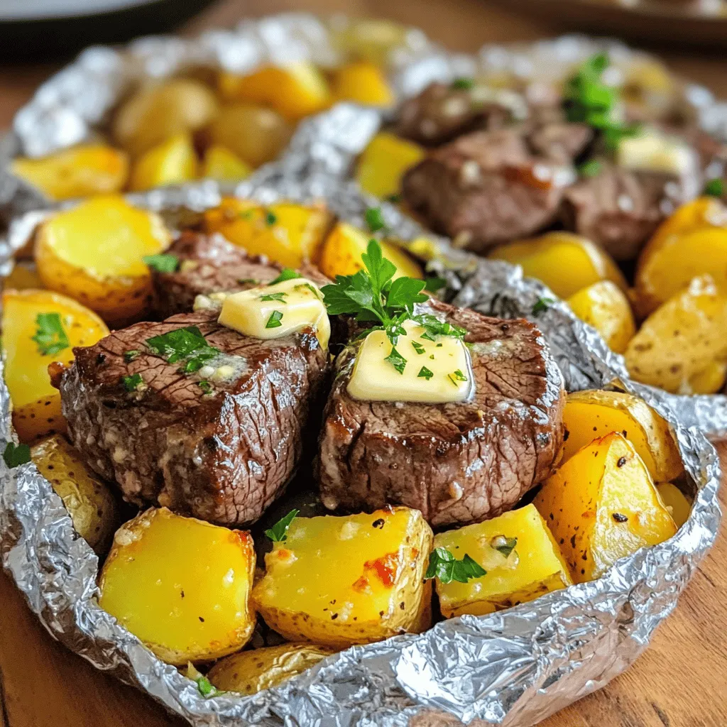 - 1 lb sirloin steak, cut into bite-sized cubes - 4 medium potatoes, diced into 1-inch pieces - 4 cloves garlic, minced - 4 tablespoons unsalted butter, melted - 1 teaspoon dried rosemary - 1 teaspoon dried thyme - Salt and freshly ground black pepper to taste - Fresh parsley, finely chopped The main ingredients create a hearty meal. The sirloin steak gives great flavor. The potatoes add substance and texture. Garlic brings a savory touch that complements the steak well. For seasonings, unsalted butter adds richness. Rosemary and thyme provide aromatic notes. Salt and pepper enhance the dish’s overall taste. Finally, fresh parsley adds a vibrant pop of color. It also brightens the dish with its fresh flavor. First, preheat your grill or oven to 400°F (200°C). This step is key for even cooking. A hot grill or oven helps seal in the flavors. Next, grab a large mixing bowl. Combine 1 pound of sirloin steak cubes and 4 medium diced potatoes. Pour in 4 tablespoons of melted unsalted butter. Add 4 minced garlic cloves, 1 teaspoon of dried rosemary, and 1 teaspoon of dried thyme. Sprinkle in some salt and freshly ground black pepper. Gently toss everything together. Make sure all ingredients are coated in butter and seasonings. Now, tear off four pieces of aluminum foil. Each piece should be about 12x12 inches. This size is perfect for making your foil packs. Distribute the steak and potato mixture evenly among the four pieces. Ensure each pack has enough steak and potatoes. Carefully fold up the edges of each foil piece. Seal each packet tightly. Make sure there are no openings for steam to escape during cooking. Place the foil packs on the preheated grill or a baking sheet in the oven. Cook for about 25-30 minutes. Flip the packets halfway through to ensure even cooking. They are ready when the potatoes are tender, and the steak is cooked to your liking. - Flip the packets halfway through cooking. This helps the steak and potatoes cook evenly. - Check the steak doneness with a meat thermometer. Aim for 130°F (54°C) for medium-rare. Cooking time can vary based on the grill or oven. Keep an eye on the packets. You want tender potatoes and juicy steak. - Use fresh herbs like rosemary or thyme for more flavor. - Add spices like paprika or cayenne for heat. Feel free to experiment with what you love. Each twist can give a new taste to the meal. - Always use caution when opening the foil packs. Steam will escape and can burn you. - Open packets slowly and away from your face. Careful handling makes this meal safe and fun. Enjoy the delicious aroma of your cooking! {{image_4}} You can switch up the proteins in this dish for variety. - Chicken options: Use boneless chicken thighs or breasts. Cut them into bite-sized pieces. Chicken cooks well with the same garlic butter mix. It will be juicy and full of flavor. - Vegan alternatives: Try using firm tofu or tempeh. Cut them into cubes and marinate with the same spices. They soak up flavors nicely and are great for a plant-based meal. Adding more vegetables makes your foil packs colorful and nutritious. - Bell peppers: Slice them into strips. They add a sweet crunch. Toss them in with the steak and potatoes for a tasty mix. - Onions and mushrooms: Chop onions and slice mushrooms. These veggies add depth to the flavor. They caramelize well while cooking and provide a savory touch. Give your foil packs an extra kick with these simple additions. - Adding cheese: Sprinkle your favorite cheese on top before sealing the packets. Cheddar or mozzarella work great. They melt beautifully and add creaminess. - Using different marinades: Try a soy sauce or teriyaki marinade for a bold twist. You can mix it with the garlic butter for added flavor. This change can take your dish from good to amazing! To store leftovers, first let the foil packs cool down. After cooling, carefully open the packs and transfer the contents to an airtight container. You can keep them in the fridge for up to three days. Make sure to label your container with the date. This helps you know when to eat them. If you want to save your meal for later, you can freeze it. Place the cooled steak and potatoes in a freezer-safe container or a heavy-duty freezer bag. Remove as much air as possible to prevent freezer burn. You can freeze it for up to three months. When you’re ready to eat, let it thaw in the fridge overnight. To reheat, you have a few options. The best way is to use the oven. Preheat your oven to 350°F (175°C). Place the contents in a baking dish and cover with foil. Heat for about 15-20 minutes or until warm. This method keeps the texture nice. You can also use the microwave. Just place it in a microwave-safe dish and heat in short bursts, stirring in between. This ensures even heating without drying it out. Garlic Butter Steak & Potato Foil Packs take about 25-30 minutes to cook. You can cook them on a grill or in an oven preheated to 400°F (200°C). Flipping the packets halfway helps cook everything evenly. Check for doneness by piercing the potatoes. They should be tender, and the steak should be cooked to your liking. Cooking times may vary based on your grill or oven, so keep an eye on them. Yes, you can use other cuts of steak. Ribeye or flank steak work well too. These cuts add flavor and tenderness. If you prefer leaner meat, try sirloin. Just remember to cut the meat into bite-sized pieces for even cooking. When choosing steak, look for good marbling, as it helps keep the meat juicy. Garlic Butter Steak & Potato Foil Packs are great on their own, but you can add sides. Fresh salad, steamed green beans, or corn on the cob complement the meal well. You can also serve with a side of garlic bread for a tasty twist. Feel free to mix and match to suit your taste! In this post, we explored how to make Garlic Butter Steak & Potato Foil Packs. We covered key ingredients like sirloin steak, potatoes, and garlic, along with seasonings and extras. I shared step-by-step instructions, tips for cooking, and variations to customize your meal. By following these steps, you can create a tasty and easy dish. Enjoy experimenting with different flavors and ingredients. Happy cooking!