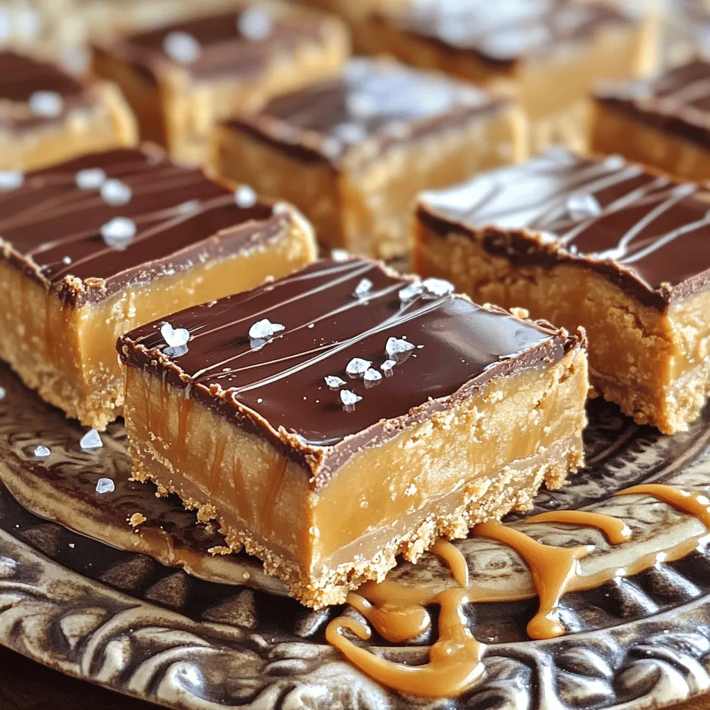 - 1 cup creamy peanut butter - 1/2 cup unsalted butter, melted - 1/2 cup packed brown sugar - 1/2 cup granulated sugar - 1 teaspoon pure vanilla extract - 1 1/2 cups graham cracker crumbs - 1/8 teaspoon fine sea salt - 1/2 cup salted caramel sauce (store-bought or homemade) - 1/2 cup semi-sweet chocolate chips - Flaky sea salt for topping You can swap creamy peanut butter for crunchy peanut butter. This gives your bars extra texture. If you need a dairy-free option, use coconut oil instead of unsalted butter. Maple syrup can replace brown sugar for a different flavor. You can also use almond flour instead of graham cracker crumbs for a gluten-free bar. Use creamy peanut butter for a smooth mix. It blends well with the other ingredients. When choosing your caramel sauce, go for high-quality brands for the best taste. Flaky sea salt adds a lovely contrast to the sweet bars. Always melt your chocolate in short bursts to avoid burning. This keeps it smooth and easy to drizzle. First, set your oven to 350°F (175°C). This helps the bars bake evenly. Take an 8x8 inch baking pan and grease it lightly. You can also line it with parchment paper. This way, your bars will come out easily once they cool. In a large bowl, combine 1/2 cup of melted unsalted butter and 1 cup of creamy peanut butter. Add in 1/2 cup of packed brown sugar and 1/2 cup of granulated sugar. Don’t forget to add 1 teaspoon of pure vanilla extract. Mix everything until it is smooth and well combined. You want a nice, creamy texture for the base. Gradually add 1 1/2 cups of graham cracker crumbs and 1/8 teaspoon of fine sea salt into the peanut butter mixture. Stir until you have a thick, cohesive mix. Next, pour half of this mix into your prepared pan. Press it down firmly to form the base layer. Now, drizzle half of the 1/2 cup of salted caramel sauce over the base. Use a spoon to spread it evenly. Then, add the remaining peanut butter mix over the caramel. Press it down again to smooth it out. In a small bowl, add 1/2 cup of semi-sweet chocolate chips. Microwave them in 30-second bursts. Stir between each burst until the chocolate is fully melted. Drizzle this melted chocolate over the top layer of the bars. For a fun effect, gently swirl it with a spatula to mix it with the caramel below. Bake your bars in the preheated oven for 25-30 minutes. Look for golden edges and a set center. Once done, take the pan out and let it cool completely. This makes slicing easier. After cooling, cut your bars into equal squares. Enjoy your delicious creation! To make your Salted Caramel Peanut Butter Bars perfect, follow these steps: - Use fresh ingredients. Fresh peanut butter and butter give the best flavor. - Measure accurately. Use a proper measuring cup for both liquid and dry ingredients. - Mix well. Ensure your peanut butter mixture is smooth for a perfect texture. - Press firmly. When layering, press down the mixture to avoid crumbling. - Cool completely. Allow bars to cool fully before cutting to maintain shape. You may face some issues while making these bars. Here are solutions: - Bars are too crumbly. This may happen if you did not mix well. Add a bit more melted butter. - Too sweet. If your bars taste too sweet, reduce the amount of sugar next time. - Chocolate not melting smoothly. Heat in shorter bursts and stir often to avoid burning. - Caramel sauce is too runny. Let it cool slightly before drizzling on the bars. Serve these bars in fun ways. Here are some ideas: - Plate them nicely. Cut bars into squares and use a decorative platter. - Add extra toppings. Drizzle more caramel or chocolate for a gourmet touch. - Garnish with nuts. Chopped peanuts add crunch and enhance the flavor. - Pair with drinks. Enjoy with a glass of milk or a hot cup of coffee. These tips will help you create delicious Salted Caramel Peanut Butter Bars every time! {{image_4}} You can add nuts to make these bars even better. Chopped peanuts or almonds work great. Just mix in 1/2 cup of your chosen nuts with the peanut butter mixture. This extra crunch adds texture and a nice nutty flavor. If you prefer, you can also use walnuts or pecans. These options will give your bars a lovely twist. Switching up the caramel sauce can change the whole taste. Try butterscotch or chocolate caramel for a fun twist. You can also use flavored caramel, like sea salt or espresso. Each sauce brings its own flair. Just make sure the sauce is thick enough to layer well. To make these bars gluten-free, replace graham cracker crumbs with gluten-free options. Almond flour or gluten-free cookies can work as good substitutes. Just ensure they match the texture of regular crumbs. This way, everyone can enjoy the bars, no matter their dietary needs. After making these tasty bars, let them cool completely. Cut them into squares and place them in an airtight container. Store the bars at room temperature for up to three days. If you want them to last longer, refrigerate them. They will stay fresh for about a week when stored properly. To freeze these delicious bars, cut them into individual pieces first. Wrap each piece tightly in plastic wrap. Then, place the wrapped bars in a freezer-safe bag or container. They can stay in the freezer for up to three months. When you want to enjoy them, let them thaw in the fridge or at room temperature. These bars taste best when served fresh, but they still shine after some time. For the best flavor, serve them within the first few days. If you freeze them, allow a bit of time to thaw. This way, the caramel and peanut butter flavors come alive again, making every bite a treat. Yes, you can use natural peanut butter. It gives a unique taste. Just keep in mind, natural peanut butter can be runnier. You may want to chill it before use. This helps it hold its shape better in the bars. Making salted caramel sauce is simple. Start by melting 1 cup of sugar in a saucepan. Stir it until it turns a deep amber color. Next, add 1/2 cup of heavy cream carefully. Mix well until smooth. Finally, add 1 teaspoon of flaky sea salt. Let it cool before using. You can use crushed cookies like Oreos or vanilla wafers. Almond flour or crushed nuts also work well. Just make sure the texture matches graham cracker crumbs. This keeps the bars firm and tasty. These bars last up to a week when stored properly. Keep them in an airtight container. If you want to keep them longer, try freezing them. They can last up to three months in the freezer. Yes, you can make vegan salted caramel peanut butter bars. Use vegan butter instead of regular butter. Choose a vegan chocolate for the topping. For the caramel, use coconut cream instead of heavy cream for a rich taste. You learned how to make delicious bars with simple steps and tips. Start with the right ingredients, and don’t be afraid to try substitutes. Follow the step-by-step guide for a great texture and taste. Mix your flavors with fun variations, like nuts or different sauces. Remember to store leftovers properly and enjoy your bars fresh. With these ideas, you can create amazing treats that everyone will love. Get started today, and enjoy the process!