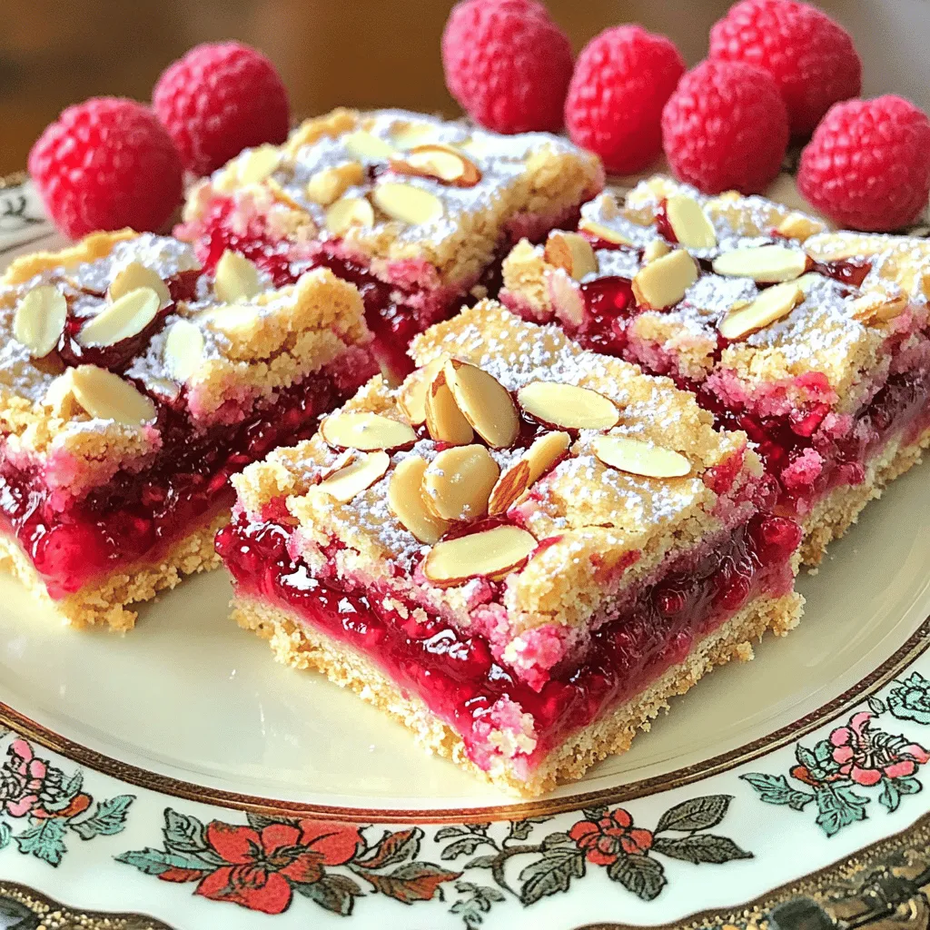 - 1 cup unsalted butter, softened at room temperature - 3/4 cup powdered sugar, sifted - 2 cups all-purpose flour, sifted - 1/2 teaspoon salt - 1/4 teaspoon almond extract - 1 cup raspberry preserves (or jam) - 1/2 cup sliced almonds Each ingredient plays a key role. The butter gives the bars a rich flavor. The powdered sugar adds sweetness and softness. The flour forms the structure, while salt enhances all the flavors. Almond extract adds a lovely nutty note. Finally, raspberry preserves bring a fruity burst. Sliced almonds add crunch and visual appeal. For the best results, I suggest using high-quality brands. For butter, choose brands like Kerrygold or Land O'Lakes. They have rich flavors. For powdered sugar, Domino or 10X is a great choice. For flour, King Arthur Flour is often preferred. It gives consistent results. For raspberry preserves, Smucker’s or Bonne Maman offers great taste and quality. Trust me; these choices will elevate your shortbread bars! First, gather your ingredients. You will need: - 1 cup unsalted butter, softened - 3/4 cup powdered sugar, sifted - 2 cups all-purpose flour, sifted - 1/2 teaspoon salt - 1/4 teaspoon almond extract - 1 cup raspberry preserves - 1/2 cup sliced almonds Next, preheat your oven to 350°F (175°C). Prepare a 9x13-inch baking dish. You can grease it lightly or line it with parchment paper. This makes removing the bars easy later. In a large bowl, cream together the softened butter and sifted powdered sugar with an electric mixer. Mix for about 3 to 5 minutes. You want the mixture to be light and fluffy. Then, gradually add in the sifted flour, salt, and almond extract. Mix gently until the dough is soft and comes together. Take about 1 cup of the dough and set it aside. Press the remaining dough into the bottom of your prepared dish. Make sure it is even and covers the bottom well. Now, spread the raspberry preserves over the dough base. Use a spatula or the back of a spoon. Get it into all corners to ensure each bite has flavor. Crumble the reserved dough over the raspberry layer. Distribute it evenly. This creates a nice texture on top. Next, sprinkle the sliced almonds on top of the crumbled dough. This adds a crunchy finish. Place the baking dish in your preheated oven. Bake for 25 to 30 minutes. The edges should turn lightly golden. The center should feel set when touched. Once baked, take the bars out of the oven. Allow them to cool completely in the dish on a wire rack. After they cool, slice them into 16 squares for serving. For a lovely touch, lightly dust the cooled bars with powdered sugar. You can serve them on a decorative plate. For an extra pop of color, garnish the plate with fresh raspberries or mint leaves. Enjoy your delicious Raspberry Almond Shortbread Bars! To make perfect Raspberry Almond Shortbread Bars, start with room-temperature butter. This helps it mix well with the sugar. Cream the butter and powdered sugar until fluffy. It should look pale and light. Sift your flour and salt to avoid lumps. When mixing, go slow. You want a soft dough, not a dry one. Press the dough firmly into the pan for a solid base. Spread the raspberry preserves evenly for the best taste. One common mistake is overmixing the dough. This can make the bars tough. Don’t skip sifting the flour and sugar. It helps keep the texture smooth. Make sure to bake the bars until the edges are golden. If you take them out too soon, they may fall apart. Also, let the bars cool completely before slicing. This helps the layers hold together. For a lovely presentation, dust the cooled bars with powdered sugar. This adds a sweet touch. Serve them on a pretty plate for extra flair. You can also add fresh raspberries or mint leaves around the bars. This makes the dish pop with color. Arrange the bars in neat squares for a clean look. A great presentation can make the bars even more appealing! {{image_4}} You can swap some ingredients in this recipe. For a lighter bar, use coconut oil instead of butter. You can also try using granulated sugar instead of powdered sugar. If you want a nut-free option, replace almond extract with vanilla extract. To add more flavor, try mixing in lemon zest or orange zest. A dash of cinnamon can also enhance the taste. You might want to add some chopped fresh raspberries for extra fruitiness. If you like chocolate, sprinkle some mini chocolate chips on top before baking. Making these bars gluten-free is easy. Use almond flour or a gluten-free flour blend. For a vegan version, swap butter for vegan butter and use maple syrup instead of powdered sugar. Be sure to check your raspberry preserves for any animal products. This way, you can enjoy these tasty bars, no matter your diet! To keep your Raspberry Almond Shortbread Bars fresh, store them in an airtight container. This will help maintain their taste and texture. You can place parchment paper between layers to avoid sticking. If you have a lot of bars, cut them into squares before storing. This makes it easy to grab one when you want a treat. Freezing these bars is a great way to save them for later. First, let the bars cool completely. Then, wrap them tightly in plastic wrap. After that, place them in a freezer-safe bag or container. You can freeze them for up to three months. When you’re ready to enjoy, just take them out and let them thaw at room temperature. When stored correctly, Raspberry Almond Shortbread Bars last about one week in the fridge. If you want to reheat them, preheat your oven to 350°F (175°C). Place the bars on a baking sheet and warm them for about 5-10 minutes. This will refresh their flavor and make them nice and soft again. Enjoy! You can tell when the bars are done by looking at the edges. They should turn a light golden color. Gently press the center with your finger. If it feels set and springs back, the bars are ready. I usually bake them for 25 to 30 minutes. Keep an eye on them as they bake. Every oven is a bit different. Yes, you can use different fruit preserves! Feel free to try apricot, strawberry, or even blueberry. Just make sure to choose a thick preserve. Thinner jams can make the bars soggy. Each fruit will give a unique flavor to the bars. Experiment to find your favorite! Absolutely! These bars are perfect for making ahead of time. You can bake them a day or two in advance. Just store them in an airtight container at room temperature. If you want to keep them longer, try freezing them. They freeze well for up to three months. Just let them thaw before serving. In this blog post, I covered everything you need for Raspberry Almond Shortbread Bars. We discussed the best ingredients, precise measurements, and recommended brands. I shared step-by-step baking instructions, along with cooling and serving tips. You learned useful baking tricks and how to avoid common mistakes. We explored tasty variations to match your diet. Finally, I provided storage tips for keeping your bars fresh. Now you have the tools to bake these delicious bars. Enjoy the process and share your tasty results!