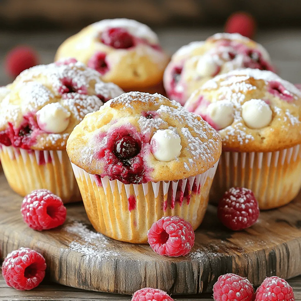 To make Fluffy Raspberry White Chocolate Muffins, gather these ingredients: - 1 cup all-purpose flour - 1/2 cup whole wheat flour - 1/2 cup granulated sugar - 1 tablespoon baking powder - 1/4 teaspoon salt - 1/2 cup unsalted butter, melted and slightly cooled - 1 large egg, at room temperature - 3/4 cup milk, at room temperature - 1 teaspoon pure vanilla extract - 1 cup fresh raspberries (or frozen raspberries, thawed and drained) - 3/4 cup white chocolate chips If you need alternatives, here are some great swaps: - Use almond flour for gluten-free options. - Replace granulated sugar with coconut sugar for a healthier touch. - Swap whole wheat flour with oat flour for a different texture. - Use almond milk or oat milk instead of regular milk. - Choose dark chocolate chips if you want a richer taste. You will need these tools to prepare the muffins: - Muffin tin (12-cup) - Paper liners for easy cleanup - Two mixing bowls (one large, one medium) - Whisk for mixing dry and wet ingredients - Rubber spatula for folding the batter - Measuring cups and spoons - Toothpick or skewer to test for doneness - Wire rack for cooling the muffins These ingredients and tools will help you create delicious muffins with a perfect, fluffy texture. Happy baking! Start by preheating your oven to 375°F (190°C). This helps the muffins rise well. Next, line a 12-cup muffin tin with paper liners. This step makes it easy to take the muffins out later. You can also use a non-stick spray if you prefer. In a large bowl, combine the following dry ingredients: - 1 cup all-purpose flour - 1/2 cup whole wheat flour - 1/2 cup granulated sugar - 1 tablespoon baking powder - 1/4 teaspoon salt Whisk these together until they blend well. This helps add air to the flour, making the muffins light. Make sure there are no lumps before moving on. In a separate bowl, whisk together: - 1/2 cup unsalted butter, melted and slightly cooled - 1 large egg, at room temperature - 3/4 cup milk, at room temperature - 1 teaspoon pure vanilla extract Mix these until smooth. Let the melted butter cool first. This way, it won’t cook the egg when combined. Gently pour the wet mixture into the dry ingredients. Use a rubber spatula to fold them together. Mix just until combined. It’s okay if there are a few lumps. This keeps the muffins fluffy. Now, add: - 1 cup fresh raspberries (or frozen, thawed and drained) - 3/4 cup white chocolate chips Carefully fold these into the batter. Be gentle to avoid crushing the raspberries. You want them to stay whole for bursts of flavor. Spoon the batter evenly into the prepared muffin cups. Fill each cup about three-quarters full to allow for rising. Bake in the preheated oven for 18-22 minutes. Check if they’re done by inserting a toothpick. If it comes out clean or with a few moist crumbs, they are ready. Once baked, remove the tin from the oven. Let the muffins cool in the tin for about 5 minutes. Then, transfer them to a wire rack to cool completely. Enjoy the lovely aroma as they cool! To make fluffy muffins, start with room temperature ingredients. Cold ingredients can lead to dense muffins. Use a light hand when mixing. Fold the batter gently to keep air in. This air creates a nice rise while baking. Also, do not overmix the batter. A few lumps are okay; they help keep muffins soft. One mistake is not measuring flour correctly. Use the spoon-and-level method. Spoon flour into your measuring cup, then level it off. Avoid packing it down. Another mistake is baking too long. Check muffins at 18 minutes. If a toothpick comes out clean, they are done. Overbaking can lead to dry muffins. Lastly, do not skip the cooling step. Letting them rest helps set the texture. Store your muffins in an airtight container. This keeps them fresh. You can keep them at room temperature for up to three days. If you want to save them longer, freeze the muffins. Place them in a zip-top bag and remove as much air as possible. They will last for up to three months in the freezer. To enjoy, just thaw them overnight or pop them in the microwave for a few seconds. {{image_4}} You can add nuts or seeds to your muffins for extra crunch. Walnuts or pecans work well. I love adding sunflower seeds for a nut-free option. Just mix in about 1/2 cup of your choice when you fold in the raspberries and white chocolate. This will give your muffins a nice texture contrast. If you want to change the flavor, use different fruits. Blueberries or chopped strawberries make great substitutes. You can even try diced peaches for a summer twist. Just make sure to adjust the amount if the fruit is very juicy. This keeps your muffins from getting soggy. While white chocolate is delicious, you can experiment with other chocolates. Dark chocolate chips add a rich taste. Milk chocolate brings sweetness. You could even use chocolate chunks for a more rustic look. Just keep the amount the same, around 3/4 cup, for a balanced flavor. To keep your muffins fresh, store them in an airtight container. This helps trap moisture and keeps them soft. Place parchment paper between layers if stacking. This prevents them from sticking together. Keep the container at room temperature if you plan to eat them within a few days. If you want to keep them longer, consider freezing them. Freezing muffins is easy and effective. First, let them cool completely after baking. Wrap each muffin tightly in plastic wrap or foil. Then, place the wrapped muffins in a freezer-safe bag or container. Label the bag with the date. These muffins can stay fresh for up to three months in the freezer. When you're ready to eat them, remove them from the freezer and let them thaw at room temperature. To reheat your muffins, use an oven or microwave. If using the oven, preheat it to 350°F (175°C). Place the muffins on a baking sheet and warm them for about 5-10 minutes. This will help restore their fluffy texture. If you prefer the microwave, heat each muffin for about 15-20 seconds. This method is quicker but may not give the same texture as the oven. Enjoy your muffins warm for the best taste! Yes, you can use frozen raspberries. Just make sure to thaw and drain them first. This helps keep the batter from becoming too wet. Using frozen berries can also make these muffins easy to prepare anytime. To make these muffins dairy-free, substitute the butter with coconut oil or a dairy-free margarine. Use almond milk or oat milk in place of regular milk. These swaps will keep your muffins light and fluffy. If you want a different flavor, try using dark chocolate or milk chocolate chips. You can also use dairy-free chocolate chips for a vegan option. Each substitute will give a unique twist while keeping the muffins delicious. These muffins stay fresh for 2-3 days at room temperature. Store them in an airtight container. If you want to keep them longer, freeze them for up to 3 months. Just thaw before enjoying! You learned how to make delicious muffins with the right ingredients and tools. We covered helpful tips to ensure fluffy results, avoid mistakes, and store your muffins well. You can also experiment with variations like nuts and different fruits. Remember, baking is fun and creative. Each muffin batch is a chance to explore new flavors. Happy baking! Enjoy your tasty treats!