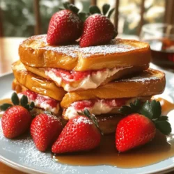 - 8 slices of thick bread (challah or brioche are best) - 4 oz cream cheese, softened - 1 cup fresh strawberries, hulled and thinly sliced - 2 tablespoons powdered sugar (plus extra for dusting) - 4 large eggs, at room temperature - 1 cup whole milk for creaminess - 1 teaspoon pure vanilla extract for flavor - 1 teaspoon ground cinnamon for warmth - 2 tablespoons butter, for frying - Maple syrup, for serving To start, you need to make the cream cheese filling. Grab a medium mixing bowl. In it, combine 4 oz of softened cream cheese and 2 tablespoons of powdered sugar. Use a hand mixer or a whisk. Blend until the mixture is smooth and creamy. Once that is done, gently fold in the sliced strawberries. This adds a sweet and fruity flavor. Set this delightful filling aside for later. Next, let’s make the egg mixture. Take a large bowl and whisk together 4 large eggs, 1 cup of whole milk, 1 teaspoon of pure vanilla extract, and 1 teaspoon of ground cinnamon. Mix until the ingredients are well combined. You want a frothy texture, which helps coat the bread nicely. Now, it’s time to assemble the sandwiches. Take one slice of thick bread. Spread a generous amount of the strawberry cream cheese mixture on one side. Then, place a second slice of bread on top to complete the sandwich. Repeat this process for all the slices until you have four stuffed sandwiches. Heat a large skillet or griddle over medium heat. Add 1 tablespoon of butter and let it melt. This helps create a nice, golden crust. Carefully dip each stuffed sandwich into the egg mixture. Make sure both sides are coated, but don’t soak them too long. Place the soaked sandwiches onto the hot skillet. Cook for about 3-4 minutes on each side until they turn golden brown. If you want, add more butter to the skillet between batches. Once cooked, remove the sandwiches and place them on a serving plate. Dust the tops lightly with extra powdered sugar. Enjoy your warm strawberry cream cheese French toast right away! To cook the best French toast, set your skillet to medium heat. This helps the toast cook evenly. If it’s too hot, the outside burns while the inside stays raw. Avoid soggy bread by keeping the bread in the egg mix for a short time. Just dip it quickly on each side. This way, your toast keeps its shape and texture. For a richer taste, add a bit of lemon zest to the cream cheese filling. This brightens the flavor and pairs well with strawberries. You can also mix in some chopped nuts for crunch. When serving, consider toppings like whipped cream, a sprinkle of cinnamon, or a drizzle of honey. These add extra flavor and make the dish even more special. For a beautiful stack, place one piece slightly off-center on top of the others. This creates height and looks inviting. Garnish with fresh strawberry slices and a light dusting of powdered sugar. This adds color and makes your French toast dish pop visually. {{image_4}} You can change the fruit filling in this recipe. Try using blueberries or bananas. They add a new twist to your French toast. These fruits pair well with cream cheese. You can also use different spreads. Nutella provides a rich chocolate flavor. Mascarpone gives a creamy and slightly tangy taste. Feel free to mix and match for your perfect bite! If you need gluten-free options, look for gluten-free bread. Many brands offer tasty alternatives. You won’t miss the regular bread at all! For dairy-free choices, use vegan cream cheese. These swaps keep the recipe delicious and friendly for all diets. Enjoy this French toast, no matter your needs! You can bake this French toast instead of frying it. Preheat your oven to 350°F. Arrange the sandwiches on a baking sheet. Bake for about 20 minutes, flipping halfway. This method makes it easier to cook a larger batch. Another option is using an air fryer. Set your air fryer to 350°F. Cook each stuffed sandwich for about 8-10 minutes. The air fryer gives you a lighter version while keeping that crispy texture. These methods help you enjoy this treat in different ways! To store leftover French toast, let it cool down first. Place the slices in an airtight container. You can keep it in the fridge for up to three days. This way, you preserve the taste and texture. For the strawberry cream cheese, keep it in a separate container. It stays fresh for about two days. Make sure to cover it well to avoid drying out. You can reheat French toast in two main ways: the microwave or the oven. The microwave is quick but may make the toast soggy. For better results, use the oven. Preheat it to 350°F (175°C). Place the French toast on a baking sheet. Heat for about 10 minutes. This method keeps the toast crispy and warm. Add a little butter to enhance the flavor. To freeze stuffed French toast, wrap each slice in plastic wrap. Then, place them in a freezer bag. Make sure to remove as much air as possible. You can freeze them for up to two months. When ready to eat, thaw in the fridge overnight. Once thawed, reheat in the oven for best results. This way, you maintain the texture and taste. The French toast is done when it turns a perfect golden brown color. Look for a crisp outside and a soft inside. The edges should be firm, but the center will remain tender. You can also check if it is lightly puffed up. This shows that the egg mixture has cooked properly. Yes, you can prep this recipe ahead of time. Make the cream cheese filling and store it in the fridge for up to two days. You can also assemble the sandwiches a few hours before cooking. Just keep them covered so they don’t dry out. When ready, dip and cook them fresh for the best taste. If you need an alternative for cream cheese, consider using mascarpone or ricotta. Greek yogurt is also a good choice for a lighter option. Each will give a unique flavor, but they still work great in this recipe. Just be sure to mix in some powdered sugar for sweetness. This blog post covered how to create a delicious strawberry cream cheese stuffed French toast. We explored main ingredients, including thick bread and fresh strawberries. I shared step-by-step instructions and helpful tips to ensure perfect cooking. You can modify the recipe for various dietary needs, and I offered storage advice for leftovers. In conclusion, this dish is a tasty way to start your day. Try it out, and you may find a new favorite breakfast!
