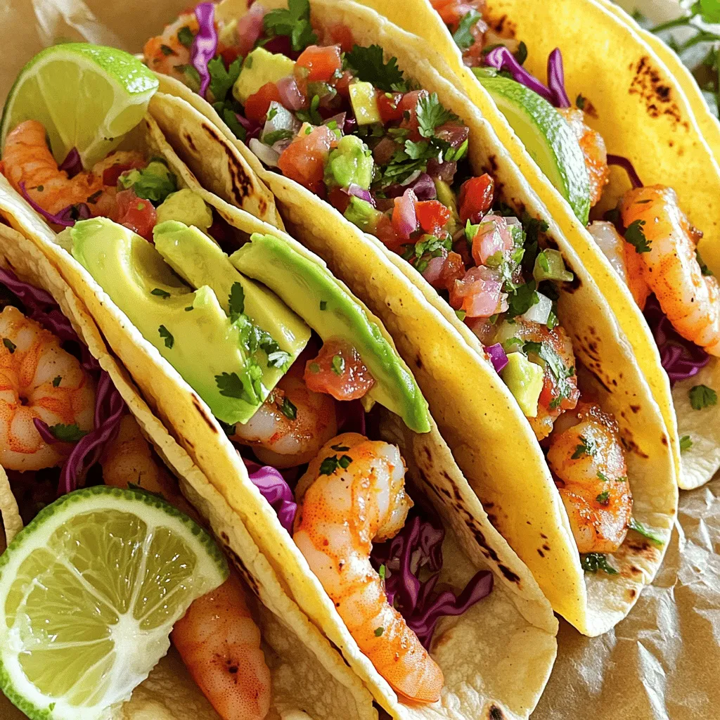 - 1 lb large shrimp, cleaned and deveined - 1/4 cup fresh cilantro, finely chopped - 2 tablespoons fresh lime juice - 2 cloves garlic, minced - 1 teaspoon chili powder - 1 teaspoon ground cumin - Salt and pepper, to taste - 8 corn tortillas - 1 ripe avocado, sliced - 1 cup red cabbage, finely shredded - 1 cup pico de gallo - Lime wedges for serving The heart of these tacos is the shrimp. You want them fresh and juicy. Shrimp is quick to cook and full of flavor. The cilantro adds a bright, fresh note. Lime juice gives a zesty kick that balances the dish. Garlic adds depth, while chili powder and cumin bring warmth. Corn tortillas are my choice for this recipe. They hold the shrimp and toppings well. Sliced avocado adds creaminess, and shredded red cabbage gives a nice crunch. Pico de gallo offers a burst of fresh flavors. Don’t forget lime wedges for that extra zing! This mix of ingredients creates a tasty taco that feels light yet satisfying. Each bite is full of flavor and texture. Combine 1 pound of cleaned shrimp with 1/4 cup of chopped cilantro. Add 2 tablespoons of fresh lime juice, 2 minced garlic cloves, 1 teaspoon of chili powder, 1 teaspoon of ground cumin, and salt and pepper to taste. Mix well to coat the shrimp. Cover the bowl and let it sit for 15 to 20 minutes. This step lets the flavors soak in. Preheat a non-stick skillet over medium-high heat. Once hot, add the marinated shrimp in a single layer. Cook the shrimp for 2 to 3 minutes on each side until they turn pink and opaque. Avoid overcrowding the skillet. This helps the shrimp cook evenly. In a separate skillet, heat 8 corn tortillas for about 30 seconds on each side. This warms them up, making them soft and easy to fold. Take a warm tortilla and place a few cooked shrimp on it. Add slices of ripe avocado, a handful of shredded red cabbage, and a spoonful of pico de gallo. Each ingredient brings its own tasty twist, making your taco fresh and exciting. To get the best shrimp, avoid overcooking them. Overcooked shrimp can turn tough and rubbery. Aim for cooking them just until they turn pink. This way, they stay juicy and tender. Cook shrimp in batches for even cooking. This helps keep the skillet hot and gives perfect results every time. For a zestier taste, add lime zest to your shrimp mix. It boosts the fresh lime flavor and makes the dish pop. You can also experiment with different spices. Try adding smoked paprika or cayenne for a fun twist. Each spice can change the flavor and make the dish unique. For a beautiful presentation, garnish your tacos with fresh cilantro. It adds a nice touch and bright color. Serve the tacos on a colorful platter. This makes the dish look inviting. Lime wedges on the side can give your guests a fun way to add more lime juice. Enjoy the bright colors and fresh flavors! {{image_4}} You can easily swap shrimp for other proteins. Fish or chicken work well. Fish gives a light taste, while chicken adds heartiness. Both options taste great with the zingy lime flavor. You might also try using flour tortillas. They offer a different texture that some people prefer. They are soft and chewy, making them fun to eat. Get creative with toppings! You can add mango salsa for a sweet twist. This pairs nicely with the shrimp's bright flavor. Spicy aioli is another great choice. It adds a kick and creamy texture to your taco. If you're looking for a gluten-free option, alternative tortillas are the way to go. Many brands offer gluten-free corn tortillas. They taste great and hold up well with the shrimp and toppings. Enjoy your tacos without worry! You can refrigerate the tacos for up to 2 days. Place them in an airtight container. This keeps them fresh and safe to eat later. To reheat, use a skillet for the best results. Heat the shrimp gently over medium heat. This helps keep them tender. Avoid microwaving, as it can make them soggy. You can freeze the cooked shrimp separately. This way, you can enjoy fresh tacos later. Just assemble the tacos right before serving. This keeps everything crunchy and tasty. To keep shrimp tender, avoid overcooking them. Overcooked shrimp can turn tough and rubbery. Marinating the shrimp for a longer time helps too. The marinade adds flavor and keeps them moist while cooking. You can prep the ingredients ahead of time. Chop the veggies and marinate the shrimp early in the day. However, wait to assemble the tacos until just before serving. This keeps the tortillas soft and fresh. Cilantro lime shrimp tacos pair well with several sides. Consider serving them with fluffy rice, hearty beans, or a fresh salad. These sides add color and balance to your meal. The spice level depends on your taste. The chili powder adds a mild heat. If you want it less spicy, reduce the amount of chili powder. You can also add toppings like sour cream to cool it down. To make tacos kid-friendly, reduce the spices. Keep the salsa mild and skip the chili powder if needed. Adding toppings like sour cream or cheese can make them more appealing to young eaters. For the complete instructions, please refer to the section labeled "Full Recipe." Cilantro Lime Shrimp Tacos are easy and fun to make. We covered the ingredients, marinating, cooking, and assembling steps. You can customize flavors and textures to suit your taste. Remember to store leftovers properly and reheat carefully for the best flavor. Whether you are cooking for a crowd or just yourself, this recipe offers something for everyone. Enjoy these tasty tacos at your next meal!