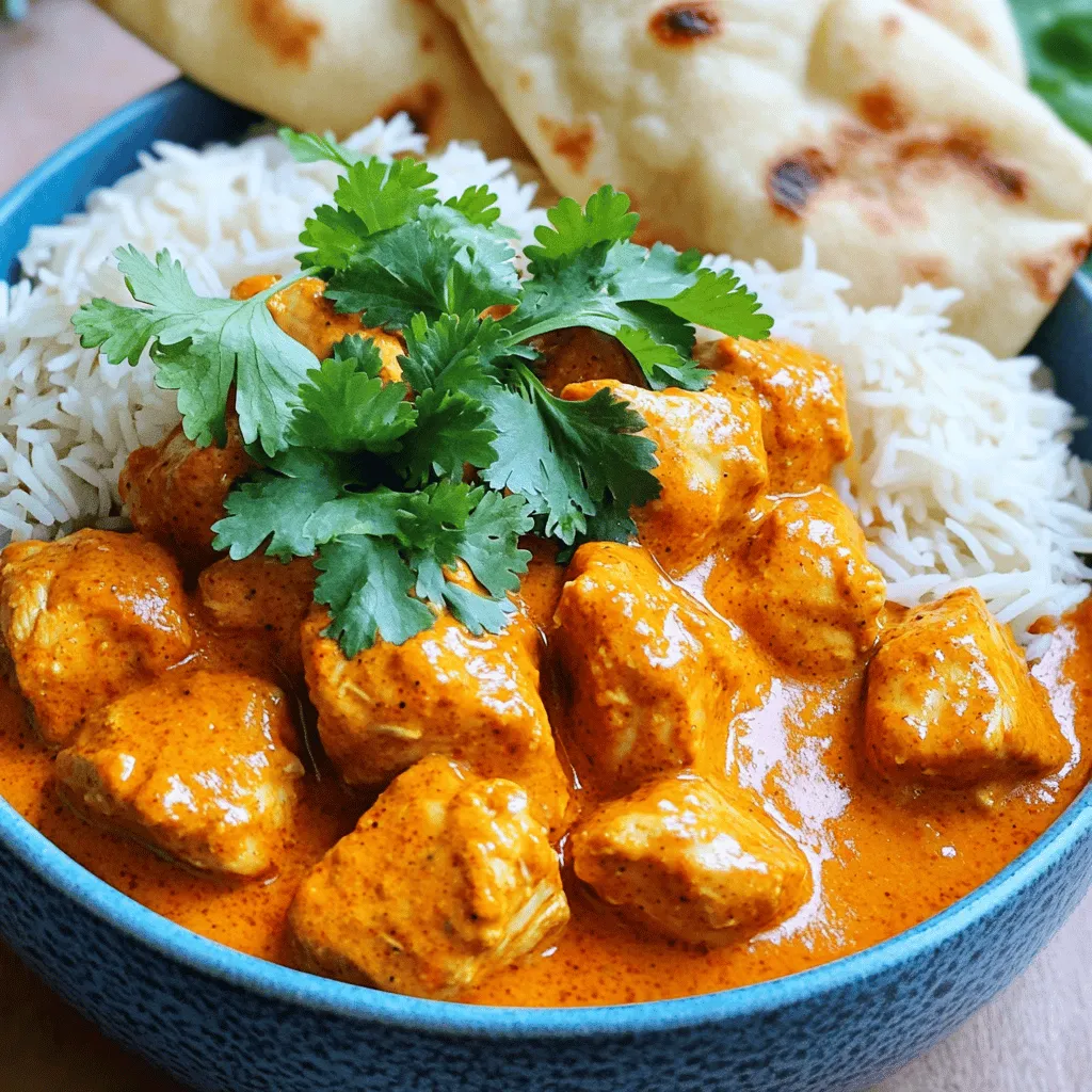 - 500g boneless chicken thighs, cut into bite-sized pieces - 1 cup plain yogurt - 2 tablespoons fresh lemon juice - 2 tablespoons garam masala - 1 teaspoon ground cumin - 1 teaspoon ground coriander - 1 teaspoon ground turmeric - 1 teaspoon smoked paprika The main players in Chicken Tikka Masala are chicken thighs, yogurt, and spices. Chicken thighs give a juicy and tender bite. Yogurt and lemon juice create a tangy marinade. The spices add warmth and depth. Garam masala is key to that classic flavor. Cumin, coriander, turmeric, and paprika bring their unique tastes to the dish. - 2 cloves garlic, minced - 1-inch piece of ginger, grated - 1 large onion, finely chopped - 1 can (400g) diced tomatoes - 1 cup coconut milk - 3 tablespoons vegetable oil You need garlic and ginger for a fragrant base. They boost the flavor of the dish. Onions add sweetness and depth. Diced tomatoes create a rich sauce, while coconut milk adds creaminess. Vegetable oil helps with cooking and brings everything together. - Fresh coriander leaves, for garnish - Salt, to taste Fresh coriander leaves brighten up the dish. They add a pop of color and freshness. Salt enhances all the flavors. You can adjust it to your taste for the perfect finish. Pair Chicken Tikka Masala with rice or naan for a full meal. Enjoy the vibrant colors and rich flavors! - In a large bowl, mix 1 cup of plain yogurt, 2 tablespoons of fresh lemon juice, and the spices. Use 2 tablespoons of garam masala, 1 teaspoon of ground cumin, 1 teaspoon of ground coriander, 1 teaspoon of ground turmeric, 1 teaspoon of smoked paprika, 2 minced garlic cloves, and 1-inch grated ginger. - Add the 500g of chopped chicken thighs to the marinade. Make sure each piece is well-coated. - Cover the bowl with plastic wrap. Place it in the fridge for at least 1 hour. Marinating overnight gives better flavor. - Heat 2 tablespoons of vegetable oil in a large skillet over medium heat. - Once the oil shimmers, add 1 finely chopped onion. Sauté the onion for about 5-7 minutes until golden and soft. - Remove the chicken from the fridge. Carefully add it to the skillet, saving any extra marinade. Cook the chicken for 8-10 minutes. Stir to brown all sides and ensure it is cooked through. - Add a can of 400g diced tomatoes and any reserved marinade to the skillet. Mix everything well. - Allow the mixture to simmer for about 5 minutes. This helps the flavors blend together. - Pour in 1 cup of coconut milk and stir it in. Reduce the heat to low and let the sauce simmer for another 10 minutes. This thickens the sauce. Season with salt to taste. Once done, your Chicken Tikka Masala is ready to enjoy! For the best flavor, marinate the chicken for at least one hour. If you have time, let it sit overnight. This lets the spices soak in well. You can swap yogurt with a dairy-free option if needed. Use a nut or soy milk yogurt. If you're avoiding lemon, try lime juice instead. Start by heating the oil until it shimmers. This helps the onions cook evenly. Sauté them for 5-7 minutes. You want them soft and golden. When you add the chicken, make sure it's well-coated in the marinade. Cook it for about 8-10 minutes. The outside should be browned, and the inside should be fully cooked. To make your dish look great, serve it in a colorful bowl. Place the Chicken Tikka Masala next to fluffy basmati rice. Warm naan bread is perfect for scooping. Finish with a sprinkle of fresh coriander. This adds color and flavor to your meal. {{image_4}} You can easily make Chicken Tikka Masala vegetarian. Just swap the chicken for paneer or tofu. Paneer gives a creamy texture. Tofu absorbs flavors well. Both options work nicely with the spices. Follow the same marinating steps. Let them soak up the flavors before cooking. Want a milder dish? Use less garam masala and cumin. You can also skip the smoked paprika. For extra heat, add more chili powder. Consider using different spice blends too. Try curry powder or even a homemade blend. Adjust these spices based on your taste. You can change the sauce base for new flavors. Try almond milk instead of coconut milk. It gives a nutty taste. You can also add veggies for a twist. Spinach, bell peppers, or peas work great. Just add them when you mix in the tomatoes. This adds color and nutrition to the dish. To store your Chicken Tikka Masala, let it cool down first. Then, place it in an airtight container. This helps keep the flavors fresh. In the fridge, your dish lasts about 3 to 4 days. Always check for any off smells before eating. Freezing is a great way to save leftovers. First, let the dish cool completely. Next, pour it into a freezer-safe container. Make sure to leave some space for expansion. You can freeze it for up to 3 months. To thaw, move it to the fridge overnight. Reheat it on the stove over low heat until warm. Check for signs that your Chicken Tikka Masala has gone bad. If it smells sour or has changed color, toss it. Taste and texture matter, too. If the sauce looks watery or grainy, it may not taste great anymore. Always aim to enjoy it fresh for the best flavor! Chicken Tikka Masala has a rich and creamy flavor. The spices blend well with the coconut milk, giving it warmth. The dish is savory with a hint of tang from the yogurt and lemon juice. Each bite is tender thanks to the marinated chicken. The texture is smooth, with a bit of chew from the chicken pieces. This dish dances on your taste buds, making it a favorite for many. Yes, you can definitely make Chicken Tikka Masala in advance. It tastes even better the next day. Prepare it a day before your event to save time. Just cook it, let it cool, and store it in the fridge. When ready to serve, gently reheat it on the stove. This method allows the flavors to deepen and meld perfectly. Chicken Tikka Masala can vary in spice level. Traditional recipes can be mild to medium spicy. If you want less heat, reduce the garam masala or omit the smoked paprika. You can also add more coconut milk to tone down the spice. For those who enjoy heat, add chili powder or fresh chilies. Adjust the spice to fit your taste. Here are some great side dishes to enjoy with Chicken Tikka Masala: - Steamed basmati rice - Warm naan bread - Raita (yogurt sauce) - Cucumber salad - Roasted vegetables These sides balance the rich flavors and add freshness to your meal. Enjoy your cooking! You now have a complete guide to making Chicken Tikka Masala. We discussed key ingredients, from the flavorful spices to creamy coconut milk. Following detailed steps, you can marinate and cook the chicken perfectly. You also learned tips, tricks, and variations, like making it vegetarian or adjusting spice levels. Lastly, I provided storage advice to keep your dish fresh. With this knowledge, you can impress everyone at your next meal. Happy cooking!