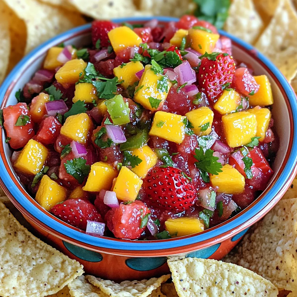 - 2 cups fresh strawberries, hulled and finely diced - 1 ripe mango, peeled and cubed - 1/2 red onion, finely chopped - 1 jalapeño, deseeded and minced - 1/4 cup fresh cilantro, finely chopped - Juice of 1 juicy lime - Salt and freshly ground black pepper, to taste When I make strawberry mango salsa, I love how vibrant the colors are. The red of the strawberries and the yellow of the mango create a beautiful mix. Each ingredient adds its own flavor, making the salsa fresh and sweet. The strawberries bring a juicy sweetness. They are the star of the dish. The mango adds a tropical touch. Its smooth and creamy texture makes every bite delightful. The red onion gives a nice crunch and a hint of sharpness. If you prefer less heat, you can adjust the amount of jalapeño. It adds a bit of spice that balances the sweetness of the fruits. Fresh cilantro provides a burst of herb flavor. It’s like a breath of fresh air in every bite. The lime juice brightens up the whole mix. It ties everything together with its tangy zing. Finally, a sprinkle of salt and pepper brings all the tastes to life. This simple mix of ingredients creates a salsa that is hard to resist. Enjoying it with chips or grilled meats makes every meal feel special. To make the best strawberry mango salsa, start with the strawberries. First, hull them by removing the green tops. Once you do that, dice them into small pieces. This helps them mix well with other ingredients. Next, for the mango, peel off the skin. Cut it into slices and then cube it. Make sure you pick a ripe mango. It will taste sweeter and more juicy. Then, chop the red onion finely. This adds a nice crunch. Lastly, take the jalapeño, cut it in half, and remove the seeds. Mince it into tiny bits. You can adjust how much you use based on how spicy you want. Now it’s time to combine all the ingredients. Start by adding the diced strawberries and cubed mango into a medium-sized bowl. This creates a colorful base. Next, add the red onion and minced jalapeño. Mixing these in order helps layer the flavors. Then sprinkle in the fresh cilantro. It gives a nice herbal taste. Squeeze the juice of one lime over the mixture. This adds brightness and balances the sweetness. Now gently fold everything together. Use a spatula so you don’t mush the fruit. Make sure every piece is coated in lime juice. This makes the salsa taste fresh and vibrant. For the best experience, serve your salsa at room temperature. Let it rest for about 15-20 minutes to blend the flavors. You can also chill it in the fridge if you prefer it cold. For a fun presentation, serve the salsa in a bright bowl. Surround it with crunchy tortilla chips. You can also drizzle it over grilled chicken or fish. This adds a burst of flavor. Finish with a sprig of cilantro on top to make it look pretty. Enjoy your fresh and flavorful strawberry mango salsa! To adjust the spice level with jalapeño, start small. You can always add more. If you want a milder salsa, take out the seeds. For a kick, keep some seeds. Mix and taste as you go. Adding herbs or spices can bring unique flavors to your salsa. Try using mint or basil instead of cilantro for a fresh twist. A pinch of cumin or chili powder can also add depth. Remember, cooking is all about balance. Strawberry mango salsa pairs great with tortilla chips. It adds a refreshing twist to your snack time. You can also use it as a topping for grilled chicken or fish. This salsa can brighten up any dish. For parties, serve it in a colorful bowl. Surround it with crispy chips for a fun presentation. You can also top tacos with this salsa for a flavorful surprise. Everyone will love it! To save time, prepare your ingredients ahead. Dice strawberries and mango earlier in the day. Keep them in the fridge until you are ready to mix. Use a sharp knife for easy chopping. A cutting board with a groove can catch juices. A mixing bowl is essential for combining everything. You want a big enough bowl for all the ingredients to mix well. {{image_4}} You can switch things up by adding pineapple or kiwi to your salsa. These fruits add a burst of sweetness that pairs well with the strawberries and mango. If you want more heat, try other peppers. Serrano or habanero peppers can bring different levels of spice. Just remember to taste as you go! Cilantro is great, but you can also use mint or basil. Both herbs add a fresh twist to the salsa. You might even try using different citrus juices. Besides lime, orange or grapefruit juice can add unique flavors. Experiment and find what you love! For a gluten-free version, this salsa is naturally safe. If you want lower sugar, use less fruit or sweeter bell peppers. For vegan options, you can swap out any ingredients that don’t fit. This salsa is so versatile that you can make it your own! To keep your strawberry mango salsa fresh, store it in an airtight container. This will help lock in the flavors and keep it safe. Salsa lasts about 3 to 5 days in the fridge. Always check for freshness before using it. If you want to save your salsa for later, you can freeze it. Pour the salsa into freezer-safe bags or containers. Make sure to leave some space for expansion. Salsa can last up to 3 months in the freezer. To use frozen salsa, place it in the fridge overnight to thaw. You can also run the bag under cold water for quick thawing. Always look for signs of spoilage before eating your salsa. If it has an off smell or strange color, it may be bad. Mold is a clear sign you should throw it away. To keep your salsa safe, use clean utensils when serving. This prevents bacteria from getting in. Strawberry Mango Salsa lasts about 2 to 3 days in the fridge. Keep it in an airtight container. After that, it may lose its fresh taste and texture. The flavors will start to fade, and the fruit may get mushy. Yes, you can make this salsa ahead of time! Prepare it up to a day in advance. It will taste even better after resting. Just store it in the fridge. This allows the flavors to mix well together. You can serve this salsa with many tasty options. Here are some ideas: - Tortilla chips - Grilled chicken or fish - Tacos or burritos - Rice bowls - Salads Each option adds a fun twist to your meal! Using frozen fruit is not the best choice for this salsa. Frozen fruit often becomes mushy when thawed. Fresh strawberries and mangoes keep their crunch and flavor. If you must use frozen fruit, drain excess liquid after thawing. Strawberries and mangoes are both packed with nutrients. Here are some benefits: - Nutritional advantages: Both fruits are low in calories and high in fiber. They support digestion and help keep you full. - Antioxidants and vitamins: Strawberries are rich in vitamin C, while mangoes provide vitamin A. These vitamins boost your immune system. They also help your skin stay healthy and glowing. Strawberry Mango Salsa is vibrant and easy to make. We explored the best ingredients, preparation steps, and serving ideas to enjoy this tasty treat. Remember, you can customize it with different fruits and herbs, adjusting it to your taste. Store it safely to keep it fresh. Whether you serve it with chips or grilled meats, this salsa adds joy to any meal. Experiment and have fun with flavors. Enjoy your fresh creation and share it with friends!
