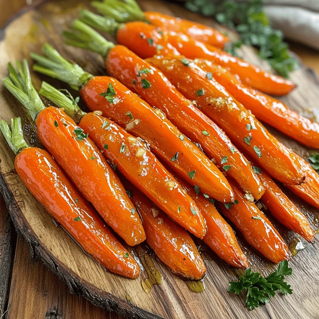 - 1 lb baby carrots, peeled - 3 tablespoons unsalted butter, melted - 2 tablespoons honey - 3 cloves garlic, finely minced - 1 teaspoon fresh thyme leaves (or ½ teaspoon dried thyme) - Salt and freshly ground black pepper, to taste - Fresh parsley, finely chopped (for garnish) - For metric: use 450 grams of baby carrots. - Substitute butter with olive oil for a dairy-free option. - Use agave syrup instead of honey if you need it vegan. - Try dried thyme if fresh is not available, using half the amount. - About 120 calories per serving. - Contains 15g of carbs, 7g of fat, and 1g of protein. - Includes 3g of fiber and 5g of sugar per serving. Honey garlic butter roasted carrots are not just tasty; they also pack nutrition. The baby carrots provide vitamins and minerals. The honey adds a touch of sweetness, while garlic gives a nice kick. With healthy fats from butter, this dish balances flavor and nutrition well. Enjoy these carrots as a side dish with your favorite meals! - Preheat the oven to 400°F (200°C). - In a bowl, mix melted butter, honey, minced garlic, thyme, salt, and pepper. - Toss the baby carrots in the honey garlic mixture. - Use your hands or a spatula to coat each carrot evenly. This step is key for flavor. - Line a baking sheet with parchment paper for easy cleanup. - Spread the carrots in a single layer on the sheet. Make sure they have space to roast well. - Roast the carrots for 25-30 minutes. Stir them halfway through to help with caramelization. They should be tender and golden brown when done. To tell when your carrots are done, look for a golden-brown color. They should feel fork-tender but not mushy. If they are still firm, roast them a little longer. Roasting time can change based on carrot size. For smaller carrots, 25 minutes works well. If your carrots are larger, aim for 30 to 35 minutes. You can enhance the flavor by adding spices or herbs. Try a pinch of cayenne for heat or some rosemary for a different taste. You can also use different sweeteners like brown sugar or maple syrup. These will change the flavor but keep the dish sweet. For parties, serve the roasted carrots on a colorful platter. Arrange them in a fan shape for visual appeal. Garnish with fresh thyme leaves or chopped parsley for a pop of color. This makes your dish look as good as it tastes! {{image_4}} You can switch up the sweeteners in this dish. Maple syrup works great instead of honey. It gives a nice depth of flavor. Agave syrup is another option if you want a vegan choice. You can also try brown sugar. This can add a rich, caramel note to the carrots. Just adjust the amount based on your taste. Feel free to add other root veggies. Parsnips, beets, or sweet potatoes blend well with the honey garlic sauce. They will bring new flavors and textures to your meal. You can mix them in with the carrots for a vibrant dish. This also helps you use what you have on hand. These honey garlic butter roasted carrots shine at many meals. They are perfect for Sunday dinners or holiday feasts. Pair them with roasted chicken or glazed ham for a lovely balance. They also work well with grilled fish or a veggie platter. Get creative and think about seasonal foods that match! To keep leftover honey garlic butter roasted carrots fresh, store them in an airtight container. This helps prevent them from drying out. Place them in the fridge right after they cool down. You can keep them in the fridge for up to three days. After that, they may lose their taste and texture. Freezing roasted carrots is easy. First, let them cool completely. Then, place them in a single layer on a baking sheet. Freeze them for about an hour. Once frozen, transfer the carrots to freezer bags. Make sure to remove as much air as possible. You can keep frozen carrots for up to three months. To reheat, place them in the oven at 350°F (175°C) for about 15-20 minutes. This will help them regain their original texture. If you want to prepare these carrots ahead of time, it's smart to do it on a weekend. You can roast them in advance and store them in the fridge. Use a glass or plastic container with a tight lid. For reheating, use the oven or a skillet. If you choose a skillet, add a splash of water to keep them moist. This makes busy weeknights much easier and tastier! To make honey garlic butter roasted carrots, you need a few simple steps. First, preheat your oven to 400°F (200°C). In a bowl, mix melted butter, honey, minced garlic, fresh thyme, salt, and pepper. Toss the peeled baby carrots in this mixture until they are well coated. Spread them on a lined baking sheet and roast for 25-30 minutes, stirring halfway. When done, they should be golden and tender. Garnish with parsley before serving. You can use frozen carrots, but fresh ones are better. Frozen carrots may release water and not caramelize well. They can also lose some texture. If you use frozen, reduce the roasting time and check for doneness often. Fresh carrots give a better taste and a nice crunch that frozen ones may lack. These carrots pair well with many dishes. Consider serving them with roasted chicken or fish. They also go nicely with grains like quinoa or rice. For a vegetarian option, try them with a hearty salad or pasta. The sweet and savory flavors make them a great side for any meal. In this post, I shared a tasty recipe for honey garlic butter roasted carrots. We explored the main ingredients and alternatives for allergies, along with nutritional details. I outlined easy steps for preparation, coating, and roasting to get that perfect caramelization. I offered tips on texture, flavor enhancements, and how to present your dish beautifully. Then, we looked at variations to keep things fresh and exciting. Finally, proper storage methods help you enjoy leftovers later. With these insights, you can impress your guests and make any meal special. Happy cooking!