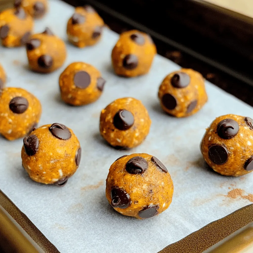 To make these tasty pumpkin chocolate chip energy bites, gather the following: - 1 cup pumpkin puree - 1 cup rolled oats - 1/2 cup chocolate chips (dark or semi-sweet) - 1/2 cup almond butter (or any nut butter of choice) - 1/4 cup honey or maple syrup - 1 teaspoon vanilla extract - 1 teaspoon ground cinnamon - 1/2 teaspoon pumpkin pie spice - A pinch of salt These energy bites pack a punch. Each bite is rich in fiber and healthy fats. They provide natural sweetness from pumpkin and honey. Here’s a quick look at the benefits: - Calories: About 90 per bite - Protein: Around 3 grams - Fat: About 4 grams - Carbohydrates: Roughly 10 grams - Fiber: 2 grams Not all ingredients need to be the same. Feel free to swap them out based on your taste or what you have. Here are some ideas: - Nut Butter: Use peanut butter, cashew butter, or sunflower seed butter. - Sweeteners: Maple syrup can replace honey for a vegan option. - Oats: Quick oats work if you don’t have rolled oats. - Pumpkin Pie Spice: Mix cinnamon, nutmeg, and ginger if you lack pumpkin pie spice. These swaps keep your bites tasty while fitting your needs! First, gather your ingredients. You need pumpkin puree, rolled oats, chocolate chips, almond butter, honey (or maple syrup), vanilla extract, ground cinnamon, pumpkin pie spice, and a pinch of salt. Start by mixing the wet ingredients. In a large bowl, combine the pumpkin puree, almond butter, honey, and vanilla extract. Use a spatula or whisk to blend these until smooth. This step is key for a tasty base. Next, add the dry ingredients. Gradually mix in the rolled oats, cinnamon, pumpkin pie spice, and salt. Make sure to stir well. You want no dry spots in your mix. This ensures every bite is packed with flavor. Now, it’s time for the chocolate chips. Carefully fold them into your mixture. Be gentle so you don't break the chips. This way, every bite bursts with chocolate goodness. When mixing, use a large bowl. This gives you space to stir without making a mess. Mixing should be quick but thorough. You want a smooth, well-combined mixture. If the mix feels too sticky, add a little more oats. This can help with shaping later on. If it’s too dry, a splash of almond butter can help. Adjust until you get a nice, moldable texture. After mixing, cover the bowl with plastic wrap. Place it in the refrigerator for about 30 minutes. Chilling helps firm up the mix. This makes rolling easier. Once chilled, use a tablespoon to scoop portions of the mix. Roll each scoop into a small ball using your hands. Aim for bite-sized pieces. This makes them perfect for snacks. Arrange these energy bites on a baking sheet lined with parchment paper. After shaping, return them to the fridge for another 15-30 minutes. This extra time helps them firm up nicely. Now your Pumpkin Chocolate Chip Energy Bites are ready to enjoy! Store them in an airtight container in the fridge. They stay fresh for up to a week. The right texture makes these energy bites a joy to eat. Start with creamy almond butter. It gives a smooth base. Use rolled oats, not quick oats. Rolled oats add chewiness. After mixing, chill the mixture for 30 minutes. This helps it firm up. To keep your bites fresh, use an airtight container. Store them in the fridge for up to a week. If you want them longer, freeze them. They last for about three months in the freezer. Just remember to label the container with the date. These energy bites are great snacks for any time. Serve them in a colorful bowl. Try adding a sprinkle of cinnamon on top for fun. They work well for parties or healthy snacks at home. Enjoy them after school or before workouts! {{image_4}} You can swap almond butter for any nut butter you like. Peanut butter gives a classic taste. Sunflower seed butter works well for nut-free diets. Each nut butter adds its own unique flavor and texture. Try cashew butter for a creamier bite. Mix in fun extras to boost taste. Chopped nuts add crunch. Dried fruits like cranberries or raisins bring sweetness. Seeds like chia or flaxseed add nutrition. Coconut flakes add chewiness and tropical flair. Get creative with spices like nutmeg or ginger for warmth. Honey and maple syrup are both great choices. You can reduce sweetness if you prefer a less sugary bite. Try agave syrup for a lighter flavor. For a sugar-free option, use stevia or monk fruit. Adjust the amount based on your taste and health goals. You can store your pumpkin chocolate chip energy bites in the fridge. Place them in an airtight container. They stay fresh for up to one week. This keeps them cool and tasty. I like to grab one for a quick snack. If you want to save some for later, freezing works great. Just place the energy bites on a baking sheet first. Freeze them for about an hour until they are firm. Then, transfer them to a freezer-safe bag. They can last up to three months in the freezer. To keep your energy bites fresh, always check for any changes in smell or texture. If they feel dry or hard, toss them out. Enjoy them while they are still soft and tasty! Keeping them stored well helps you enjoy these treats longer. Yes, you can use fresh pumpkin. First, cook the pumpkin until soft. Then, mash it well. This will give you a nice consistency. Just make sure it is smooth, like the canned puree. I love these bites as a quick snack. They are perfect for on-the-go energy. You can pack them in your lunch or have them after a workout. They also taste great with a cup of tea or coffee. Try serving them at parties for a fun treat! To make these bites vegan, swap honey for maple syrup. This simple change keeps them sweet and plant-based. You can also check your chocolate chips. Choose dairy-free options to keep it vegan. Enjoy your tasty bites guilt-free! In this post, I covered how to make delicious energy bites. We looked at the key ingredients, their nutrition, and possible substitutions. You learned step-by-step instructions for preparation and tips for the best texture. I shared ways to customize them with nut butter and add-ins. Lastly, we reviewed storage tips to keep them fresh. Try these bites for a tasty treat that fuels your day. You can enjoy them anytime!
