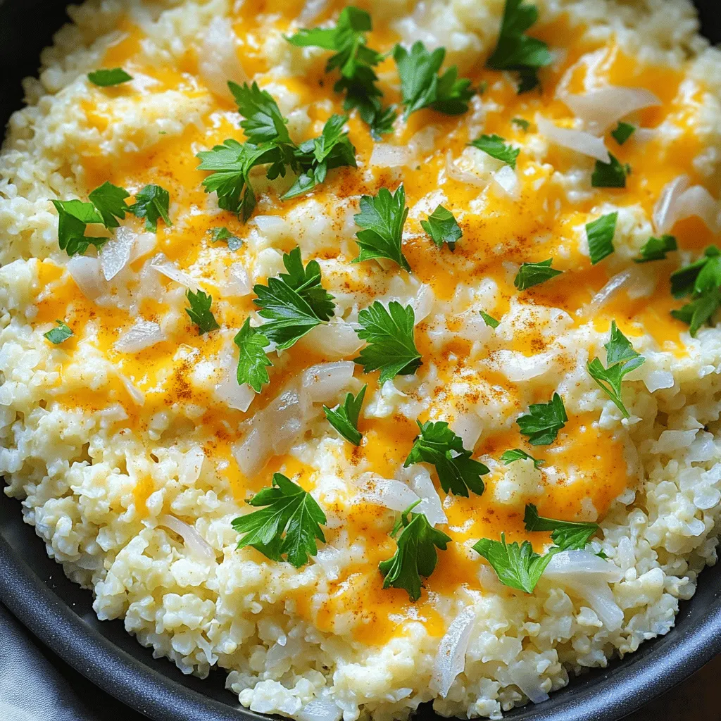 To make cheesy cauliflower rice, you need these simple items: - 1 medium head of cauliflower, riced (about 4 cups) - 1 cup sharp cheddar cheese, shredded - 1/2 cup cream cheese, softened - 1/4 cup Parmesan cheese, grated - 1 tablespoon olive oil - 1/2 cup onion, finely chopped - 2 cloves garlic, minced - 1/4 teaspoon paprika - Salt and freshly ground black pepper to taste - Fresh parsley, chopped (for garnish) Using fresh ingredients makes a big difference in taste. Fresh cauliflower has a crisp texture and a bright flavor. This helps the dish stay light and enjoyable. Fresh cheeses melt better and add creaminess. Fresh herbs like parsley not only add color but also a fresh taste that lifts the dish. You can enhance your cheesy cauliflower rice with some fun extras. Consider adding: - Cooked bacon bits for a smoky flavor - Chopped bell peppers for sweetness and crunch - Spinach for a vibrant color and extra nutrients - A pinch of cayenne pepper for a little heat Adding these optional ingredients can take your dish to the next level. Mix and match based on your taste! To start, grab a medium head of cauliflower. Remove the leaves and stem carefully. Cut the cauliflower into small florets. Place the florets in a food processor. Pulse the processor until you have rice-sized pieces. This should give you about four cups of riced cauliflower. Set it aside for later. Next, heat one tablespoon of olive oil in a large skillet over medium heat. When the oil is hot, add half a cup of finely chopped onion. Sauté the onion for about five minutes. You want it soft and translucent. After that, add two minced garlic cloves to the skillet. Stir the garlic for one minute. Keep it moving so it won’t burn. Now, it’s time for the riced cauliflower. Add it to the skillet with the onions and garlic. Sprinkle in a quarter teaspoon of paprika, along with salt and black pepper to taste. Cook this mix for five to seven minutes. Stir it occasionally until the cauliflower is tender but still slightly firm. Next, lower the heat and add half a cup of softened cream cheese. Stir until the cream cheese fully melts and blends in. Gradually add one cup of shredded sharp cheddar cheese and a quarter cup of grated Parmesan. Mix well after each addition, making sure all the cheese melts. Once it’s creamy, taste it. Adjust the seasoning if you need more salt or pepper. Finally, transfer the cheesy cauliflower rice to a serving dish. Garnish it with chopped fresh parsley for color and freshness. Enjoy your tasty dish! When picking cauliflower, look for a firm head. It should feel heavy for its size. Check for bright white color with no brown spots. Fresh leaves should be tightly wrapped around the head. This means it is fresh and tasty. You can change the flavors to fit your taste. If you like it spicy, add some red pepper flakes. For a hint of sweetness, try a bit of onion powder. Taste as you go to find the right balance. Always remember, a little salt can bring out the flavors. The key to great cheesy cauliflower rice is texture. Cook the riced cauliflower just until tender. You want it to stay a bit firm, not mushy. Stir it often while cooking for even heat. This way, it blends well with the cheese and keeps a nice bite. {{image_4}} To make cheesy cauliflower rice fit for a keto diet, focus on low-carb ingredients. Use full-fat cream cheese and sharp cheddar cheese. These choices keep the dish creamy and rich without adding carbs. You can also skip the onion or use a small amount. This keeps the flavor strong while cutting carbs even more. If you want a dairy-free version, swap out cream cheese and cheddar. Use a dairy-free cream cheese made from nuts or soy. Nutritional yeast can replace the cheddar for a cheesy flavor. It also adds a boost of vitamins. Coconut cream can help create a creamy texture. Just blend it in with the riced cauliflower for a smooth mix. You can easily add more veggies for extra nutrition. Spinach, kale, or broccoli work well in this dish. Just chop them finely and add them when you cook the riced cauliflower. This method keeps them bright and adds color. You can also use bell peppers or carrots for a crunchy texture. The added veggies boost vitamins and minerals, making this dish even healthier. After making your cheesy cauliflower rice, let it cool down. Use an airtight container to keep it fresh. Store it in the fridge for up to 3 days. Make sure to keep it in the back, where it’s coldest. This step helps the flavors stay strong. When you’re ready to enjoy the leftovers, reheat them gently. You can use a microwave or a skillet. If using a microwave, heat for 1-2 minutes. Stir halfway through to heat evenly. If using a skillet, add a splash of water. This helps keep it moist. Heat on low, stirring often, until warm. If you want to save some for later, freezing works great. Place the cooled cheesy cauliflower rice in a freezer-safe container. Use a freezer bag for easy storage. It can last up to 2 months in the freezer. When you’re ready to eat, thaw it overnight in the fridge. Reheat as usual. Enjoy your cheesy goodness any time! Cheesy cauliflower rice is a low-carb dish made from riced cauliflower and cheese. Instead of rice, we use cauliflower for a lighter option. It is creamy and full of flavor, thanks to the blend of cheeses. This dish is perfect as a side or a main meal, and it tastes great with various proteins. Yes, you can make cheesy cauliflower rice ahead of time. Prepare it and store it in the fridge for up to three days. Reheat it in a skillet or microwave before serving. If you want to make it even simpler, you can rice the cauliflower and chop the veggies a day ahead. Just keep them stored in the fridge until you're ready to cook. To add some heat to your cheesy cauliflower rice, try these tips: - Add red pepper flakes while cooking to spice it up. - Mix in diced jalapeños for a fresh kick. - Use pepper jack cheese instead of cheddar for a zesty flavor. These adjustments will give your dish a fun twist! You learned about cheesy cauliflower rice today. I shared the key ingredients and how to choose fresh ones. I explained how to make it step by step, with tips for perfect texture. You can try keto, dairy-free, or veggie options to mix it up. Store leftovers properly to enjoy them later. Now, you have all the tools to create this dish and enjoy variations. Keep exploring and have fun with this recipe!