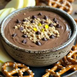 When making Chocolate Chip Cookie Dough Dip, you'll want to gather these simple ingredients: - 1 cup cream cheese, softened - 1/2 cup unsalted butter, softened - 3/4 cup brown sugar, firmly packed - 1/2 cup granulated sugar - 1 teaspoon pure vanilla extract - 1 cup all-purpose flour (heat-treated for safety) - 1/2 teaspoon fine sea salt - 1 cup mini chocolate chips - 1/2 cup crushed graham crackers - Assorted dippers (apple slices, pretzels, cookie pieces) Each ingredient plays a key role. The cream cheese and butter create a creamy base. The sugars add sweetness, while the heat-treated flour gives it that doughy texture. Mini chocolate chips bring chocolatey goodness, and graham crackers add crunch. Use fresh fruits or pretzels to dip for a fun twist! Start by taking a medium bowl. Add 1 cup of softened cream cheese and 1/2 cup of softened unsalted butter. Use an electric mixer on medium speed. Mix until the blend is smooth and creamy. There should be no lumps left. Next, gradually add both sugars: 3/4 cup of brown sugar and 1/2 cup of granulated sugar. Keep mixing until all sugars are well combined. Finally, add 1 teaspoon of pure vanilla extract and mix until it’s fully blended. Now it’s time to fold in the dry ingredients. Take 1 cup of heat-treated all-purpose flour and sprinkle in 1/2 teaspoon of fine sea salt. (Heat-treating is easy! Microwave the flour for 1 minute or bake it at 350°F for 5 minutes.) Gently fold these into your creamy mixture until it forms a dough-like consistency. After that, add 1 cup of mini chocolate chips. Make sure they are spread evenly throughout the dip. Spoon your cookie dough dip into a serving bowl. Use a spatula to smooth the top for a nice finish. For a fun crunch, sprinkle 1/2 cup of crushed graham crackers on top. This adds texture and makes it look great. Serve your dip with assorted dippers. Fresh apple slices, crunchy pretzels, or bite-sized cookie pieces work well. Enjoy this sweet treat! To make your dip shine, start with room-temperature cream cheese and butter. This helps create a smooth mix. If they are cold, lumps will form. Let them sit out for about 30 minutes before mixing. When mixing, use an electric mixer at medium speed. Begin with the cream cheese and butter together. Beat until it looks creamy. Then, add the sugars slowly. This method helps blend everything well. Get creative with your dippers! Fresh apple slices lend a crisp bite. Crunchy pretzels add a salty twist. You can even use bite-sized cookie pieces for a fun touch. For a beautiful display, arrange your dippers around the dip bowl. This makes it easy for friends to grab their favorites. For added fun, use small cups for individual servings. This way, everyone can enjoy their dippers without mess. {{image_4}} You can make this dip your own by adding fun mix-ins. Here are some ideas: - Nuts: Chopped walnuts or pecans add a nice crunch. They bring a rich flavor that pairs well with chocolate. - Other Mix-ins: Try adding shredded coconut or mini marshmallows. These will give your dip a unique twist. You can also play with different types of chocolate chips. Here are some tasty options: - Dark Chocolate Chips: They add a bold flavor and a touch of richness. - White Chocolate Chips: For a sweeter, creamier taste, use white chocolate. - Peanut Butter Chips: These give a delicious nutty flavor that blends well with the cookie dough. If you have specific dietary needs, you can still enjoy this dip. Here are some easy swaps: - Gluten-free options: Use gluten-free flour instead of all-purpose flour. Make sure to check for heat-treated options to keep it safe. - Vegan substitutes: For a vegan dip, swap cream cheese for a vegan cream cheese. Use coconut oil instead of butter, and ensure your sugars are vegan. These variations help you customize the dip to your taste and dietary needs. Enjoy experimenting! To store leftovers of your cookie dough dip, place it in an airtight container. This keeps the dip fresh and tasty. Store it in the fridge. It will last about three to four days. If you notice any change in smell or texture, it's best to throw it out. You can freeze the dip for longer storage. To do this, scoop the dip into a freezer-safe container. Make sure to leave some space at the top for expansion. Seal it tightly. It can last up to three months in the freezer. When you are ready to enjoy it, thaw the dip in the fridge overnight. This keeps it from getting too watery. If you want it to be extra smooth, beat it again with a mixer after thawing. This will help restore its creamy texture. Can I make this dip ahead of time? Yes, you can make this dip ahead of time. Store it in the fridge for up to three days. Just keep it in an airtight container. This way, it stays fresh and ready to serve when you need it. Is the flour safe to eat? The flour is safe to eat when heat-treated. Heat it in the microwave for one minute or bake it at 350°F for five minutes. This process kills any harmful bacteria, making it safe for your dip. What can I substitute for cream cheese? You can use Greek yogurt as a cream cheese substitute. It has a similar texture, but it will change the flavor slightly. Mascarpone cheese is another great option. Origin and popularity of chocolate chip cookie dough dip Chocolate chip cookie dough dip has roots in classic cookie recipes. It became popular as a fun dessert for parties. Many love it for its nostalgic taste. It mixes the joy of cookie dough with easy dipping fun. Best occasions to serve this dessert dip Serve this dip at gatherings, game nights, or birthday parties. It's perfect for family movie nights or casual get-togethers. People love its sweet taste and creamy texture. Plus, it’s easy to make and share! This blog post shared a fun recipe for chocolate chip cookie dough dip. It covered ingredients, mixing steps, and serving tips. You can add your twist with various flavors and dietary options. Remember to store leftovers properly to keep the dip fresh. Making this dip is easy and enjoyable, perfect for any gathering. Try it out, and see how it makes your snack time special. Enjoy creating, and don’t forget to have fun with your dippers!
