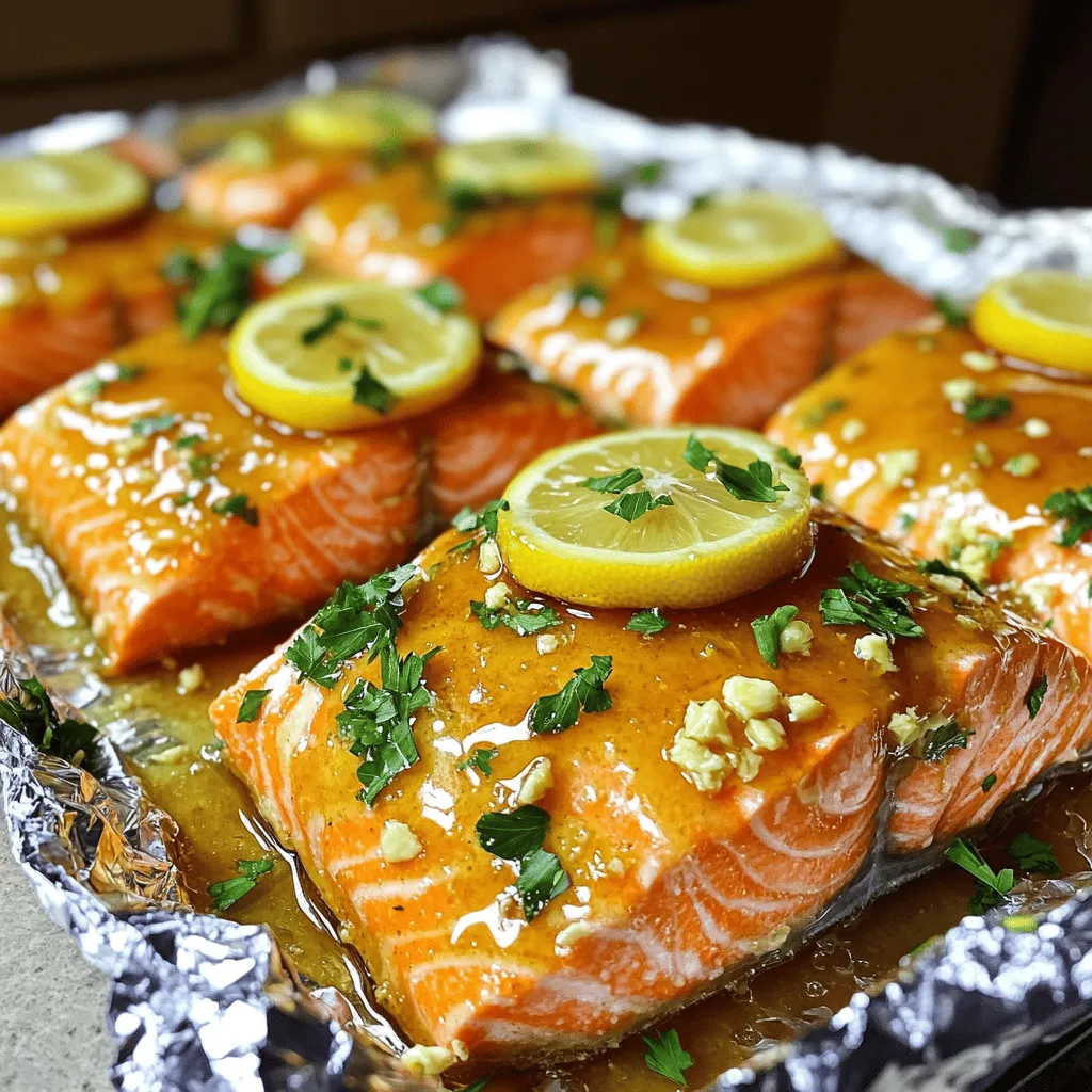 - 4 salmon fillets (approximately 6 oz each) - 1/4 cup unsalted butter, melted - 1/4 cup honey - 3 cloves garlic, finely minced - 2 tablespoons low-sodium soy sauce - 1 tablespoon freshly squeezed lemon juice I love using fresh salmon fillets for this recipe. They are rich in taste and healthy. The butter, honey, and garlic create a tasty sauce. This mixture adds flavor to the salmon. Soy sauce and lemon juice balance the sweetness and make it bright. - Salt and freshly cracked black pepper, to taste - Lemon slices, for garnish - Fresh parsley, finely chopped, for garnish Salt and pepper are key. They enhance the salmon's natural flavor. Lemon slices add a fresh touch. Parsley brings color and a hint of earthiness to the dish. Both make your presentation pop! - Aluminum foil Aluminum foil is vital for this recipe. It helps cook the salmon evenly. The foil packets trap steam, keeping the salmon moist. This method makes cleanup easy, too! Just toss the foil after cooking. First, preheat your oven to 375°F (190°C). This helps the salmon cook evenly. While it heats up, cut four large squares of aluminum foil. Each piece should be big enough to wrap one salmon fillet, with some extra space to avoid leaks. In a mixing bowl, combine the melted butter, honey, minced garlic, soy sauce, and lemon juice. Use a whisk to mix the ingredients well. You want the sauce to be smooth, so make sure there are no lumps. This blend brings a sweet and savory flavor that perfectly complements the salmon. Now, place each salmon fillet in the center of a foil square. Sprinkle salt and freshly cracked black pepper on both sides. This step is key for flavor. Next, spoon the honey garlic butter sauce over each fillet, making sure they are well coated. Carefully fold the sides of the foil to form a sealed packet around each salmon fillet. It’s important to seal them tightly. This traps the steam and keeps the salmon moist. Arrange the foil packets on a baking sheet and place them in the preheated oven. Bake for 15 to 20 minutes. The salmon is done when it flakes easily with a fork. When time is up, open the packets carefully to avoid hot steam. Garnish each fillet with lemon slices and chopped parsley for a fresh touch before serving. To cook salmon well, timing is key. Thicker fillets need more time. Here are some tips: - Cooking times based on thickness: For fillets about 1 inch thick, bake for 15 to 20 minutes. If your fillet is thicker, add 5 more minutes. Always check for doneness. - Checking doneness: The salmon is ready when it flakes easily with a fork. You can also use a meat thermometer; it should read 145°F (63°C). Want to take your salmon to the next level? Consider marinating it. Here’s how: - Marinating options: You can marinate salmon in the honey garlic sauce for 30 minutes before baking. This step adds depth to the flavor. - Adding herbs and spices: Fresh herbs like dill or thyme brighten the dish. A pinch of red pepper flakes adds a kick. Experiment to find what you love. How you serve salmon can change the vibe of your meal. Here are two ideas: - Serving in foil vs. on a plate: For a fun touch, serve salmon in its foil packet. This keeps it warm and makes cleanup easy. - On a plate: If you prefer a polished look, transfer the fillets to plates. Drizzle the sauce from the packets over the fish for extra flavor. Pair it with colorful veggies or rice for a full meal. {{image_4}} You can swap salmon for other fish like tilapia or trout. These fishes cook quickly and taste great too. They also soak up the honey garlic butter well. If you want a different flavor, try using maple syrup or agave nectar instead of honey. These sweeteners bring a unique taste to the dish. You can grill the salmon instead of baking it. Just preheat your grill to medium heat. Place the foil packets on the grill and cook for about 15 minutes. This method adds a nice smoky flavor. An air fryer is also a great choice. Set it to 375°F (190°C) and place the foil packets inside. They will cook for about 12 to 15 minutes. An air fryer gives a crispy outside while keeping the salmon moist. To spice things up, try adding different sauces to the honey garlic butter. A splash of sriracha or teriyaki sauce can add a kick. You can also add vegetables to the foil packets. Broccoli, asparagus, or bell peppers work well. They steam nicely and soak up the sauce flavors. This makes your meal colorful and healthy. After enjoying your honey garlic butter salmon, you'll want to save any leftovers. Store them in the fridge right away. Place the salmon in an airtight container. This helps keep it fresh. You can also wrap each fillet tightly in plastic wrap. Make sure to use a container or wrap that seals well to avoid air exposure. When it's time to eat the leftovers, you want to keep that great flavor. The best way is to reheat in the oven. Preheat your oven to 350°F (175°C). Place the salmon on a baking sheet and cover it with foil. This keeps it moist. Heat for about 10 minutes. Watch closely to avoid overcooking. You want to warm it, not cook it again. If you want to save your salmon for a longer time, freezing works well. Wrap each fillet tightly in aluminum foil. Then, place them in a freezer-safe bag. Make sure to squeeze out as much air as you can. This helps prevent freezer burn. When you're ready to eat, take a fillet out and put it in the fridge overnight to thaw. You can then cook it as you normally would. Enjoy your tasty meal later! Bake salmon in foil for about 15 to 20 minutes. The time depends on the thickness of the fillets. Thicker pieces may need a bit more time, while thinner ones cook faster. A good rule is to check for doneness at the 15-minute mark. The salmon should flake easily with a fork when done. Yes, you can grill this salmon in foil! Preheat your grill to medium heat. Place the foil packets on the grill and cook for 10 to 15 minutes. Keep an eye on them to avoid burning. The salmon will be tasty and slightly smoky. This salmon pairs well with many sides. Try steamed vegetables like broccoli or green beans. You can also serve it with fluffy rice or quinoa. A fresh salad adds a nice crunch too. For extra flavor, drizzle some of the honey garlic butter sauce over the sides. Absolutely! You can prep the salmon ahead of time. Season the fillets and add the sauce. Wrap them in foil and store them in the fridge for up to two days. When ready to cook, bake or grill as usual. This makes weeknight dinners quick and easy! Baking honey garlic butter salmon in foil is simple and rewarding. You learned about key ingredients like salmon, honey, and garlic. The step-by-step guide helps you create a delicious meal easily. Remember to check cooking times and try variations to suit your taste. Leftovers, if any, can be stored and reheated without losing flavor. Enjoy your meal and impress your friends with this easy recipe!