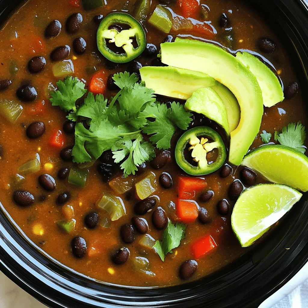 To make this spicy black bean soup, gather these main ingredients: - 2 cups dried black beans, carefully rinsed and inspected for debris - 1 medium onion, diced into small pieces - 3 cloves garlic, minced finely - 1 red bell pepper, chopped into bite-sized pieces - 1 green bell pepper, chopped into bite-sized pieces - 2 jalapeño peppers, minced (remove seeds for milder flavor) - 4 cups vegetable broth, preferably low-sodium - 1 can (14 oz) diced tomatoes with green chilies, undrained - 2 tablespoons tomato paste for depth of flavor - 1 tablespoon ground cumin for earthiness - 1 tablespoon chili powder for spice - 1 teaspoon smoked paprika for a hint of smokiness - Salt and black pepper to taste Dress up your soup with these tasty garnishes: - Fresh cilantro, roughly chopped - Creamy avocado slices - Lime wedges for a zesty finish This soup is both vegetarian and vegan. If you want to make it gluten-free, check the broth label. You can swap dried black beans for canned ones, but remember to drain and rinse them first. If you're not a fan of heat, you can skip the jalapeños or use mild peppers instead. Enjoy making this dish your own! First, rinse the dried black beans in cold water. This removes dirt and stones. Check for any damaged beans. Next, chop your onion into small pieces. Mince the garlic finely, and dice the red and green bell peppers. For added heat, mince the jalapeño peppers, but you can remove the seeds for less spice. In your slow cooker, combine all the rinsed black beans, diced onion, minced garlic, chopped peppers, and minced jalapeños. Pour in the vegetable broth gently to avoid splashing. Add the canned diced tomatoes with their juice and the tomato paste. Sprinkle in the ground cumin, chili powder, and smoked paprika. Season with salt and black pepper to taste. Stir everything well to mix it up. Secure the lid on your slow cooker. If you choose the low setting, let it cook for 8 hours. If you are in a hurry, you can set it to high for about 4 hours. The beans should be tender when done. Once cooking is complete, use an immersion blender to blend the soup partially. This gives it a creamy texture while keeping some beans whole for a nice bite. Taste the soup and adjust the seasoning. Add more salt, pepper, or spices if needed. Serve hot, garnished with fresh cilantro, creamy avocado slices, and a lime wedge for zest. Enjoy your savory slow cooker spicy black bean soup delight! To boost the taste of your soup, use fresh herbs. Fresh cilantro adds a bright note. Consider adding lime juice for a zesty kick. For extra depth, add a splash of soy sauce. If you want more heat, toss in extra jalapeños. You can also try adding a dash of hot sauce before serving. Always rinse your dried black beans well before cooking. This removes dirt and debris. Soaking beans overnight can help speed cooking. If you skip soaking, just keep cooking them longer. Make sure to cover the beans with liquid while they cook. This helps them stay moist and tender. A reliable slow cooker is key for this recipe. Choose one with a good seal for even cooking. You will also need a sharp knife for chopping veggies. An immersion blender is great for blending the soup. If you don’t have one, a regular blender will work too. Just be careful when blending hot soup! {{image_4}} You can easily boost this soup with extra proteins. Adding chicken gives it a hearty feel. Use cooked, shredded chicken. Stir it in toward the end of cooking for best results. Quinoa is another great option. It cooks well in the soup and adds a nice texture. Just toss in 1 cup of rinsed quinoa with the other ingredients. The spice level of this soup is fun to control. If you want a milder flavor, remove the seeds from the jalapeños. This simple step cuts down on heat. For those who love spice, add more jalapeños or even a dash of hot sauce. You can also add a pinch of cayenne pepper for an extra kick. This soup is already a great fit for vegetarians and vegans. The base of black beans and veggies is filling. If you want to make it even heartier, swap vegetable broth for a richer flavor. Just ensure the broth is vegan. You can also add a splash of coconut milk at the end for creaminess. This adds a lovely twist while keeping it plant-based. After enjoying your spicy black bean soup, store leftovers in an airtight container. Let the soup cool to room temperature first. This helps keep the soup fresh. Keep it in the fridge if you plan to eat it within three days. To keep your soup longer, freeze it. Pour the cooled soup into freezer-safe containers, leaving some space for expansion. Label the containers with the date. When ready to eat, thaw the soup overnight in the fridge. Reheat on the stove over medium heat until hot, stirring often. You can also use the microwave, but stir halfway through for even warming. Stored in the fridge, your spicy black bean soup lasts about three days. If frozen, it can stay good for up to three months. Always check for signs of spoilage before eating. If it smells off or looks strange, it’s best to toss it. Enjoy your delicious soup without worry! Yes, you can use canned black beans. Just rinse and drain them first. Reduce the cooking time. Cook for about 2 hours on low or 1 hour on high. This keeps the beans from getting too soft. This soup pairs well with several sides. Try serving it with: - Cornbread: Adds a sweet touch. - Rice: Helps balance the spice. - Tortilla chips: For a crunchy contrast. - Fresh salad: Brightens the meal. Each option complements the flavors and adds texture. To make the soup milder, you can: - Remove the seeds from the jalapeños. - Use one jalapeño instead of two. - Add more vegetable broth to dilute the spice. - Include a dollop of sour cream when serving. These changes help tone down the heat while keeping the flavor. Yes, you can make this soup in a regular pot. Start by soaking the beans overnight. Then, cook them in a pot with your other ingredients. Bring it to a boil, then simmer for about 1.5 to 2 hours. Stir often to prevent sticking. Adjust cooking time based on the beans' tenderness. In this article, we explored how to make a delicious Spicy Black Bean Soup. We covered the main ingredients, handy tips, and step-by-step instructions. I also shared ways to customize your soup for different diets and preferences. Remember, you can adjust spice levels and try out various proteins. Don’t forget to store leftovers properly for later enjoyment. This soup is not just tasty; it’s simple to make and offers lots of room for creativity. Enjoy your cooking adventure and the warm, heart-filled meals that follow!