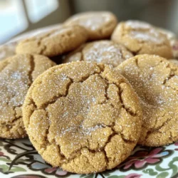To make chewy ginger molasses cookies, gather these ingredients: - 2 1/4 cups all-purpose flour - 2 teaspoons ground ginger - 1 teaspoon ground cinnamon - 1 teaspoon baking soda - 1/2 teaspoon salt - 3/4 cup unsalted butter, softened - 1 cup packed brown sugar (light or dark) - 1/2 cup unsulfured molasses - 1 large egg, at room temperature - 1 teaspoon pure vanilla extract - 1/4 cup granulated sugar (for rolling) When selecting ingredients, choose high-quality butter for a rich flavor. Look for fresh spices, as they add depth. Use unsulfured molasses for a pure taste. If you have allergies or dietary needs, here are some good alternatives: - Use gluten-free flour if needed. - Replace brown sugar with coconut sugar for a lower glycemic index. - Replace the egg with a flaxseed meal mix for a vegan option. - Use maple syrup instead of molasses for a different flavor. For healthier options, consider organic ingredients. Organic butter and sugar have fewer additives and taste better. Before you start, make sure to have these pantry essentials: - Baking soda helps the cookies rise. - Unsalted butter gives you control over salt levels. You will also need some recommended tools: - A large mixing bowl for combining ingredients. - An electric mixer for creaming butter and sugar. - A baking sheet lined with parchment for easy cleanup. - A wire rack for cooling the cookies evenly. 1. Preheating the oven: Start by turning your oven to 350°F (175°C). This heat helps the cookies bake evenly. Don't forget to line a baking sheet with parchment paper. This helps keep the cookies from sticking. 2. Mixing dry ingredients: In a medium bowl, whisk together the all-purpose flour, ground ginger, ground cinnamon, baking soda, and salt. Mix until everything is well blended. This step is key for even flavor in your cookies. 1. Creaming butter and sugar: In a large mixing bowl, beat the softened butter and packed brown sugar with an electric mixer. Mix for about 2 to 3 minutes. The mix should be creamy and fluffy. 2. Adding wet components: Next, add the unsulfured molasses, room temperature egg, and pure vanilla extract. Beat on medium speed until all is well combined. This should take 1 to 2 minutes. 1. Chilling process: Cover the mixing bowl with plastic wrap. Place it in the fridge for about 30 minutes. This makes the dough easier to handle and helps the cookies keep their shape. 2. Rolling and arranging on the baking sheet: After chilling, take about 1 tablespoon of dough and roll it into a ball. Roll each ball in granulated sugar until fully coated. Then, place them on the baking sheet. Leave about 2 inches of space between each ball for spreading. To get that chewy texture, pay attention to your ingredients. Use room temperature butter and egg. This helps them blend well. Cold butter can make your cookies dense. Chilling the dough for 30 minutes is key. It firms up the dough, keeping cookies from spreading too much. How do you know when your cookies are done? Look for slightly set edges. The centers should still look soft. Don't worry; they will firm up as they cool. To avoid flat cookies, roll the dough into tight balls. Place them well apart on the baking sheet. For serving, place cookies on a colorful plate. A light sprinkle of cinnamon on top adds charm. You can also wrap a few in clear bags with ribbons for gifts. Enjoy these cookies with a glass of cold milk or a warm cup of tea. These pairings enhance their rich flavors. {{image_4}} You can make your chewy ginger molasses cookies even better! Try adding chocolate chips or nuts. Both options give a nice twist to the classic flavor. Chopped walnuts or pecans add a crunchy texture. Dark chocolate chips can provide a rich taste that balances the spice. You can also explore different spices. Instead of just ginger and cinnamon, try adding allspice or nutmeg. These spices can enhance the warmth and depth of flavor. A pinch of cayenne pepper can add a fun kick, too! If you need gluten-free cookies, you can replace all-purpose flour with a gluten-free blend. Look for a blend that includes xanthan gum to help with texture. This way, you can still enjoy the chewy goodness without gluten. For vegan cookies, swap the butter for coconut oil or a vegan butter alternative. Use a flax egg (1 tablespoon of ground flaxseed mixed with 2.5 tablespoons of water) instead of the egg. This will keep your cookies moist and chewy. You can create holiday-themed cookies by adding festive decorations. Roll the dough in colored sugars for a fun look. Adding a bit of orange zest can give a nice seasonal flavor, too. For special events, like birthdays, consider adding sprinkles to the dough. You can also shape the cookies into fun forms using cookie cutters. This makes them great for any celebration! To keep your chewy ginger molasses cookies fresh, store them in an airtight container. This helps maintain moisture and flavor. If you have a lot of cookies, layer them with parchment paper to prevent sticking. Use a container made of glass or plastic with a tight seal for best results. You can freeze both the dough and baked cookies. To freeze the dough, shape it into balls and place them on a baking sheet. Freeze until solid, then transfer to a zip-top bag. For baked cookies, let them cool completely, then store in a freezer-safe container. To thaw cookie dough, leave it in the fridge overnight. For baked cookies, let them sit at room temperature for 30 minutes. Reheat in the oven at 350°F for a few minutes to restore that fresh-baked taste. When stored properly, baked cookies last about one week at room temperature. In the fridge, they can last up to two weeks. If you freeze them, they can stay fresh for up to three months. Always check for signs of spoilage, like mold or an off smell, before eating. Yes, you can try alternatives like honey or maple syrup. These options will change the flavor and texture. Honey adds sweetness and moisture. Maple syrup gives a unique taste but may be thinner. You may want to reduce other liquids to keep the dough right. To lower the sweetness, reduce the brown sugar. Try using 3/4 cup instead of 1 cup. You can also cut down the granulated sugar used for rolling. This change helps balance the flavors without losing the cookie’s charm. If the dough is sticky, chill it longer. Place it in the fridge for an extra 10-15 minutes. Adding a little more flour helps too, but do it slowly. Mix in 1 tablespoon at a time until the dough is easy to handle. Look for edges that are dark brown. The center should feel soft but not liquid. If the cookies are hard all over, they are likely overbaked. Aim for a slightly soft center as they will firm up after cooling. This post covers all you need to know about baking cookies. We explored key ingredients, measurements, and quality tips for selection. You learned about useful substitutions for allergies and healthier options. The step-by-step instructions help you create the perfect cookie shape and texture. Remember the baking tips for a great result. Lastly, I’ve shared storage methods to keep your cookies fresh. Enjoy your baking journey and let creativity lead your recipes!