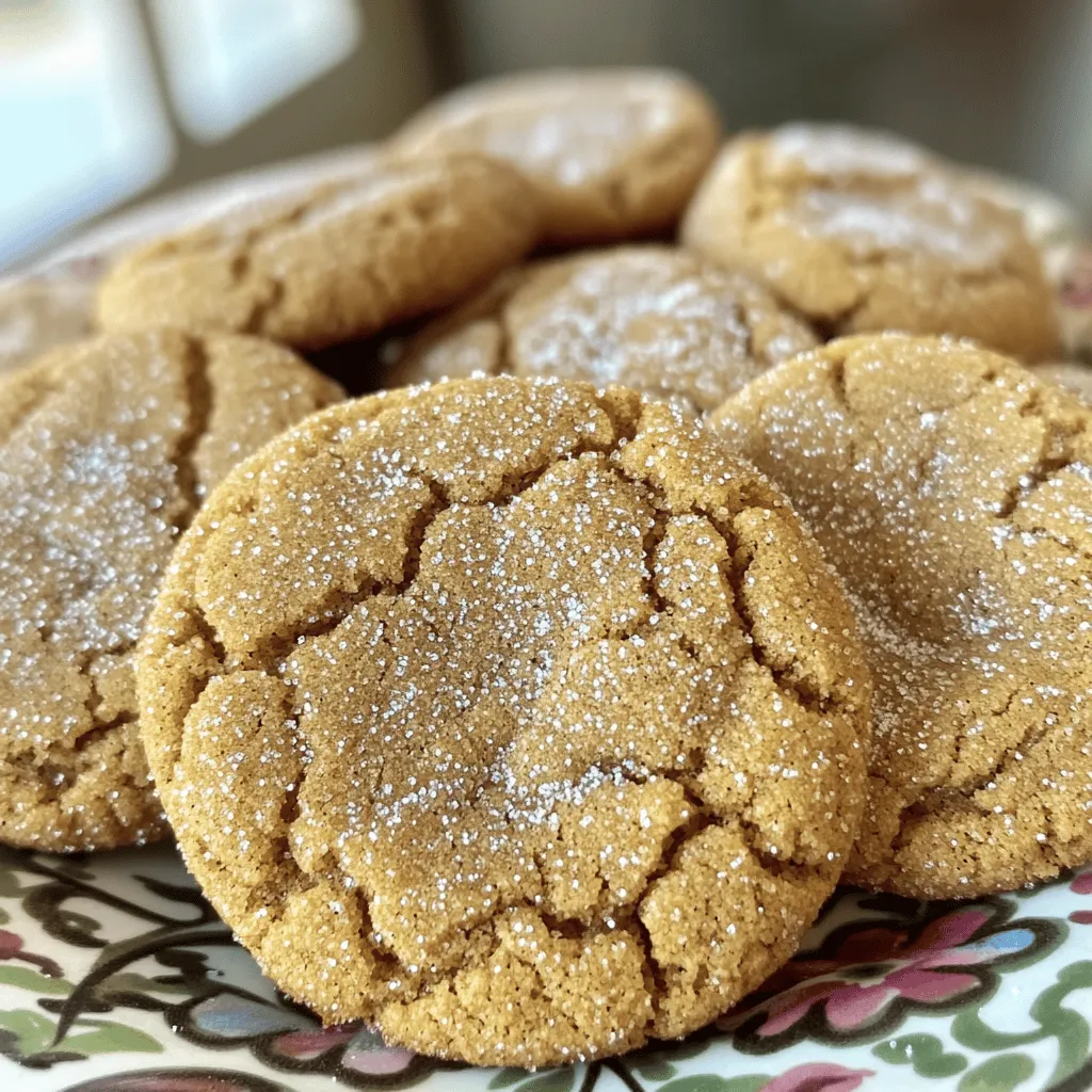 To make chewy ginger molasses cookies, gather these ingredients: - 2 1/4 cups all-purpose flour - 2 teaspoons ground ginger - 1 teaspoon ground cinnamon - 1 teaspoon baking soda - 1/2 teaspoon salt - 3/4 cup unsalted butter, softened - 1 cup packed brown sugar (light or dark) - 1/2 cup unsulfured molasses - 1 large egg, at room temperature - 1 teaspoon pure vanilla extract - 1/4 cup granulated sugar (for rolling) When selecting ingredients, choose high-quality butter for a rich flavor. Look for fresh spices, as they add depth. Use unsulfured molasses for a pure taste. If you have allergies or dietary needs, here are some good alternatives: - Use gluten-free flour if needed. - Replace brown sugar with coconut sugar for a lower glycemic index. - Replace the egg with a flaxseed meal mix for a vegan option. - Use maple syrup instead of molasses for a different flavor. For healthier options, consider organic ingredients. Organic butter and sugar have fewer additives and taste better. Before you start, make sure to have these pantry essentials: - Baking soda helps the cookies rise. - Unsalted butter gives you control over salt levels. You will also need some recommended tools: - A large mixing bowl for combining ingredients. - An electric mixer for creaming butter and sugar. - A baking sheet lined with parchment for easy cleanup. - A wire rack for cooling the cookies evenly. 1. Preheating the oven: Start by turning your oven to 350°F (175°C). This heat helps the cookies bake evenly. Don't forget to line a baking sheet with parchment paper. This helps keep the cookies from sticking. 2. Mixing dry ingredients: In a medium bowl, whisk together the all-purpose flour, ground ginger, ground cinnamon, baking soda, and salt. Mix until everything is well blended. This step is key for even flavor in your cookies. 1. Creaming butter and sugar: In a large mixing bowl, beat the softened butter and packed brown sugar with an electric mixer. Mix for about 2 to 3 minutes. The mix should be creamy and fluffy. 2. Adding wet components: Next, add the unsulfured molasses, room temperature egg, and pure vanilla extract. Beat on medium speed until all is well combined. This should take 1 to 2 minutes. 1. Chilling process: Cover the mixing bowl with plastic wrap. Place it in the fridge for about 30 minutes. This makes the dough easier to handle and helps the cookies keep their shape. 2. Rolling and arranging on the baking sheet: After chilling, take about 1 tablespoon of dough and roll it into a ball. Roll each ball in granulated sugar until fully coated. Then, place them on the baking sheet. Leave about 2 inches of space between each ball for spreading. To get that chewy texture, pay attention to your ingredients. Use room temperature butter and egg. This helps them blend well. Cold butter can make your cookies dense. Chilling the dough for 30 minutes is key. It firms up the dough, keeping cookies from spreading too much. How do you know when your cookies are done? Look for slightly set edges. The centers should still look soft. Don't worry; they will firm up as they cool. To avoid flat cookies, roll the dough into tight balls. Place them well apart on the baking sheet. For serving, place cookies on a colorful plate. A light sprinkle of cinnamon on top adds charm. You can also wrap a few in clear bags with ribbons for gifts. Enjoy these cookies with a glass of cold milk or a warm cup of tea. These pairings enhance their rich flavors. {{image_4}} You can make your chewy ginger molasses cookies even better! Try adding chocolate chips or nuts. Both options give a nice twist to the classic flavor. Chopped walnuts or pecans add a crunchy texture. Dark chocolate chips can provide a rich taste that balances the spice. You can also explore different spices. Instead of just ginger and cinnamon, try adding allspice or nutmeg. These spices can enhance the warmth and depth of flavor. A pinch of cayenne pepper can add a fun kick, too! If you need gluten-free cookies, you can replace all-purpose flour with a gluten-free blend. Look for a blend that includes xanthan gum to help with texture. This way, you can still enjoy the chewy goodness without gluten. For vegan cookies, swap the butter for coconut oil or a vegan butter alternative. Use a flax egg (1 tablespoon of ground flaxseed mixed with 2.5 tablespoons of water) instead of the egg. This will keep your cookies moist and chewy. You can create holiday-themed cookies by adding festive decorations. Roll the dough in colored sugars for a fun look. Adding a bit of orange zest can give a nice seasonal flavor, too. For special events, like birthdays, consider adding sprinkles to the dough. You can also shape the cookies into fun forms using cookie cutters. This makes them great for any celebration! To keep your chewy ginger molasses cookies fresh, store them in an airtight container. This helps maintain moisture and flavor. If you have a lot of cookies, layer them with parchment paper to prevent sticking. Use a container made of glass or plastic with a tight seal for best results. You can freeze both the dough and baked cookies. To freeze the dough, shape it into balls and place them on a baking sheet. Freeze until solid, then transfer to a zip-top bag. For baked cookies, let them cool completely, then store in a freezer-safe container. To thaw cookie dough, leave it in the fridge overnight. For baked cookies, let them sit at room temperature for 30 minutes. Reheat in the oven at 350°F for a few minutes to restore that fresh-baked taste. When stored properly, baked cookies last about one week at room temperature. In the fridge, they can last up to two weeks. If you freeze them, they can stay fresh for up to three months. Always check for signs of spoilage, like mold or an off smell, before eating. Yes, you can try alternatives like honey or maple syrup. These options will change the flavor and texture. Honey adds sweetness and moisture. Maple syrup gives a unique taste but may be thinner. You may want to reduce other liquids to keep the dough right. To lower the sweetness, reduce the brown sugar. Try using 3/4 cup instead of 1 cup. You can also cut down the granulated sugar used for rolling. This change helps balance the flavors without losing the cookie’s charm. If the dough is sticky, chill it longer. Place it in the fridge for an extra 10-15 minutes. Adding a little more flour helps too, but do it slowly. Mix in 1 tablespoon at a time until the dough is easy to handle. Look for edges that are dark brown. The center should feel soft but not liquid. If the cookies are hard all over, they are likely overbaked. Aim for a slightly soft center as they will firm up after cooling. This post covers all you need to know about baking cookies. We explored key ingredients, measurements, and quality tips for selection. You learned about useful substitutions for allergies and healthier options. The step-by-step instructions help you create the perfect cookie shape and texture. Remember the baking tips for a great result. Lastly, I’ve shared storage methods to keep your cookies fresh. Enjoy your baking journey and let creativity lead your recipes!