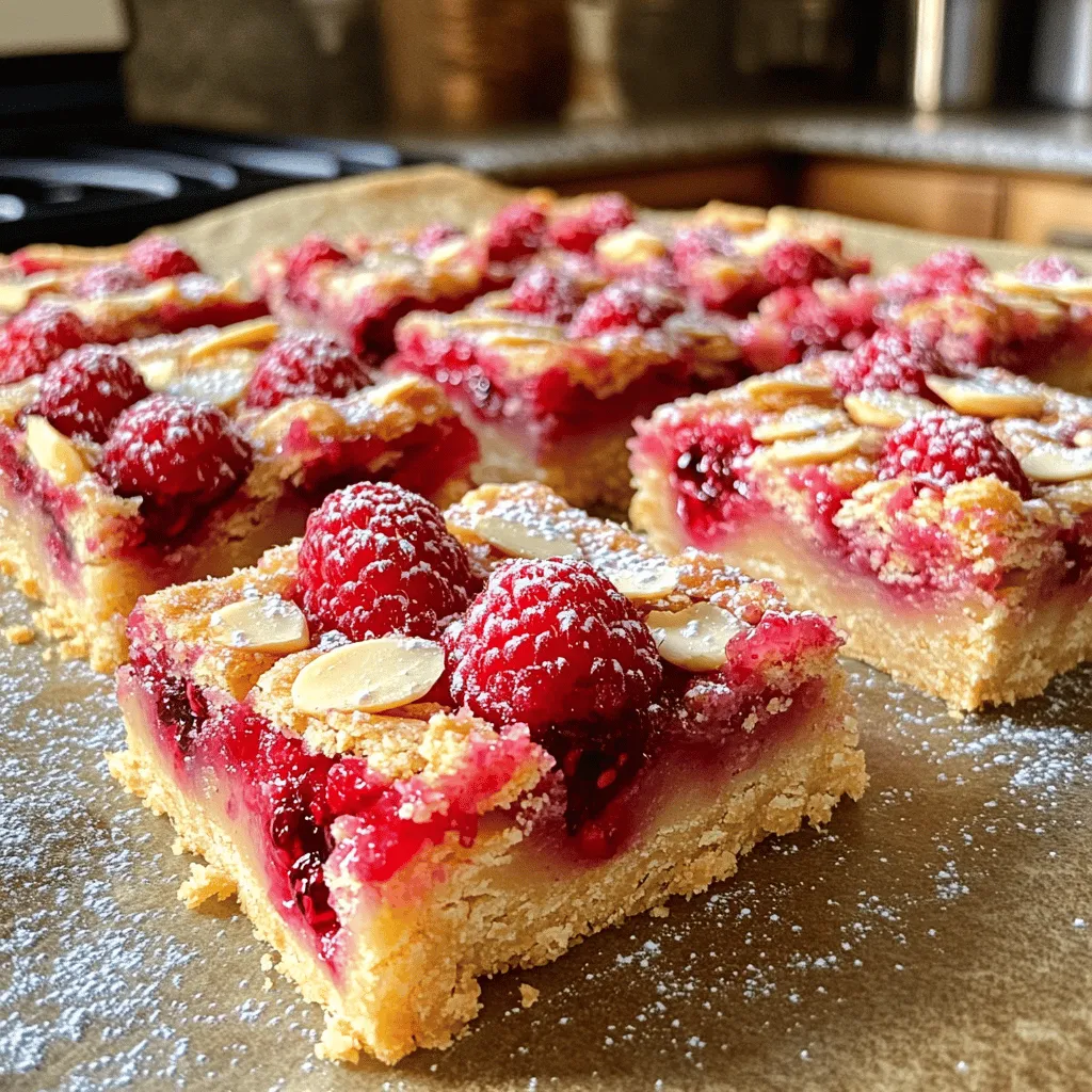 To make Raspberry Almond Shortbread Bars, you will need a variety of simple ingredients. Here’s the list: - 1 cup unsalted butter, softened to room temperature - 3/4 cup powdered sugar - 1 teaspoon pure vanilla extract - 2 cups all-purpose flour - 1/2 teaspoon sea salt - 1/2 cup almond flour - 1 cup fresh raspberries (or thawed frozen raspberries) - 1/2 cup sliced almonds - 1 tablespoon fresh lemon juice - 1 tablespoon granulated sugar (for topping) Each ingredient plays a key role in creating these tasty bars. The butter gives richness, while powdered sugar adds sweetness. Vanilla extract brings warmth to the flavor. The flour mix provides structure and a soft crumb. Almond flour adds a nutty taste and tender texture. Fresh raspberries bring brightness and a burst of color. Sliced almonds add crunch on top. Lemon juice enhances the raspberry flavor, making it pop. Finally, the granulated sugar on top creates a slight crunch. Gather these ingredients before you start. It’s fun to see how they blend together into a delicious treat! 1. Preheat the oven and prepare the baking dish: Start by preheating your oven to 350°F (175°C). Grab a 9x9 inch (23x23 cm) baking dish. Line it with parchment paper. Let the paper hang over the edges. This helps you lift the bars out later. 2. Creaming the butter and sugar: In a big mixing bowl, add 1 cup of softened unsalted butter and 3/4 cup of powdered sugar. Use a hand mixer or stand mixer. Mix them on medium speed for about 2-3 minutes. Stop when it looks light and fluffy. 3. Mixing the dry ingredients and combining with the wet ingredients: In another bowl, whisk together 2 cups of all-purpose flour, 1/2 teaspoon of sea salt, and 1/2 cup of almond flour. Gradually add this mix to the butter mix. Use low speed to combine them. Be careful not to overmix. 4. Assembling the layers of dough and raspberries: Press about 2/3 of the dough into the bottom of the baking dish. This is your base layer. In a medium bowl, toss 1 cup of fresh raspberries with 1 tablespoon of lemon juice and 1 tablespoon of granulated sugar. Spread this raspberry mix over the dough. Crumble the remaining dough on top. Leave some gaps for the raspberries. Then, sprinkle 1/2 cup of sliced almonds on top for crunch. 1. Baking time and temperature: Place the dish in the oven. Bake for 30-35 minutes. Keep an eye on it. The edges should turn golden brown, and the center should feel firm. 2. Checking for doneness: When the bars are done, take them out of the oven. Let them cool in the pan for about 10 minutes. Then, lift them out using the parchment paper. Let them cool completely on a wire rack. When cool, cut the dessert into squares or bars. Enjoy! - How to achieve the perfect crust To get a great crust, press the dough firmly into the pan. This helps it bake evenly and stay together. Use your fingers or the back of a measuring cup for an even layer. - Avoiding overmixing tips Mix the dough just until combined. Overmixing can make your bars tough. Stop mixing as soon as you don’t see any dry flour. - Adjusting baking time for different ovens Every oven is a bit different. Check your bars a few minutes early. Look for golden edges and a firm center. If your oven runs hot, you may need less time. - Presentation tips for Raspberry Almond Shortbread Bars Arrange the bars on a pretty platter. Dust them lightly with powdered sugar for a touch of elegance. Add fresh raspberries and mint leaves for color and charm. - Pairing suggestions with beverages or toppings Serve these bars with tea or coffee for a cozy treat. They also pair well with vanilla ice cream or whipped cream. A drizzle of chocolate adds a nice touch, too. {{image_4}} You can switch up the flavors in Raspberry Almond Shortbread Bars. Using different fruits can add fun twists. For example, blueberries or strawberries work well. Both fruits bring a sweet and tart flavor. You can also try nuts. Substitute walnuts or pecans for a new crunch. This change adds richness and depth. Adding spices or extracts can enhance the taste too. A pinch of cinnamon or cardamom gives warmth. You might also use almond or orange extract for a more aromatic touch. These little changes make your bars unique and fun. If you need gluten-free options, almond or coconut flour works great. These flours offer a nice texture and taste. They keep your bars soft and chewy. Just remember to adjust the amount. You may need less flour than the recipe calls for. For a vegan version, swap butter for coconut oil or vegan butter. You can replace eggs with applesauce or flaxseed meal mixed with water. These swaps keep the bars moist and delicious. Enjoy the same great taste while sticking to your diet! To keep your Raspberry Almond Shortbread Bars fresh, use an airtight container. Lay a piece of parchment paper between layers to prevent sticking. This method keeps them moist and tasty. You can store them in the fridge or freezer. If you choose the fridge, they stay fresh for about a week. For longer storage, the freezer is best. Wrap them well in plastic wrap and place them in a freezer bag. They can last up to three months in the freezer. Raspberry Almond Shortbread Bars have a good shelf life. If stored correctly, they stay fresh for up to a week in the fridge. In the freezer, they can last three months. Watch for signs of spoilage. If the bars smell off or have mold, it's time to toss them. Also, if the texture feels dry or crumbly, the bars may not taste as good. Enjoy them while they’re fresh for the best flavor! Can I use frozen raspberries for this recipe? Yes, you can use frozen raspberries. Just thaw them first. This way, they will mix well with the dough. The flavor will still shine through. How do I make the bars more almond-flavored? To boost the almond flavor, add almond extract. Just a half teaspoon can make a big difference. You can also increase the almond flour slightly for a stronger taste. Can I cut these bars into different shapes? Absolutely! You can use cookie cutters for fun shapes. Just be sure to let the bars cool completely before cutting. This keeps them from breaking apart. What kitchen tools do I need for this recipe? You will need a mixing bowl, a hand mixer, a whisk, and a baking dish. Parchment paper is also helpful for easy removal. A knife will help you cut the bars once they cool. Can I make these ahead of time? Yes, you can make these bars a day ahead. Just store them in an airtight container. They will stay fresh and tasty, ready to enjoy when you want. This blog post covered everything you need for Raspberry Almond Shortbread Bars. You learned about key ingredients, step-by-step preparation, and baking tips. We also discussed serving ideas, flavor variations, and storage methods. Now, you have a delightful treat that's easy to make. Whether you stick to the basics or try variations, enjoy the process. These bars will impress your friends and family, bringing joy to every bite. Happy baking!