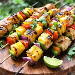 - 1 lb boneless, skinless chicken breast, cut into 1-inch cubes - 1 medium ripe pineapple, peeled and cut into large chunks - 1 red bell pepper, deseeded and cut into 1-inch squares - 1 green bell pepper, deseeded and cut into 1-inch squares - 1 small red onion, cut into wedges - 1/4 cup soy sauce - 2 tablespoons honey - 2 tablespoons olive oil - 2 cloves garlic, finely minced - 1 teaspoon ground ginger - Salt and freshly ground pepper to taste - Skewers (wooden skewers should be soaked in water for 30 minutes prior to use) For Pineapple Chicken Kabobs, the main ingredients shine. Start with fresh, boneless chicken. I prefer using chicken breast for its lean quality. The fresh pineapple adds sweetness, which balances the savory chicken. Colorful vegetables are key. Red and green bell peppers add crunch and flavor. The red onion gives a sweet note when grilled. Each ingredient brings something special to the kabobs. - Flavor enhancers like lime zest or chili flakes - Additional vegetables like zucchini or cherry tomatoes - Suggested garnishes such as chopped cilantro or parsley You can enhance flavor with optional ingredients. A bit of lime zest brightens the kabobs. If you like heat, try adding chili flakes. You might also consider zucchini or cherry tomatoes for more variety. Garnishes make a difference too. Fresh cilantro or parsley adds a pop of color and taste. These small touches create a complete dish that looks great on the plate. To start, grab a medium mixing bowl. In this bowl, combine the soy sauce, honey, olive oil, minced garlic, ground ginger, salt, and pepper. Whisk these ingredients until smooth. This step is key. It helps the flavors blend well. A good marinade makes the chicken tasty. Now, it's time to marinate the chicken. Add the cubed chicken breast to the marinade. Make sure each piece is fully coated. Cover the bowl tightly with plastic wrap. Place it in the fridge for at least 30 minutes. For the best flavor, let it sit for up to 2 hours. While the chicken marinates, preheat your grill to medium-high heat. This ensures a nice sear on the kabobs. After marinating, grab your skewers. If you use wooden ones, soak them in water for 30 minutes first. Start threading your kabobs with chicken, pineapple, red bell pepper, green bell pepper, and red onion. Alternate the pieces for a colorful look. Place the kabobs on the hot grill. Cook them for about 10-12 minutes. Turn them every few minutes. You want the chicken to cook through and the juices to run clear. Look for caramelization on the pineapple and veggies. This adds a nice touch. To check for doneness, cut a piece of chicken. It should be white inside, with no pink. To make your chicken juicy and tasty, marinate it well. Here are some best practices for marinating chicken: - Use a good marinade: Combine soy sauce, honey, garlic, and ginger. This mix adds flavor. - Coat evenly: Make sure each chicken piece gets the marinade. It helps all the flavors soak in. - Time matters: Marinate for at least 30 minutes. For best taste, go for 2 hours. This time allows the chicken to absorb all the tasty goodness. Marinating gives many benefits. It makes the chicken tender and juicy. The longer you marinate, the more flavor the chicken gets. Grilling kabobs can be fun and easy. Here’s how to ensure even cooking: - Preheat the grill: Set your grill to medium-high heat. This helps cook the chicken well. - Even spacing: When you thread the kabobs, space the pieces apart. This allows hot air to circulate. Flare-ups can happen while grilling. To avoid them: - Keep an eye on the grill: Stay close and monitor your kabobs. If you see flames, move them to a cooler spot. - Trim excess fat: Less fat helps reduce flare-ups. Serving your kabobs nicely makes them more appealing. Here are some ideas: - Use a colorful platter: Arrange the kabobs on a large, vibrant plate. It makes a great first impression. - Garnish: Add fresh cilantro or parsley on top for a pop of color. - Add lime juice: Drizzle some lime juice over the kabobs just before serving. It gives a fresh and zesty flavor. For pairing, serve these kabobs with rice or a fresh salad. They balance the sweetness of the pineapple and the savory chicken. {{image_4}} You can make your kabobs even more exciting by adding spices or herbs. Try adding a pinch of smoked paprika or a dash of chili powder for heat. Fresh herbs like cilantro or basil can also brighten the dish. If you want to change the marinade, consider using teriyaki sauce instead of soy sauce. You can also mix in some fresh lime juice for a zesty twist. Experiment with different flavors to find your favorite! Feel free to swap out the chicken for other proteins. Shrimp and firm tofu work great on skewers too. If you want to use beef, choose tender cuts like sirloin. Just remember to adjust the cooking time. You can also change the vegetables. Instead of bell peppers, try zucchini or cherry tomatoes. Eggplant adds a nice touch as well. Using seasonal veggies can make your kabobs even more colorful. You can roast your kabobs in the oven if you don’t have a grill. Preheat your oven to 400°F (200°C). Place the skewers on a baking sheet and roast for about 15-20 minutes. This method gives you nice, juicy kabobs too. An air fryer is another option. Set it to 375°F (190°C). Cook the kabobs for around 10-12 minutes. This method makes them crispy, and you don’t need to use much oil. Enjoy your kabobs in different ways! After enjoying your pineapple chicken kabobs, store any leftovers in a safe way. Use an airtight container to keep the kabobs fresh. You can keep them in the fridge for 3 to 4 days. If you want to keep them longer, freeze them for up to 3 months. Just make sure to label the container with the date. When it’s time to enjoy your leftovers, reheat the kabobs carefully. The best way to do this is in the oven or on a grill. Preheat the oven to 350°F (175°C). Place the kabobs on a baking sheet and cover them with foil. Heat for about 10 to 15 minutes or until they are warm. To avoid dryness, do not overcook the kabobs when reheating. You can add a little water to the pan or brush them with olive oil before reheating. This keeps the chicken juicy and tasty. Enjoy your delicious kabobs again! You can use both wooden and metal skewers. If you choose wooden skewers, soak them in water for 30 minutes. This helps prevent burning on the grill. Metal skewers are reusable and do not require soaking. They also get hotter, so use tongs to handle them. Choose based on your preference for ease or eco-friendliness. Yes, you can prep them in advance. Marinate the chicken up to two hours before grilling. You can also cut the pineapple and veggies a day ahead. Store them in the fridge until you're ready to assemble. This saves time when you’re ready to cook and ensures full flavor. To check if the chicken is done, look for clear juices. The meat should also be white inside. Use a meat thermometer if you have one. The internal temp should reach 165°F. This ensures it is safe to eat. Let the kabobs rest for a few minutes after grilling. This keeps the chicken juicy. Yes, you can easily make a gluten-free marinade. Substitute soy sauce with tamari or coconut aminos. Both options provide a similar taste without gluten. You can also use homemade sauces. Just mix equal parts of apple cider vinegar and water with a dash of salt. This keeps the flavors while meeting dietary needs. Pineapple chicken kabobs are a fun, tasty meal. We explored key ingredients, like chicken and fresh pineapple. I shared tips for marinating and grilling to ensure great flavor and moisture. Feel free to customize with spices and other veggies. You can even roast or air-fry these kabobs. Proper storage helps keep leftovers fresh, making future meals easy. Remember, cooking should be simple and enjoyable.