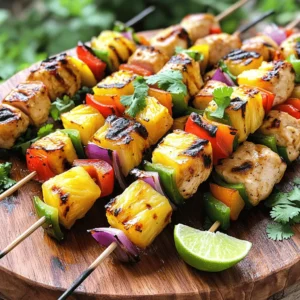 - 1 lb boneless, skinless chicken breast, cut into 1-inch cubes - 1 medium ripe pineapple, peeled and cut into large chunks - 1 red bell pepper, deseeded and cut into 1-inch squares - 1 green bell pepper, deseeded and cut into 1-inch squares - 1 small red onion, cut into wedges - 1/4 cup soy sauce - 2 tablespoons honey - 2 tablespoons olive oil - 2 cloves garlic, finely minced - 1 teaspoon ground ginger - Salt and freshly ground pepper to taste - Skewers (wooden skewers should be soaked in water for 30 minutes prior to use) For Pineapple Chicken Kabobs, the main ingredients shine. Start with fresh, boneless chicken. I prefer using chicken breast for its lean quality. The fresh pineapple adds sweetness, which balances the savory chicken. Colorful vegetables are key. Red and green bell peppers add crunch and flavor. The red onion gives a sweet note when grilled. Each ingredient brings something special to the kabobs. - Flavor enhancers like lime zest or chili flakes - Additional vegetables like zucchini or cherry tomatoes - Suggested garnishes such as chopped cilantro or parsley You can enhance flavor with optional ingredients. A bit of lime zest brightens the kabobs. If you like heat, try adding chili flakes. You might also consider zucchini or cherry tomatoes for more variety. Garnishes make a difference too. Fresh cilantro or parsley adds a pop of color and taste. These small touches create a complete dish that looks great on the plate. To start, grab a medium mixing bowl. In this bowl, combine the soy sauce, honey, olive oil, minced garlic, ground ginger, salt, and pepper. Whisk these ingredients until smooth. This step is key. It helps the flavors blend well. A good marinade makes the chicken tasty. Now, it's time to marinate the chicken. Add the cubed chicken breast to the marinade. Make sure each piece is fully coated. Cover the bowl tightly with plastic wrap. Place it in the fridge for at least 30 minutes. For the best flavor, let it sit for up to 2 hours. While the chicken marinates, preheat your grill to medium-high heat. This ensures a nice sear on the kabobs. After marinating, grab your skewers. If you use wooden ones, soak them in water for 30 minutes first. Start threading your kabobs with chicken, pineapple, red bell pepper, green bell pepper, and red onion. Alternate the pieces for a colorful look. Place the kabobs on the hot grill. Cook them for about 10-12 minutes. Turn them every few minutes. You want the chicken to cook through and the juices to run clear. Look for caramelization on the pineapple and veggies. This adds a nice touch. To check for doneness, cut a piece of chicken. It should be white inside, with no pink. To make your chicken juicy and tasty, marinate it well. Here are some best practices for marinating chicken: - Use a good marinade: Combine soy sauce, honey, garlic, and ginger. This mix adds flavor. - Coat evenly: Make sure each chicken piece gets the marinade. It helps all the flavors soak in. - Time matters: Marinate for at least 30 minutes. For best taste, go for 2 hours. This time allows the chicken to absorb all the tasty goodness. Marinating gives many benefits. It makes the chicken tender and juicy. The longer you marinate, the more flavor the chicken gets. Grilling kabobs can be fun and easy. Here’s how to ensure even cooking: - Preheat the grill: Set your grill to medium-high heat. This helps cook the chicken well. - Even spacing: When you thread the kabobs, space the pieces apart. This allows hot air to circulate. Flare-ups can happen while grilling. To avoid them: - Keep an eye on the grill: Stay close and monitor your kabobs. If you see flames, move them to a cooler spot. - Trim excess fat: Less fat helps reduce flare-ups. Serving your kabobs nicely makes them more appealing. Here are some ideas: - Use a colorful platter: Arrange the kabobs on a large, vibrant plate. It makes a great first impression. - Garnish: Add fresh cilantro or parsley on top for a pop of color. - Add lime juice: Drizzle some lime juice over the kabobs just before serving. It gives a fresh and zesty flavor. For pairing, serve these kabobs with rice or a fresh salad. They balance the sweetness of the pineapple and the savory chicken. {{image_4}} You can make your kabobs even more exciting by adding spices or herbs. Try adding a pinch of smoked paprika or a dash of chili powder for heat. Fresh herbs like cilantro or basil can also brighten the dish. If you want to change the marinade, consider using teriyaki sauce instead of soy sauce. You can also mix in some fresh lime juice for a zesty twist. Experiment with different flavors to find your favorite! Feel free to swap out the chicken for other proteins. Shrimp and firm tofu work great on skewers too. If you want to use beef, choose tender cuts like sirloin. Just remember to adjust the cooking time. You can also change the vegetables. Instead of bell peppers, try zucchini or cherry tomatoes. Eggplant adds a nice touch as well. Using seasonal veggies can make your kabobs even more colorful. You can roast your kabobs in the oven if you don’t have a grill. Preheat your oven to 400°F (200°C). Place the skewers on a baking sheet and roast for about 15-20 minutes. This method gives you nice, juicy kabobs too. An air fryer is another option. Set it to 375°F (190°C). Cook the kabobs for around 10-12 minutes. This method makes them crispy, and you don’t need to use much oil. Enjoy your kabobs in different ways! After enjoying your pineapple chicken kabobs, store any leftovers in a safe way. Use an airtight container to keep the kabobs fresh. You can keep them in the fridge for 3 to 4 days. If you want to keep them longer, freeze them for up to 3 months. Just make sure to label the container with the date. When it’s time to enjoy your leftovers, reheat the kabobs carefully. The best way to do this is in the oven or on a grill. Preheat the oven to 350°F (175°C). Place the kabobs on a baking sheet and cover them with foil. Heat for about 10 to 15 minutes or until they are warm. To avoid dryness, do not overcook the kabobs when reheating. You can add a little water to the pan or brush them with olive oil before reheating. This keeps the chicken juicy and tasty. Enjoy your delicious kabobs again! You can use both wooden and metal skewers. If you choose wooden skewers, soak them in water for 30 minutes. This helps prevent burning on the grill. Metal skewers are reusable and do not require soaking. They also get hotter, so use tongs to handle them. Choose based on your preference for ease or eco-friendliness. Yes, you can prep them in advance. Marinate the chicken up to two hours before grilling. You can also cut the pineapple and veggies a day ahead. Store them in the fridge until you're ready to assemble. This saves time when you’re ready to cook and ensures full flavor. To check if the chicken is done, look for clear juices. The meat should also be white inside. Use a meat thermometer if you have one. The internal temp should reach 165°F. This ensures it is safe to eat. Let the kabobs rest for a few minutes after grilling. This keeps the chicken juicy. Yes, you can easily make a gluten-free marinade. Substitute soy sauce with tamari or coconut aminos. Both options provide a similar taste without gluten. You can also use homemade sauces. Just mix equal parts of apple cider vinegar and water with a dash of salt. This keeps the flavors while meeting dietary needs. Pineapple chicken kabobs are a fun, tasty meal. We explored key ingredients, like chicken and fresh pineapple. I shared tips for marinating and grilling to ensure great flavor and moisture. Feel free to customize with spices and other veggies. You can even roast or air-fry these kabobs. Proper storage helps keep leftovers fresh, making future meals easy. Remember, cooking should be simple and enjoyable.