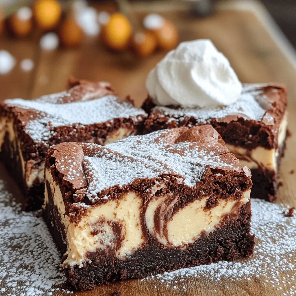 To create these Chocolate Swirl Cheesecake Brownies, you need a few simple ingredients. Each one plays a key role in making these treats rich and delicious. Here’s what you’ll need: - 1 cup unsalted butter, melted - 2 cups granulated sugar - 1 teaspoon pure vanilla extract - 4 large eggs, at room temperature - 1 cup all-purpose flour - 1 cup unsweetened cocoa powder - 1/2 teaspoon baking powder - 1/4 teaspoon fine sea salt - 8 ounces cream cheese, softened to room temperature - 1/2 cup powdered sugar - 1 egg yolk, at room temperature - 1 teaspoon pure vanilla extract (for cheesecake layer) The melted butter gives the brownies a rich flavor. Granulated sugar adds sweetness, while the vanilla extract brings a warm note. The eggs help bind everything together, making the brownies soft. The all-purpose flour provides structure, and cocoa powder delivers that deep chocolate taste. Baking powder helps them rise, and sea salt balances the sweetness. For the creamy cheesecake layer, cream cheese is key. It creates that smooth texture, while powdered sugar sweetens it. The egg yolk adds richness, and a touch of vanilla enhances the flavor. Once you gather these ingredients, you’re ready to start creating your delicious brownies! - Preheat to 350°F (175°C). - Line a 9x13 inch baking pan with parchment paper. - In a large bowl, mix melted butter and granulated sugar. - Add 1 teaspoon of vanilla extract. - Beat in 4 large eggs, one at a time. - In a medium bowl, whisk together flour, cocoa powder, baking powder, and salt. - Fold the dry mix into the wet mix gently until just combined. - In a separate bowl, beat softened cream cheese until smooth. - Mix in powdered sugar, 1 egg yolk, and 1 teaspoon vanilla. - Pour half of the brownie batter into the pan. - Drop spoonfuls of the cheesecake mixture over the brownie layer. - Swirl the cheesecake into the brownie batter with a knife. - Pour the remaining brownie batter on top and swirl again. - Bake for 30-35 minutes. - Let cool for about 15 minutes before lifting out. - Place on a wire rack to cool completely before slicing. To create a beautiful swirl in your brownies, use a simple knife or spatula. After layering the cheesecake mixture, gently drag the knife through both layers. Make figure-eight motions for a nice marbled look. Don’t overdo it. You want to see both the brownie and cheesecake. For the best results, use a small offset spatula or a butter knife. These tools help you control the swirl better. A toothpick also works, but it may be too thin. To ensure your brownies are done just right, check them after 30 minutes. Insert a toothpick in the center. It should come out with a few moist crumbs. If there’s wet batter, bake for a few more minutes. Avoid overmixing the batter when you combine wet and dry ingredients. Stir until you see no flour, but lumps are okay. This keeps your brownies soft and chewy. Serve your brownies on a pretty plate for a nice touch. Dust them lightly with powdered sugar. This makes them look fancy. For toppings, add a dollop of whipped cream on the side. Fresh berries like strawberries or raspberries add color and flavor. You can also drizzle chocolate sauce over the top for extra sweetness. Enjoy your creation! {{image_4}} You can create fun flavors with these brownies. Here are two tasty ideas: - Nutella Swirl Cheesecake Brownies: Replace some chocolate with Nutella. Mix it in the brownie batter for a rich, hazelnut taste. Add a few spoonfuls of Nutella on top before swirling. It will create a creamy, chocolatey delight. - Mint Chocolate Cheesecake Brownies: Add a few drops of mint extract to the brownie batter. This gives a fresh mint taste that pairs well with chocolate. You can also top it with mint chocolate chips for a cool crunch. You can easily adjust this recipe for different diets. Here are some options: - Gluten-free options: Use a gluten-free flour blend instead of all-purpose flour. This will ensure your brownies are soft and tasty without gluten. - Dairy-free alternatives: Substitute cream cheese with a dairy-free cream cheese brand. Use coconut oil instead of butter for the brownie base. This keeps the flavor rich while being dairy-free. Make your brownies even more exciting with mix-ins. Here are some great ideas: - Adding chocolate chips or nuts: Fold in chocolate chips or chopped nuts into the brownie batter. This adds texture and flavor. I love using walnuts or pecans for a crunchy bite. - Flavorful extracts: Try adding almond extract for a unique twist. Just a little will enhance the flavor without overpowering the chocolate. You could also use coffee extract for a mocha flavor. These variations and adjustments make every batch unique and fun! To keep your brownies fresh, use an airtight container. This helps keep moisture in while preventing air exposure. For the best taste, store them in the fridge. They will last about 3 to 5 days. If you plan to eat them later, freezing is a great option. To freeze your brownies, cut them into squares first. Wrap each piece tightly in plastic wrap. Then, place them in a freezer-safe container or bag. This keeps them safe from freezer burn. They can last up to 3 months in the freezer. When you're ready to enjoy, simply move them to the fridge or counter. Allow them to thaw for a few hours. Enjoy the same great taste as when they were fresh! To check if your brownies are done, use a toothpick. Insert it into the center. If it comes out with a few moist crumbs, they are ready. If it has wet batter, bake for a few more minutes. Keep an eye on them. You want that perfect balance of gooey and firm. Remember, they will continue to set as they cool. Yes, you can! Using milk chocolate will make your brownies sweeter and creamier. Dark chocolate adds a rich, deep flavor. If you want a twist, try semi-sweet chocolate. Just make sure your chocolate is high quality for the best taste. Always melt it gently so it stays smooth. For clean cuts, use a sharp knife. First, let the brownies cool completely. If they are too warm, they may fall apart. To help with cutting, wipe the knife with a damp cloth between slices. This keeps the edges neat. You can also run the knife under hot water before cutting. Enjoy those perfect squares! This recipe for cheesecake brownies combines rich chocolate with creamy cheesecake. You start by mixing simple ingredients like butter, sugar, and cocoa. Then, you layer the brownie batter with a smooth cheesecake blend. Remember, swirling the layers adds visual appeal. For fun variations, try adding Nutella or mint. Store leftovers in airtight containers or freeze for later. You can impress everyone with these tasty treats. Enjoy baking and sharing your delicious creations!