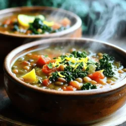 - 1 cup dried green or brown lentils, thoroughly rinsed - 1 medium onion, finely diced - 3 cloves garlic, minced - 2 medium carrots, diced - 2 celery stalks, diced - 1 can (14 oz) diced tomatoes, including juices - 4 cups vegetable broth (homemade or store-bought) - 1 teaspoon dried oregano - 1 teaspoon dried basil - 1 teaspoon dried thyme - 2 cups fresh kale, chopped, stems removed - Salt and freshly ground black pepper to taste - 2 tablespoons extra virgin olive oil - Zest of 1 lemon - Juice of 1 lemon Using fresh herbs and veggies makes a big difference. Fresh produce adds bright flavor and nutrients. Herbs like basil and thyme have a unique taste when fresh. They can elevate the soup from good to great. Fresh kale also keeps its color and health benefits better. Plus, it wilts nicely into the soup. If you have dietary restrictions, don't worry! Here are some easy swaps: - Lentils: Try black beans or chickpeas if you can't have lentils. - Vegetable broth: Use water or homemade stock if necessary. - Kale: Spinach or Swiss chard work well as a substitute. - Diced tomatoes: Fresh tomatoes or tomato sauce can replace canned. Feel free to mix and match! The soup will still taste amazing, no matter what you choose. To start, heat 2 tablespoons of extra virgin olive oil in a medium skillet over medium heat. Once the oil is warm, add 1 finely diced onion, 2 diced carrots, and 2 diced celery stalks. Sauté these for about 5 to 7 minutes. You want the vegetables to soften and the onion to turn translucent. Then, add 3 minced garlic cloves and cook for 1 more minute. You will smell the garlic, and that’s when you know it’s ready. Now it's time to move to the slow cooker. First, add 1 cup of rinsed dried lentils. Then, include the sautéed vegetables from your skillet. Next, pour in one 14-ounce can of diced tomatoes, with all the juices. Follow this with 4 cups of vegetable broth. Sprinkle in 1 teaspoon each of dried oregano, dried basil, and dried thyme. Don’t forget a pinch of salt and freshly ground black pepper. Stir well to mix everything together. This layering helps the flavors blend as they cook. Cover your slow cooker and set it on low for 6 to 8 hours. If you are in a hurry, you can set it on high for 3 to 4 hours. The goal is tender lentils and a soup rich in flavor. When the time is up, the soup should smell amazing. You will know it's done when the lentils are soft and everything looks well combined. To boost the taste of your soup, think about adding more spices. Here are some good choices: - Cumin: Adds warmth and earthiness. - Red pepper flakes: Gives a nice kick. - Bay leaves: Adds depth. - Rosemary: Brings a fresh, pine-like taste. Try these extras during cooking for a new twist on flavors! If your soup is too thick, add more broth. If it’s too thin, let it cook longer. Adjusting the cooking time helps too. Cook it longer for softer lentils. Stir the soup a few times to help even out the texture. Garnishes make your soup look great and add flavor. Here are some toppings to consider: - Fresh herbs: Parsley or basil works well. - Lemon zest: Brightens the taste. - Croutons: Adds crunch. - Grated cheese: Parmesan or feta can make it rich. These garnishes not only enhance the look but also add delicious notes to your meal! {{image_4}} You can add protein to your soup for a heartier meal. Here are some ideas: - Canned Beans: Stir in one can of rinsed beans like cannellini or chickpeas. - Cooked Sausage: Add sliced Italian sausage for a meaty option. - Tofu: Use cubed, firm tofu for a plant-based protein boost. These options mix well with lentils and keep the soup filling. This soup is easy to modify for different diets: - Vegan: The recipe is already vegan. Just skip any meat. - Gluten-Free: All ingredients are gluten-free, making it safe for those with gluten sensitivities. Feel free to ask any questions about allergies or preferences. Using seasonal vegetables can change the soup's flavor. Here are some ideas: - Spring: Add fresh peas or asparagus for a light taste. - Summer: Toss in zucchini or bell peppers for added color and crunch. - Fall: Use sweet potatoes or butternut squash for a sweet twist. - Winter: Incorporate root vegetables like parsnips or turnips for warmth. These vegetables can add depth and fun to your soup! To keep your Tuscan lentil soup fresh, store it in airtight containers. Once cooled, place the soup in the fridge. It stays good for about five days. If you want to keep it longer, freeze it. Use freezer-safe containers or bags. Make sure to leave some space at the top, as the soup may expand when frozen. You can store it for up to three months in the freezer. When you're ready to enjoy the soup again, use a pot on the stove for the best results. Pour the soup into a pot and heat it over medium heat. Stir often to prevent sticking. You can also use a microwave. Just place the soup in a microwave-safe bowl. Cover it loosely and heat for one to two minutes. Stir, then heat again if needed. This helps to keep the soup's great taste and texture. Your savory slow cooker Tuscan lentil soup has a good shelf life. In the fridge, it lasts about five days. In the freezer, it can last up to three months. However, for the best flavor, try to eat it within one month of freezing. Always check for any signs of spoilage before eating, like off smells or changes in color. Enjoy your delicious soup knowing it stays fresh for quite some time! Yes, you can use dried beans. However, you need to adjust the cooking time. Beans take longer to cook than lentils. Soak them overnight or cook them for 30 minutes before adding them to the slow cooker. Black beans or kidney beans work well as substitutes. Just remember to rinse and sort the beans before using. To spice up the soup, add red pepper flakes or chopped jalapeños. You can also stir in some hot sauce right before serving. For a deeper flavor, try smoked paprika. Start with a little, taste, and add more if you want extra heat. Yes, this soup is great for meal prep. You can make it a day ahead. Just store it in the fridge after it cools. It will taste even better the next day. If you want to freeze it, let it cool and pour it into airtight containers. It will stay fresh for up to three months. This blog post covered the key elements for making a great soup. We explored the right ingredients, cooking techniques, and clever tips to enhance flavor. I shared variations to make the soup fit dietary needs and seasonal tastes. Remember, using fresh ingredients boosts flavor. Proper storage can keep your soup fresh longer. With these insights, you can now enjoy a delicious homemade soup. Dive in and create your own tasty masterpiece!