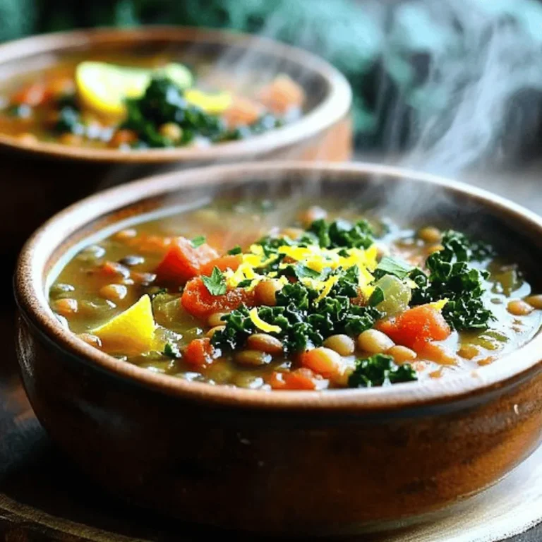 - 1 cup dried green or brown lentils, thoroughly rinsed - 1 medium onion, finely diced - 3 cloves garlic, minced - 2 medium carrots, diced - 2 celery stalks, diced - 1 can (14 oz) diced tomatoes, including juices - 4 cups vegetable broth (homemade or store-bought) - 1 teaspoon dried oregano - 1 teaspoon dried basil - 1 teaspoon dried thyme - 2 cups fresh kale, chopped, stems removed - Salt and freshly ground black pepper to taste - 2 tablespoons extra virgin olive oil - Zest of 1 lemon - Juice of 1 lemon Using fresh herbs and veggies makes a big difference. Fresh produce adds bright flavor and nutrients. Herbs like basil and thyme have a unique taste when fresh. They can elevate the soup from good to great. Fresh kale also keeps its color and health benefits better. Plus, it wilts nicely into the soup. If you have dietary restrictions, don't worry! Here are some easy swaps: - Lentils: Try black beans or chickpeas if you can't have lentils. - Vegetable broth: Use water or homemade stock if necessary. - Kale: Spinach or Swiss chard work well as a substitute. - Diced tomatoes: Fresh tomatoes or tomato sauce can replace canned. Feel free to mix and match! The soup will still taste amazing, no matter what you choose. To start, heat 2 tablespoons of extra virgin olive oil in a medium skillet over medium heat. Once the oil is warm, add 1 finely diced onion, 2 diced carrots, and 2 diced celery stalks. Sauté these for about 5 to 7 minutes. You want the vegetables to soften and the onion to turn translucent. Then, add 3 minced garlic cloves and cook for 1 more minute. You will smell the garlic, and that’s when you know it’s ready. Now it's time to move to the slow cooker. First, add 1 cup of rinsed dried lentils. Then, include the sautéed vegetables from your skillet. Next, pour in one 14-ounce can of diced tomatoes, with all the juices. Follow this with 4 cups of vegetable broth. Sprinkle in 1 teaspoon each of dried oregano, dried basil, and dried thyme. Don’t forget a pinch of salt and freshly ground black pepper. Stir well to mix everything together. This layering helps the flavors blend as they cook. Cover your slow cooker and set it on low for 6 to 8 hours. If you are in a hurry, you can set it on high for 3 to 4 hours. The goal is tender lentils and a soup rich in flavor. When the time is up, the soup should smell amazing. You will know it's done when the lentils are soft and everything looks well combined. To boost the taste of your soup, think about adding more spices. Here are some good choices: - Cumin: Adds warmth and earthiness. - Red pepper flakes: Gives a nice kick. - Bay leaves: Adds depth. - Rosemary: Brings a fresh, pine-like taste. Try these extras during cooking for a new twist on flavors! If your soup is too thick, add more broth. If it’s too thin, let it cook longer. Adjusting the cooking time helps too. Cook it longer for softer lentils. Stir the soup a few times to help even out the texture. Garnishes make your soup look great and add flavor. Here are some toppings to consider: - Fresh herbs: Parsley or basil works well. - Lemon zest: Brightens the taste. - Croutons: Adds crunch. - Grated cheese: Parmesan or feta can make it rich. These garnishes not only enhance the look but also add delicious notes to your meal! {{image_4}} You can add protein to your soup for a heartier meal. Here are some ideas: - Canned Beans: Stir in one can of rinsed beans like cannellini or chickpeas. - Cooked Sausage: Add sliced Italian sausage for a meaty option. - Tofu: Use cubed, firm tofu for a plant-based protein boost. These options mix well with lentils and keep the soup filling. This soup is easy to modify for different diets: - Vegan: The recipe is already vegan. Just skip any meat. - Gluten-Free: All ingredients are gluten-free, making it safe for those with gluten sensitivities. Feel free to ask any questions about allergies or preferences. Using seasonal vegetables can change the soup's flavor. Here are some ideas: - Spring: Add fresh peas or asparagus for a light taste. - Summer: Toss in zucchini or bell peppers for added color and crunch. - Fall: Use sweet potatoes or butternut squash for a sweet twist. - Winter: Incorporate root vegetables like parsnips or turnips for warmth. These vegetables can add depth and fun to your soup! To keep your Tuscan lentil soup fresh, store it in airtight containers. Once cooled, place the soup in the fridge. It stays good for about five days. If you want to keep it longer, freeze it. Use freezer-safe containers or bags. Make sure to leave some space at the top, as the soup may expand when frozen. You can store it for up to three months in the freezer. When you're ready to enjoy the soup again, use a pot on the stove for the best results. Pour the soup into a pot and heat it over medium heat. Stir often to prevent sticking. You can also use a microwave. Just place the soup in a microwave-safe bowl. Cover it loosely and heat for one to two minutes. Stir, then heat again if needed. This helps to keep the soup's great taste and texture. Your savory slow cooker Tuscan lentil soup has a good shelf life. In the fridge, it lasts about five days. In the freezer, it can last up to three months. However, for the best flavor, try to eat it within one month of freezing. Always check for any signs of spoilage before eating, like off smells or changes in color. Enjoy your delicious soup knowing it stays fresh for quite some time! Yes, you can use dried beans. However, you need to adjust the cooking time. Beans take longer to cook than lentils. Soak them overnight or cook them for 30 minutes before adding them to the slow cooker. Black beans or kidney beans work well as substitutes. Just remember to rinse and sort the beans before using. To spice up the soup, add red pepper flakes or chopped jalapeños. You can also stir in some hot sauce right before serving. For a deeper flavor, try smoked paprika. Start with a little, taste, and add more if you want extra heat. Yes, this soup is great for meal prep. You can make it a day ahead. Just store it in the fridge after it cools. It will taste even better the next day. If you want to freeze it, let it cool and pour it into airtight containers. It will stay fresh for up to three months. This blog post covered the key elements for making a great soup. We explored the right ingredients, cooking techniques, and clever tips to enhance flavor. I shared variations to make the soup fit dietary needs and seasonal tastes. Remember, using fresh ingredients boosts flavor. Proper storage can keep your soup fresh longer. With these insights, you can now enjoy a delicious homemade soup. Dive in and create your own tasty masterpiece!