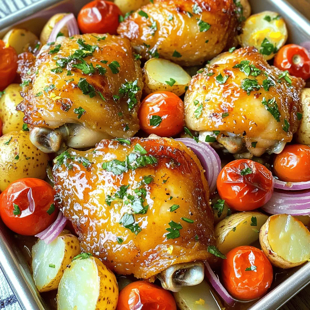 - 4 chicken thighs, skin-on and bone-in - 1 lb baby potatoes, halved - 1 red onion, cut into wedges - 1 cup cherry tomatoes, halved - 3 cloves garlic, minced - Juice of 1 lemon (about 2 tablespoons) - 3 tablespoons extra virgin olive oil - 1 teaspoon dried oregano - 1 teaspoon dried thyme - 1 teaspoon smoked paprika - Salt and pepper to taste - Fresh parsley, chopped - Additional lemon wedges - Extra virgin olive oil drizzle When I make Sheet-Pan Greek Chicken and Potatoes, I focus on fresh ingredients. The chicken thighs shine with their rich flavor. The skin-on, bone-in option gives the dish a juicy texture. Baby potatoes add a perfect creamy bite when roasted. I love using Yukon Gold or red potatoes for their smoothness. Red onions bring a mild sweetness. They caramelize beautifully in the oven and complement the chicken. Cherry tomatoes burst with flavor. Their juicy texture adds freshness to each bite. The marinade is where the magic happens. I combine minced garlic with lemon juice for a bright kick. Extra virgin olive oil helps the marinade cling and adds richness. Dried oregano and thyme bring a classic Mediterranean taste. Smoked paprika adds a hint of smokiness that rounds out the dish. For a pop of color, I sprinkle fresh parsley on top before serving. Additional lemon wedges bring brightness for those who love a zesty finish. A drizzle of olive oil enhances the dish’s richness. This combination of fresh ingredients and bold flavors makes every bite exciting. You’ll love how easy it is to prepare and how great it tastes. - Preheat the Oven: Start by preheating your oven to 425°F (220°C). This heat will help make everything crispy and juicy. - Combine Main Ingredients in a Bowl: In a large bowl, mix the chicken thighs, halved baby potatoes, onion wedges, and cherry tomatoes. This mix will be colorful and tasty. - Prepare the Marinade in a Separate Bowl: In a small bowl, whisk together minced garlic, lemon juice, olive oil, oregano, thyme, smoked paprika, salt, and pepper. This marinade is the heart of the dish. - Coat Chicken and Vegetables with Marinade: Pour the marinade over the chicken and veggies. Toss them with your hands or a spatula until they are fully coated. This step adds flavor to every bite. - Arrange on Baking Sheet for Roasting: Spread the coated chicken and vegetables on a large baking sheet. Make sure they are in a single layer. This helps them cook evenly and get that golden crust. - Roast in the Oven and Monitor Temperature: Place the baking sheet in the oven. Roast for 30-35 minutes. Make sure the chicken reaches at least 165°F (75°C) inside. The potatoes should be tender and golden. - Crisp the Chicken Skin if Desired: If you want crispier skin, switch your oven to broil for 2-3 minutes at the end. Watch closely so it doesn't burn. - Rest the Dish Post-Cooking: Once cooked, take it out and let it rest for a few minutes. This helps keep the juices in the chicken, making it tender. - Garnish Before Serving: Before serving, sprinkle fresh parsley on top. This adds color and a fresh taste. Enjoy the vibrant flavors of your Greek chicken and potatoes! - Ensure even cooking by spreading the chicken and veggies in a single layer. - Use bone-in chicken for juiciness and great flavor. - Adjust cooking times based on your oven’s performance. Check for doneness often. - Add olives or feta for a tasty Mediterranean twist. - Use spices like cayenne or smoked paprika for heat or smokiness. - Incorporate fresh or dried herbs to boost aroma and taste. - Serve straight from the baking sheet for a rustic look. - Pair with a fresh salad or warm bread for a full meal. - Drizzle pan juices over the dish to enhance flavor and moisture. {{image_4}} You can mix things up with different chicken cuts. Try chicken breasts or drumsticks instead of thighs. Each cut brings a unique taste and texture. For veggies, swap in bell peppers or zucchini. They add color and freshness. Consider using sweet potatoes or fingerling potatoes for a twist. These options can change the dish’s flavor and texture. Explore spices to change the dish’s profile. Mediterranean spices make it bright and fresh. Alternatively, try Middle Eastern spices for warmth and depth. For a vegan twist, use tofu or chickpeas. They soak up flavors well, adding a hearty touch. You can also create a yogurt marinade for creaminess. It adds a nice tang and richness to the dish. If you need a quicker option, adapt this recipe for an air fryer. It cooks faster and still yields crispy chicken. Grilling is another option that gives a nice smoky flavor. It’s perfect for summer meals. For a tender finish, use a slow cooker. This method makes the chicken juicy and flavorful while you go about your day. - Place leftovers in an airtight container. - Store in the fridge for up to 3 days. - For meal prep, cool the dish before freezing. - Use freezer-safe bags for easy storage. - To reheat in the oven, set to 350°F (175°C). - Bake for 15-20 minutes until hot. - For a crispy finish, broil for 2 minutes. - In the microwave, heat on high for 1-2 minutes. - Stir halfway for even heat. - In the fridge, it lasts about 3 days. - In the freezer, it stays good for 3 months. - For best taste, eat the frozen dish within a month. - Check for signs of freezer burn before use. - How long to cook chicken thighs in the oven? Cook chicken thighs for 30 to 35 minutes at 425°F (220°C). Use a meat thermometer to check the temperature. It needs to reach at least 165°F (75°C). - Can I use skinless chicken for this recipe? Yes, you can use skinless chicken. However, skin-on gives extra flavor and keeps meat juicy. - What temperature should chicken be for safe eating? Chicken should reach an internal temperature of 165°F (75°C) for safe eating. - Can I make this recipe ahead of time? Yes, you can prepare and marinate chicken and veggies a day ahead. Store them in the fridge until ready to bake. - What’s the best way to avoid dry chicken? Use bone-in, skin-on chicken thighs. This helps keep the meat moist while cooking. Also, avoid overcooking. - Are there any side dishes that pair well with this dish? Pair with a fresh salad, crusty bread, or roasted vegetables. These sides complement the Greek flavors well. - Can I substitute fresh herbs for dried herbs? Yes, but use three times more fresh herbs than dried. Fresh herbs add a bright flavor. - What if I don’t have smoked paprika? You can use regular paprika or a pinch of cayenne for some heat. Both options work well. - How to ensure potatoes cook evenly with chicken? Cut potatoes into similar sizes, about half an inch thick. This helps them cook at the same rate as the chicken. This blog post covered a simple yet delicious recipe for roasted chicken thighs with vegetables. You learned about the key ingredients, steps to prepare and cook the dish, and ways to enhance flavor. I shared various tips, variations, and storage advice to ensure you can enjoy this meal again. Remember, cooking is all about experimenting. Feel free to tweak the recipe to your taste. With a little creativity, you can impress anyone with this dish! Enjoy your cooking journey!