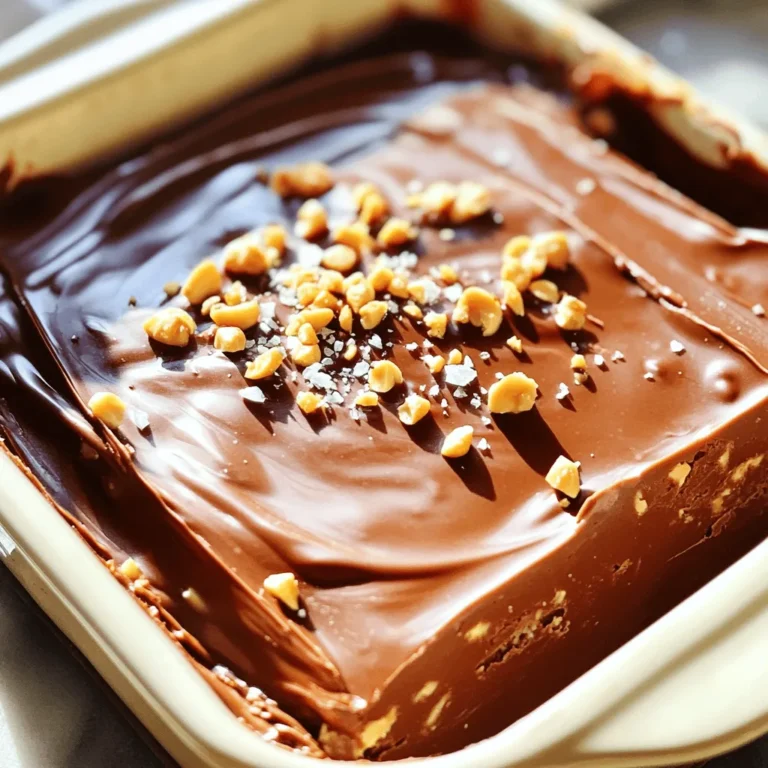 - 2 cups semi-sweet chocolate chips - 1 cup creamy peanut butter - 1 cup sweetened condensed milk - 1 teaspoon vanilla extract - 1/4 teaspoon salt The main ingredients create a rich and creamy fudge. The semi-sweet chocolate chips give the fudge its deep flavor. Creamy peanut butter adds a smooth texture and nutty taste. Sweetened condensed milk makes it sweet and helps bind the fudge together. The vanilla extract adds a nice hint of flavor, while salt enhances the chocolate and peanut butter notes. - Chopped peanuts - Sea salt for garnish These toppings are not required but add extra fun. Chopped peanuts provide crunch and a burst of peanut flavor. A sprinkle of sea salt on top balances the sweetness. You can mix and match these toppings based on your taste. - Prepare the baking dish: Start by lining an 8x8 inch baking dish with parchment paper. Leave some overhang. This helps lift the fudge out easily later. - Melt the mixture: In a medium saucepan, mix 2 cups of semi-sweet chocolate chips, 1 cup of creamy peanut butter, and 1 cup of sweetened condensed milk. Place the saucepan over low heat. Stir this mix continuously. This keeps it from burning and helps it melt smoothly. - Enhance the flavor: Once the mixture melts and is smooth, remove it from heat. Stir in 1 teaspoon of vanilla extract and 1/4 teaspoon of salt. Mix well until all is combined. - Transfer mixture to dish: Pour the creamy fudge mixture into your prepared baking dish. Use a spatula to spread it evenly. This helps create a uniform thickness. - Add toppings: If you want some crunch, sprinkle chopped peanuts and a light dusting of sea salt on top before it sets. This adds extra flavor and texture. - Cool and set: Let the fudge cool at room temperature for about 30 minutes. Then, transfer it to the fridge. Chill for at least 2 hours or until firm. - Cut and serve: Once the fudge is firm, grab the parchment overhang. Lift the fudge out of the dish and place it on a cutting board. Cut into 16 squares for serving. - Presentation tips: Serve the fudge squares on a decorative platter. For an elegant touch, drizzle with melted chocolate or add more chopped peanuts for garnish. To make your fudge just right, avoid some common mistakes. First, don't rush the melting process. If you heat the mix too fast, it can burn. Always keep the heat low and stir gently. This helps the chocolate chips and peanut butter blend smoothly. If your fudge turns out runny, do not worry. You can fix this! Simply place it back on low heat and stir in a bit more chocolate. Melt it until thick, then pour it back into the dish. This will help it set up nicely when cooled. To keep your fudge fresh, store it in an airtight container. This prevents it from drying out or picking up fridge smells. Make sure to layer parchment paper between the fudge squares. This keeps them from sticking together. For the best freshness, store your fudge in the fridge. It can last up to two weeks this way. If you want to keep it longer, consider freezing it. Wrap it in plastic wrap and then place it in a freezer bag. When you’re ready to eat, just thaw it in the fridge overnight. Enjoy that sweet treat! {{image_4}} You can easily make this fudge vegan. Use dairy-free chocolate chips instead of semi-sweet ones. These chips melt just as well and taste great. Make sure your peanut butter is also dairy-free. This way, you can enjoy a rich treat without any animal products. If you need a gluten-free option, you're in luck! The main ingredients in this fudge are already gluten-free. Just check the labels on your chocolate chips and peanut butter to ensure they don't contain gluten. This fudge can be a safe treat for those with gluten sensitivities. Want to mix things up? You can add different flavor extracts to your fudge. Almond or hazelnut extracts can give your fudge a unique twist. Just a few drops will do. Stir them in after melting the mixture for added depth. You can also get creative with mix-ins. Try adding caramel for a sweet contrast. Chopped marshmallows can add a chewy texture. These mix-ins can make your fudge even more delightful. Let your taste buds guide your choices! Store your fudge in an airtight container. Keep it at room temperature for up to a week. If it's hot, place it in the fridge to avoid melting. The cool air helps maintain the fudge's texture. Make sure the container seals well to keep moisture out and flavors in. To enjoy your fudge longer, freeze it. Cut the fudge into squares and wrap each piece in plastic wrap. Place the wrapped squares in a freezer bag. This keeps them fresh for up to three months. To thaw, take out a piece and let it sit at room temperature for about 15 minutes. The fudge will soften, and you can enjoy it again. Avoid using a microwave, as it may change the texture. Chocolate peanut butter fudge lasts about one week in the fridge. Store it in an airtight container to keep it fresh. You can also leave it at room temperature for three days. Just make sure it stays cool and dry. Yes, you can use chunky peanut butter! It adds a fun texture. The chunks give a nice crunch to each bite. Just remember, this will change the smoothness of the fudge. If you like a bit of texture, go for it! To cut fudge neatly, chill it well first. Use a sharp knife for clean cuts. You can dip the knife in hot water, then dry it off. This helps the knife glide through without sticking. For great presentation, cut into even squares. This blog post covers how to make delicious chocolate peanut butter fudge. You learned about key ingredients, preparation steps, and the best ways to store and serve your treat. I’ve shared tips to help you avoid common mistakes and variations to customize your fudge. Remember, creating your fudge can be fun. With simple steps, you can impress your friends and family with this tasty treat. Enjoy making your fudge, and let your creativity shine!