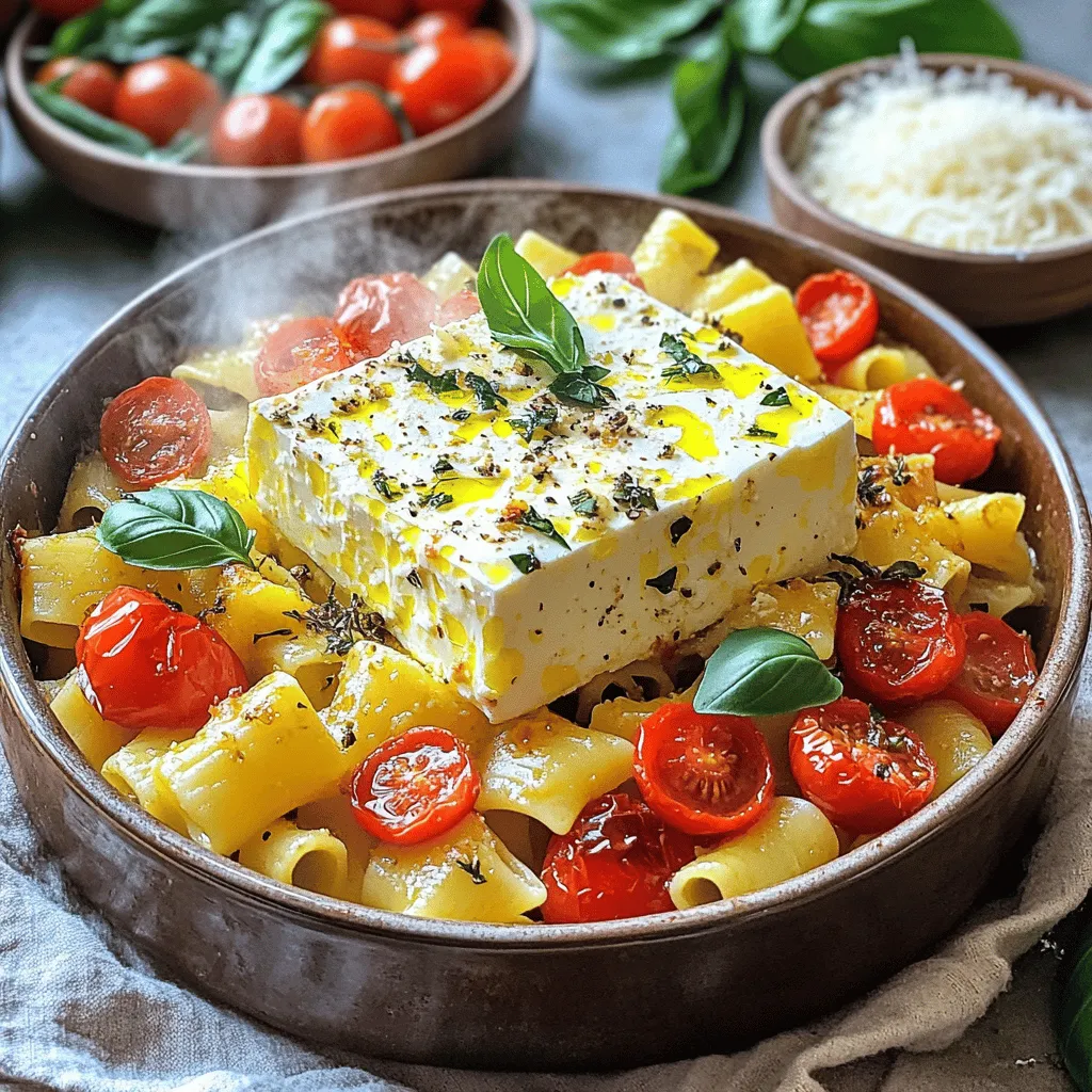 For Baked Feta Pasta, you will need: - 200g pasta (penne, rigatoni, or your preferred shape) - 200g block of feta cheese - 300g cherry tomatoes, halved - 1 red bell pepper, diced - 3 cloves of garlic, minced - 4 tablespoons olive oil - 1 teaspoon dried oregano - 1 teaspoon red pepper flakes (optional, for a kick) - Salt and freshly ground black pepper, to taste - Fresh basil leaves, for garnish - Grated Parmesan cheese, for serving (optional) Fresh ingredients make a big difference. Choose ripe cherry tomatoes, as their sweetness shines in this dish. Look for feta cheese that is creamy, not crumbly. A good block of feta melts better into the sauce. When selecting pasta, pick a brand you trust. Fresh pasta cooks quickly and adds a nice texture. Penne and rigatoni are the best choices for this recipe. Their hollow shapes hold the creamy sauce well. You can also try fusilli or farfalle for fun shapes. Each will provide a delightful bite with every forkful. Whatever you choose, make sure the pasta cooks to an al dente texture for the best results. Start by preheating your oven to 200°C (400°F). This helps cook the dish evenly. In a large baking dish, combine 300g of halved cherry tomatoes, 1 diced red bell pepper, and 3 minced garlic cloves. Drizzle 2 tablespoons of olive oil over these veggies. Season with salt, black pepper, 1 teaspoon of dried oregano, and red pepper flakes if you want some heat. Toss everything gently to coat the vegetables well. Create a space in the center of your dish. Place a 200g block of feta cheese there. Drizzle the remaining 2 tablespoons of olive oil over the feta. Bake the dish in your preheated oven for 25 to 30 minutes. Look for blistered tomatoes and soft, golden feta. The aroma will be amazing. While the feta and veggies bake, cook 200g of your chosen pasta according to the package instructions. Aim for an al dente texture. Once done, drain the pasta and set it aside. When the baking time is up, take the dish out of the oven. Using a fork, gently mash the baked feta and mix it with the blistered tomatoes and peppers. This creates a creamy sauce. Now add the cooked pasta to the baking dish. Toss everything together until the pasta is well coated. Taste and adjust the seasoning if needed. Serve the pasta hot. Garnish it with fresh basil leaves for added color and flavor. If you like, sprinkle some grated Parmesan cheese on top. Enjoy your flavorful meal! To get the best texture, use a block of feta cheese. When it bakes, it becomes soft and creamy. The tomatoes also burst and add sweetness. For the pasta, cook it just until it is al dente. This means it should have a little bite to it. Mixing it with the creamy sauce will help it absorb flavors without getting mushy. Taste is key in this dish. When you mix the veggies, add salt and pepper. Start with a little, then add more if needed. The feta will add saltiness, so be careful. If you love spice, add red pepper flakes. This gives a nice kick, but use it based on your taste. Fresh basil at the end will add a burst of flavor. Mixing well is important for even flavor. After baking, use a fork to mash the feta into the tomatoes. This creates a creamy sauce. Make sure to mix in the pasta thoroughly. You want every piece coated in the sauce. If it looks dry, add a splash of olive oil. This helps bring everything together and makes it shiny. {{image_4}} You can swap some ingredients in this recipe to mix things up. Try using different cheese, like goat cheese or ricotta, for a new taste. You can also use zucchini or spinach instead of bell pepper. This keeps the dish fresh and fun! For a vegetarian twist, keep the feta, but add more veggies. You can use mushrooms, asparagus, or even artichokes. If you want a vegan dish, replace the feta with a plant-based cheese. There are many great options that taste just as good! If you like heat, add more red pepper flakes or some chopped jalapeños. You can also toss in a dash of smoked paprika for a warm, earthy flavor. For a zesty kick, squeeze fresh lemon juice over the dish before serving. These small changes can make a big difference! To store your Baked Feta Pasta, let it cool first. Once it cools, place it in an airtight container. Make sure to cover it tightly. This keeps the flavors fresh and tasty. You can store it in the fridge for up to three days. When you're ready to enjoy leftovers, use the oven or microwave. If using the oven, preheat it to 175°C (350°F). Place the pasta in a baking dish and cover it with foil. Bake for about 15 minutes. If you use a microwave, heat it in short bursts of 1-2 minutes. Stir it well between each burst. This helps warm it evenly. Baked Feta Pasta tastes best fresh but can last in the fridge for three days. If you want to keep it longer, consider freezing it. Store it in a freezer-safe container. It can last for up to three months in the freezer. Just remember to thaw it overnight in the fridge before reheating. You can use any pasta shape you like. I prefer penne or rigatoni. They hold sauce well. You can also try fusilli or farfalle for fun shapes. Just make sure to cook it al dente. This means it should be firm but not hard. Yes, you can! If you want a milder flavor, try goat cheese. For a creamier taste, use ricotta. Just remember that feta gives a unique salty taste. So, pick cheese that you enjoy. Absolutely! Baked Feta Pasta is great for meal prep. You can make it ahead and store it. Just keep it in an airtight container in the fridge. It tastes good for up to three days. To make it gluten-free, use gluten-free pasta. There are many good options available today. Look for pasta made from rice, quinoa, or chickpeas. They work well in this recipe. Yes, you can freeze it! Just let it cool completely first. Then, store it in a freezer-safe container. It lasts up to three months. When you’re ready to eat, thaw it overnight in the fridge and reheat. You can serve this dish with a simple green salad. A side of garlic bread also pairs well. For a light option, try steamed broccoli or roasted zucchini. These sides balance the creamy pasta nicely. In this blog post, we explored how to make Baked Feta Pasta, from choosing the right ingredients to serving suggestions. I shared tips for the best texture and flavors. Remember, you can swap in various ingredients to suit your taste, including vegetarian and vegan options. Proper storage ensures your leftovers last longer. Try this dish for your next meal, and enjoy its rich flavors. It's simple yet satisfying, perfect for any occasion. Happy cooking!
