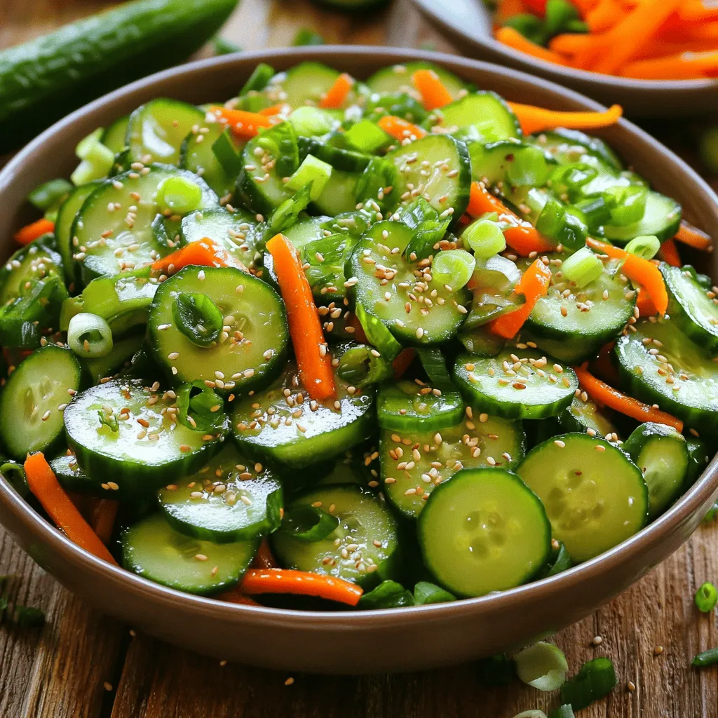 - 4 medium cucumbers, thinly sliced - 1 carrot, peeled and julienned - 1/4 red bell pepper, thinly sliced - 2 green onions, finely chopped - 1/4 cup rice vinegar - 2 tablespoons soy sauce - 1 tablespoon honey or maple syrup - 2 tablespoons toasted sesame oil - 1 teaspoon fresh ginger, finely grated - 1 clove garlic, minced - Salt and freshly cracked pepper to taste - 1/4 cup sesame seeds, lightly toasted I love the crunch of fresh cucumbers in this salad. Start with four medium cucumbers. Thinly slice them. You want them to be crisp and refreshing. Next, grab a carrot. Peel it and cut it into thin strips, called julienned. This adds color and crunch. For a pop of flavor, use a quarter of a red bell pepper. Slice it thinly too. Finally, chop two green onions. The green parts add a nice, mild onion taste. Now, let’s make the dressing. In a small bowl, mix rice vinegar and soy sauce. This gives a tangy base. Add honey or maple syrup for a hint of sweetness. Next, pour in toasted sesame oil for a nutty flavor. Don't forget about the fresh ginger! Grate a teaspoon of it and add to the mix. Lastly, mince one clove of garlic. This will add depth to your dressing. Season the dressing with salt and freshly cracked pepper. Taste it. Adjust as needed. To finish, sprinkle toasted sesame seeds over the salad before serving. They add a nice crunch and look great. Enjoy this fresh and colorful Asian Sesame Cucumber Salad! - Combine cucumbers, carrot, bell pepper, and green onions in a bowl. - Toss gently to mix ingredients evenly. First, take those fresh cucumbers and slice them thin. I love using medium cucumbers for this salad. They add a crisp bite. Next, peel and julienne the carrot. The bright orange color adds a nice touch. Then, slice the red bell pepper thinly. Finally, chop the green onions finely. When you toss all these veggies together, it creates a colorful mix. - Whisk rice vinegar, soy sauce, honey (or maple syrup), toasted sesame oil, ginger, and garlic in a bowl. For the dressing, you need to whisk together several tasty ingredients. Start with rice vinegar for a tangy kick. Add soy sauce for that savory depth. If you want sweetness, include honey or maple syrup. Next, pour in toasted sesame oil. It brings a nutty flavor that ties everything together. Grate fresh ginger and mince garlic to add a zing. Whisk until everything blends well. This dressing is simple but packed with flavor. - Pour the dressing over the vegetable mixture. - Toss gently to coat without crushing the cucumbers. Now comes the fun part. Pour the dressing over the vegetable mix. Use a spatula to toss gently. Make sure each piece gets coated nicely. Be careful not to crush those cucumbers. We want them to stay crunchy and fresh. - Add toasted sesame seeds and mix gently. - Season with salt and pepper to taste. - Cover and let marinate in the refrigerator for 15-20 minutes. To finish the salad, sprinkle in the toasted sesame seeds. They add a delightful crunch. Give it a gentle mix to distribute them evenly. Now, season with salt and freshly cracked pepper to your liking. Once seasoned, cover the salad and let it chill in the fridge. Letting it marinate for 15 to 20 minutes allows the flavors to blend beautifully. You'll love how the salad tastes after it rests! You want your salad to look as good as it tastes. Serve it in a glass bowl or in cute individual dishes. This makes it more fun to eat. Garnish with extra sesame seeds and sliced green onions. This adds color and makes the dish pop. Letting the salad sit for a bit makes the flavor better. Cover it tightly to keep it fresh. I recommend at least 15-20 minutes in the fridge. This gives the cucumbers time to soak up the tasty dressing. Get your ingredients ready before you start. This makes assembly quick and easy. Use a mandoline to slice the cucumbers evenly. This ensures each bite is crunchy and fresh. {{image_4}} You can easily make this salad heartier by adding protein. Grilled chicken, shrimp, or tofu works great. Each option brings a different flavor and texture. If you like a chewier bite, go for grilled chicken. Shrimp adds a sweet touch, while tofu is a fantastic plant-based choice. Feel free to switch up the veggies in your salad. Radishes add a spicy kick, while bell pepper gives a sweet crunch. Shredded cabbage can also add volume and a nice crunch. Mixing in different vegetables keeps the salad fresh and exciting. You can adjust the flavor to suit your taste. For a gluten-free option, replace soy sauce with tamari. It has a similar taste but is safe for those avoiding gluten. You can also experiment with vinegars. Try rice vinegar, apple cider vinegar, or even lime juice for a unique twist. Each vinegar brings its own flavor profile, making your salad truly your own. To keep your Asian sesame cucumber salad fresh, store it in an airtight container in the fridge. This helps preserve the crunchiness and flavor of the cucumbers and other veggies. For the best taste, enjoy the salad within 2-3 days. This time frame ensures you savor the vibrant flavors and crisp texture. After this period, the cucumbers may become mushy. You can prepare the veggies and dressing separately for longer storage. This way, you can mix them just before serving. It keeps the salad fresh and crunchy, ready to impress at any meal. Yes, English or Persian cucumbers work well too. They taste fresh and add crunch. Both types have thin skins and fewer seeds. This makes them perfect for salads. I love using them for a nice twist! Yes, if maple syrup is used instead of honey, it's vegan-friendly. This simple swap makes it suitable for everyone. Maple syrup gives a nice sweetness that blends well with the dressing. Consider adding nuts like peanuts or almonds for added texture. They bring a delightful crunch to the salad. You can also try adding crispy fried onions. This can enhance the flavor and give different textures. For detailed instructions on how to make it, refer to the Full Recipe section. You will find all the steps to create this tasty salad. Enjoy making it! This salad combines fresh veggies and a tasty dressing. You learned how to prepare, dress, and serve it. Letting it marinate boosts flavors. Feel free to customize it with proteins or other vegetables. Store any leftovers tightly to keep them fresh. Enjoy this vibrant dish over the next few days for the best taste! Simple, healthy, and fun to make. You now have all you need to create a delicious meal.